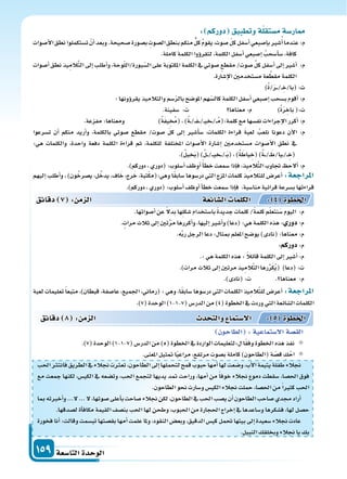 ‫التا�سعة‬‫الوحدة‬159
‫احلب‬ ‫فانت‬‫الطريق‬‫يف‬‫جنالء‬‫ت‬ ‫تع‬،‫الطاحون‬‫إىل‬‫ا‬‫لتحملها‬‫قمح‬‫حبوب‬‫أمها‬‫ا‬‫لها‬‫و�سعت‬،‫أب‬‫ل‬‫ا‬‫يتيمة‬‫طفلة‬‫جنالء‬
‫مع‬ ‫جمعت‬ ‫لكنها‬ ،‫الكي�س‬ ‫يف‬ ‫وت�سعه‬ ،‫احلب‬ ‫لتجمع‬ ‫يديها‬ ‫متد‬ ‫وراحت‬ ،‫أمها‬‫ا‬ ‫من‬ ً‫ا‬‫خوف‬ ‫جنالء‬ ‫دموع‬ ‫�سقطت‬ ،‫احل�سا‬ ‫فوق‬
.‫الطاحون‬‫نحو‬‫و�سارت‬‫الكي�س‬‫جنالء‬‫حملت‬،‫احل�سا‬‫من‬ً‫ا‬‫كثر‬‫احلب‬
‫مبا‬‫أخربته‬‫ا‬‫و‬...‫ل‬...‫ل‬،‫�سوتها‬‫أعلى‬‫ا‬‫ب‬‫�ساحت‬‫جنالء‬‫لكن‬،‫الطاحون‬‫يف‬‫احلب‬‫ي�سب‬‫أن‬‫ا‬‫الطاحون‬‫�ساحب‬‫جمدي‬‫أراد‬‫ا‬
.‫ل�سدقها‬‫أة‬‫ا‬‫مكاف‬‫القيمة‬‫بن�سف‬‫احلب‬‫لها‬‫وطحن‬،‫احلبوب‬‫من‬‫احلجارة‬‫إخراج‬‫ا‬‫يف‬‫و�ساعدها‬‫ف�سكرها‬،‫لها‬‫ح�سل‬
‫فخورة‬‫أنا‬‫ا‬:‫وقالت‬‫تب�سمت‬‫بق�ستها‬‫أمها‬‫ا‬‫علمت‬‫وملا‬،‫النقود‬‫وبع�س‬،‫الدقيق‬‫كي�س‬‫حتمل‬‫بيتها‬‫إىل‬‫ا‬‫�سعيدة‬‫جنالء‬‫عادت‬
.‫النبيل‬‫وبخلقك‬‫جنالء‬‫يا‬‫بك‬
‫دقائق‬ 8 : ‫م‬ ‫ال‬ ‫د‬ ‫والت‬ ‫ال�ستما‬ : 5 ‫اخلطوة‬
‫الطاحون‬ :‫ال�ستماعية‬‫الق�سة‬
.)7(‫الوحدة‬)1-1-7(‫الدر�س‬‫من‬)5(‫اخلطوة‬‫يف‬‫الواردة‬‫لتعليمات‬ ‫ل‬‫ا‬ً‫ق‬‫وف‬‫اخلطوة‬‫هذه‬‫نفذ‬
.‫املعنى‬‫متثيل‬‫ا‬ً‫ي‬‫مراع‬،‫مرتفع‬‫ب�سوت‬‫كاملة‬)‫(الطاحون‬‫ة‬ ّ‫ق�س‬ ِ‫ك‬ْ‫اح‬
: ‫دوركم‬ ‫وتطبيق‬‫ة‬‫م�ستقل‬‫ار�سة‬
‫أ�سوات‬‫ل‬‫ا‬‫نطق‬‫ت�ستكملوا‬ ْ‫أن‬‫ا‬‫وبعد‬.‫�سحيحة‬‫ب�سورة‬ ِ‫ال�سوت‬ ِ‫بنطق‬‫منكم‬‫كل‬ ُ‫م‬‫يقو‬،‫�سوت‬ ّ‫ل‬‫ك‬‫أ�سفل‬‫ا‬‫إ�سبعي‬‫ا‬‫ب‬‫�سر‬ُ‫أ‬‫ا‬‫عندما‬:‫م‬
.‫كاملة‬‫الكلمة‬‫ؤوا‬‫و‬‫لتقر‬،‫الكلمة‬‫أ�سفل‬‫ا‬‫إ�سبعي‬‫ا‬ ُ‫أ�سحب‬‫ا‬‫�س‬،‫كافة‬
‫أ�سوات‬‫ا‬‫نطق‬‫يذ‬ِ‫الم‬َّ‫ت‬‫ال‬‫إىل‬‫ا‬‫أطلب‬‫ا‬‫و‬،‫وحة‬ّ‫ل‬‫بورة/ال‬ّ‫ال�س‬‫على‬‫املكتوبة‬‫الكلمة‬‫يف‬‫�سوتي‬‫مقطع‬/‫�سوت‬ ِّ‫ل‬‫ك‬‫أ�سفل‬‫ا‬‫إىل‬‫ا‬‫أ�سر‬‫ا‬ :‫م‬
.‫إ�سارة‬‫ل‬‫ا‬‫م�ستخدمن‬‫عة‬ َّ‫مقط‬‫الكلمة‬
)ُ‫ة‬/َ‫ر‬���/�� ِ‫(با/خ‬:‫ت‬
:‫ؤونها‬‫و‬‫يقر‬‫والتالميذ‬‫�سم‬ّ‫ر‬‫بال‬‫املو�سح‬‫هم‬ّ‫كال�س‬‫الكلمة‬‫أ�سفل‬‫ا‬‫إ�سبعي‬‫ا‬‫ب�سحب‬‫أقوم‬‫ا‬:‫م‬
.‫�سفينة‬ :‫ت‬ ‫معناها‬:‫م‬ )ُ‫ة‬َ‫ر‬ ِ‫باخ‬(:‫ت‬
.‫مفزعة‬:‫ومعناها‬ )ُ‫ة‬َ‫ف‬‫ي‬ِ ُ‫(خم‬،)ُ‫ة‬��/��َ‫ف‬���/��‫ي‬ ِ‫�خ‬�/��ُ‫م‬(:‫كلمة‬‫مع‬‫نف�سها‬‫إجراءات‬‫ل‬‫ا‬‫أكرر‬‫ا‬:‫م‬
‫ت�سرعوا‬ ‫أن‬‫ا‬ ‫منكم‬ ‫أريد‬‫ا‬‫و‬ ،‫بالكلمة‬ ‫�سوتي‬ ‫مقطع‬ /‫�سوت‬ ّ‫ل‬‫ك‬ ‫إىل‬‫ا‬ ‫أ�سر‬‫ا‬‫�س‬ ،‫الكلمات‬ ‫قراءة‬ َ‫ة‬‫لعب‬ ُ‫نلعب‬ ‫دعونا‬ ‫آن‬‫ل‬‫ا‬ :‫م‬
:‫هي‬ ‫والكلمات‬ ،‫واحدة‬ ‫دفعة‬ ‫الكلمة‬ ‫قراءة‬ ‫ثم‬ ،‫للكلمة‬ ‫املختلفة‬ ‫أ�سوات‬‫ل‬‫ا‬ ‫إ�سارة‬‫ا‬ ‫م�ستخدمن‬ ‫أ�سوات‬‫ل‬‫ا‬ ‫نطق‬ ‫يف‬
.)ُ‫ل‬‫خي‬َ‫ب‬()ُ‫ل‬���/���‫ي‬‫�خ‬��/��َ‫ب‬(،)ُ‫ة‬َ‫ياط‬ ِ‫(خ‬)ُ‫ة‬���/��َ‫�يا/ط‬�/�� ِ‫(خ‬
.)‫دوركم‬،‫(دوري‬:‫أ�سلوب‬‫ا‬‫أوظف‬‫ا‬ً‫أ‬‫ا‬‫خط‬‫�سمعت‬‫إذا‬‫ا‬‫ف‬،‫يذ‬ِ‫الم‬َّ‫ت‬‫ال‬‫جتاوب‬ ‫ألح‬‫ا‬:‫م‬
‫إليهم‬‫ا‬‫أطلب‬‫ا‬‫و‬،)‫ون‬ُ‫ي�سرخ‬،‫ل‬ُ‫يدخ‬،‫اف‬َ‫خ‬،‫رج‬َ‫خ‬،‫تبة‬ْ‫ك‬‫وهي:(م‬‫ا‬ً‫ق‬‫�ساب‬‫در�سوها‬‫التي‬‫املزج‬‫كلمات‬‫للتالميذ‬‫أعر�س‬‫ا‬ :‫املراجعة‬
.)‫دوركم‬،‫(دوري‬:‫أ�سلوب‬‫ا‬‫أوظف‬‫ا‬‫أ‬‫ا‬‫خط‬‫�سمعت‬‫إذا‬‫ا‬‫ف‬ ،‫منا�سبة‬‫قرائية‬‫ب�سرعة‬‫قراءتها‬
.‫أ�سواتها‬‫ا‬‫عن‬ ً‫ل‬‫بد‬‫ِها‬‫ل‬‫�سك‬‫با�ستخدام‬ ً‫ة‬‫جديد‬‫كلمات‬/ً‫ة‬‫كلم‬‫م‬ّ‫ل‬‫نتع‬َ‫�س‬‫اليوم‬ :‫م‬
.‫مرات‬‫ثالث‬‫إىل‬‫ا‬‫تن‬َّ‫ر‬‫م‬‫أكررها‬‫ا‬‫و‬،‫إليها‬‫ا‬‫أ�سر‬‫ا‬‫و‬)‫(دعا‬:‫هي‬‫الكلمة‬‫هذه‬: ‫دور‬:‫م‬
.‫ه‬َّ‫ب‬‫ر‬‫الرجل‬‫دعا‬:‫مبثال‬‫املعلم‬‫يو�سح‬)‫(نادى‬:‫معناها‬:‫م‬
:‫دوركم‬:‫م‬
.:‫هي‬‫الكلمة‬‫هذه‬: ً‫ال‬‫قائ‬‫الكلمة‬‫إىل‬‫ا‬‫أ�سر‬‫ا‬:‫م‬
.)‫مرات‬‫ثالث‬‫إىل‬‫ا‬‫مرتن‬‫يذ‬ِ‫الم‬َّ‫ت‬‫ال‬‫رها‬ِّ‫ر‬َ‫ك‬ُ‫ي‬( )‫(دعا‬:‫ت‬
.)‫(نادى‬:‫ت‬ . ‫معناها‬ :‫م‬
‫لعبة‬ ‫تعليمات‬ً‫ا‬‫متبع‬ ،)‫قبطان‬ ،‫عا�سفة‬ ،‫اجلميع‬ ،‫(رماين‬ : ‫وهي‬ ،‫ا‬ً‫ق‬‫�ساب‬ ‫در�سوها‬ ‫التي‬ ‫الكلمات‬ ‫يذ‬ِ‫الم‬َّ‫ت‬‫لل‬ ‫أعر�س‬‫ا‬ :‫املراجعة‬
.)7(‫الوحدة‬)1-1-7(‫الدر�س‬‫من‬)4(‫اخلطوة‬‫يف‬‫وردت‬‫التي‬‫ال�سائعة‬‫الكلمات‬
‫دقائق‬ 7 : ‫م‬ ‫ال‬ ‫ائعة‬‫ال�س‬ ‫الكلما‬ : 4 ‫اخلطوة‬
 