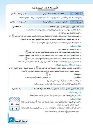 ‫التا�سعة‬‫الوحدة‬161
‫ــ‬‫خ‬ ‫ال�سو‬: 4 2 9 ‫ر�س‬َّ‫الد‬
.)7(‫الوحدة‬)2-1-7(‫الدر�س‬‫من‬)1(‫اخلطوة‬‫حتت‬‫إليها‬‫ا‬‫امل�سار‬‫للتعليمات‬ً‫ا‬‫وفق‬‫امل�ستقلة‬‫ة‬ ّ‫ِ�س‬‫ق‬‫ال‬‫راجع‬
‫دقائق‬ 5 : ‫م‬ ‫ال‬ ‫سديقي‬ ‫الكتاب‬ ‫ة‬‫ق�س‬‫مراجعة‬ : 1 ‫اخلطوة‬
‫دقائق‬ 10 : ‫م‬ ‫ال‬ ‫احلرف‬ ‫أ�سكا‬‫ا‬‫و‬ ‫ال�سوتي‬‫الوعي‬ : 2 ‫اخلطوة‬
‫دقائق‬5 ‫�سماعا‬ ‫ال�سو‬ ‫يي‬ ‫أو‬‫ل‬‫ا‬ ‫الن�سا‬
‫دقائق‬5 ‫كافة‬‫ة‬‫الكتابي‬‫أ�سكاله‬‫ا‬‫ب‬ ‫ال�ساك‬ ‫ــ‬‫خ‬ ‫:ال�سو‬ ‫الثا‬ ‫الن�سا‬
: ‫الن�سا‬ ‫تقد‬
. ً‫ة‬‫كاف‬‫ة‬ّ‫ي‬‫الكتاب‬‫أ�سكاله‬‫ا‬‫ب‬‫ال�ساكن‬)��ْ‫(خ‬ َ‫ال�سوت‬‫ف‬ّ‫ر‬‫�سنتع‬‫آن‬‫ل‬‫ا‬:ً‫ال‬‫قائ‬،‫وح‬ّ‫ل‬‫ال‬‫إىل‬‫ا‬‫أ�سر‬‫ا‬:‫م‬
: ‫دور‬ ‫ج‬ ‫و‬
‫إ�سارة‬‫ا‬ ‫هذه‬ ّ‫أن‬‫ا‬ ً‫ا‬‫مو�سح‬ ‫هكذا‬ ‫اليد‬ ‫بقب�سة‬ ‫ا‬ً‫ر‬‫م�س‬ ،‫أنطقه‬‫ا‬‫و‬ ‫ال�ساكن‬ )��ْ‫(خ‬ ‫ال�سوت‬ ‫إىل‬‫ا‬ ‫أ�سر‬‫ا‬ :‫م‬
.)ً‫ة‬‫ثاني‬‫ة‬ّ‫ر‬‫م‬‫أكرره‬‫ا‬(.‫اكن‬ّ‫ال�س‬‫ال�سوت‬
،ً‫ا‬‫�ساكن‬‫الكلمة‬‫و�سط‬‫يف‬‫أتي‬‫ا‬‫ي‬‫عندما‬)��ْ‫خ‬،�� ْ‫�خ‬��(‫�سكاله‬‫هذان‬)��ْ‫(خ‬‫ال�سوت‬:ً‫ال‬‫قائ‬‫وحة‬ّ‫ل‬‫ال‬‫إىل‬‫ا‬‫أ�سر‬‫ا‬:‫م‬
.ً‫ا‬‫�ساكن‬‫الكلمة‬‫آخر‬‫ا‬‫يف‬‫أتي‬‫ا‬‫ي‬‫عندما‬ )ْ ،ْ ���(:‫�سكاله‬‫وهذان‬
.‫الراجعة‬‫التغذية‬‫أقدم‬‫ا‬‫و‬،)ْ (‫ال�سوت‬‫فيها‬‫يعرفونها‬‫أ�سياء‬‫ا‬‫أو‬‫ا‬،‫أ�سماء‬‫ا‬‫عن‬‫يذ‬ِ‫الم‬َّ‫ت‬‫ال‬‫أل‬‫ا‬‫أ�س‬‫ا‬:‫م‬
.) (‫أ�سوات‬‫ا‬‫فيها‬‫كلمات‬‫أية‬‫ا‬‫أتقبل‬‫ا‬:‫م‬
‫إذا‬‫ا‬‫و‬ ‫هكذا‬‫أعلى‬‫ا‬‫إىل‬‫ا‬‫اليد‬‫بقب�سة‬‫أ�سروا‬‫ا‬‫ف‬)��ْ‫(خ‬‫ال�سوت‬‫فيها‬‫كان‬‫إذا‬‫ا‬،‫كلمات‬‫أقول‬‫ا‬‫�س‬،‫إ�سارات‬‫ل‬‫ا‬ َ‫ة‬‫لعب‬‫�سنلعب‬‫اليوم‬ :‫م‬
.)‫أ�سفل‬‫ل‬‫ا‬‫إىل‬‫ا‬‫يده‬‫املعلم‬‫(يخف�س‬‫هكذا‬‫أ�سفل‬‫ل‬‫ا‬‫إىل‬‫ا‬‫أيديكم‬‫ا‬‫أخف�سوا‬‫ا‬‫ف‬ )��ْ‫(خ‬‫ال�سوت‬‫فيها‬‫يكن‬‫مل‬
.ً‫ا‬‫�سماع‬‫اعر�سها‬‫ولكن‬‫ال�سبورة‬‫على‬‫مكتوبة‬‫الكلمات‬‫هذه‬‫تعر�س‬‫ل‬:‫ملحوظة‬
: ‫دور‬ ‫ج‬ ‫و‬
.)��ْ‫(خ‬‫ال�سوت‬‫إىل‬‫ا‬‫ت�ستمعوا‬‫أن‬‫ا‬‫أريد‬‫ا‬ :‫م‬
. ‫هكذا‬،‫أعلى‬‫ا‬‫إىل‬‫ا‬‫اليد‬‫أ�سابع‬‫ا‬‫بقب�سة‬‫أ�سر‬‫ا‬‫�س‬‫لذلك‬‫�)؛‬�ْ‫(خ‬‫ال�سوت‬‫فيها‬)‫لب‬ْ ِ‫(خم‬‫كلمة‬ :‫م‬
.)‫يده‬‫املعلم‬‫(يخف�س‬‫هكذا‬‫أ�سفل‬‫ل‬‫ا‬‫إىل‬‫ا‬‫يدي‬‫أخف�س‬‫ا‬‫�س‬‫لذلك‬‫�)؛‬�ْ‫(خ‬‫ال�سوت‬‫فيها‬‫لي�س‬)‫(حم�سن‬‫كلمة‬:‫م‬
. ‫هكذا‬،‫أعلى‬‫ا‬‫إىل‬‫ا‬‫اليد‬‫أ�سابع‬‫ا‬‫بقب�سة‬‫أ�سر‬‫ا‬‫�س‬‫لذلك‬‫�)؛‬�ْ‫(خ‬‫ال�سوت‬‫فيها‬ )‫يط‬ْ ِ‫(خم‬‫كلمة‬:‫م‬
.)‫يده‬‫املعلم‬‫(يخف�س‬‫هكذا‬‫أ�سفل‬‫ل‬‫ا‬‫إىل‬‫ا‬‫يدي‬‫أخف�س‬‫ا‬‫�س‬‫لذلك‬‫؛‬)��ْ‫(خ‬‫ال�سوت‬‫فيها‬‫لي�س‬)‫رقد‬َ‫م‬(‫كلمة‬:‫م‬
:‫دوركم‬ ‫وتطبيق‬‫ة‬‫م�ستقل‬‫ار�سة‬
‫مل‬ ‫إذا‬‫ا‬‫و‬ ،‫الكلمة‬ ‫يف‬ )��ْ‫(خ‬ َ‫ال�سوت‬ ‫�سمعتم‬ ‫إذا‬‫ا‬ ‫هكذا‬ ‫أعلى‬‫ا‬ ‫إىل‬‫ا‬ ‫اليد‬ ‫بقب�سة‬ ‫أ�سروا‬‫ا‬‫و‬ ،‫م‬ُ‫ك‬ِ‫ن‬ُ‫ي‬‫أع‬‫ا‬ ‫إغما�س‬‫ا‬‫ب‬ ‫قوموا‬ ‫آن‬‫ل‬‫ا‬ :‫م‬
.)‫أ�سفل‬‫ال‬‫ل‬‫يده‬‫املعلم‬‫(يخف�س‬‫هكذا‬‫أ�سفل‬‫ا‬‫إىل‬‫ا‬‫أيديكم‬‫ا‬‫أخف�سوا‬‫ا‬،‫الكلمة‬‫يف‬)��ْ‫(خ‬‫ال�سوت‬‫ت�سمعوا‬
:‫ت‬ .) ُ‫لب‬ْ ِ‫(خم‬:‫م‬
.)‫أ�سفل‬‫ال‬‫ل‬‫أيديهم‬‫ا‬‫التالميذ‬‫(يخف�س‬ :‫ت‬ .)ُ‫ن‬ ِ‫�س‬ْ ُ‫(حم‬:‫م‬
.)‫أجل�س‬‫ا‬،‫رج‬ْ‫اخ‬،ُ‫د‬َ‫ق‬ْ‫ر‬َ‫م‬، ُ‫يط‬ْ ِ‫(خم‬:‫الكلمات‬‫مع‬‫وهكذا‬
.)‫دوركم‬،‫(دوري‬:‫أ�سلوب‬‫ا‬‫أوظف‬‫ا‬ً‫أ‬‫ا‬‫خط‬‫�سمعت‬‫إذا‬‫ا‬‫ف‬،‫يذ‬ِ‫الم‬َّ‫ت‬‫ال‬‫جتاوب‬ ‫ألح‬‫ا‬:‫م‬
‫خــ‬ ‫ــ‬ ‫ـــ‬
‫ـــ‬
 