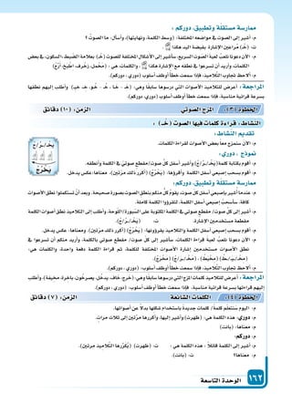 ‫التا�سعة‬‫الوحدة‬ 162
: ‫ــ‬‫خ‬ ‫ال�سو‬‫ا‬ ‫في‬ ‫كلما‬‫ة‬ ‫قرا‬: ‫الن�سا‬
‫نطقها‬ ‫إليهم‬‫ا‬ ‫أطلب‬‫ا‬‫و‬ )��ِ‫ي‬‫خ‬ ،�� ِ‫خ‬ ،‫�و‬�ُ‫خ‬ - ��ُ‫خ‬ ، ‫�ا‬�َ‫خ‬ - ��َ‫(خ‬ :‫وهي‬ ‫ا‬ً‫ق‬‫�ساب‬ ‫در�سوها‬ ‫التي‬ ‫أ�سوات‬‫ل‬‫ا‬ ‫للتالميذ‬ ‫أعر�س‬‫ا‬ :‫املراجعة‬
.)‫دوركم‬،‫(دوري‬‫أ�سلوب‬‫ا‬‫أوظف‬‫ا‬‫أ‬‫ا‬‫خط‬‫�سمعت‬‫إذا‬‫ا‬‫ف‬،‫منا�سبة‬‫قرائية‬‫ب�سرعة‬
‫دقائق‬ 10 : ‫م‬ ‫ال‬ ‫وتي‬‫ال�س‬‫ج‬ ‫امل‬ : 3 ‫اخلطوة‬
: ‫الن�سا‬ ‫تقد‬
.‫الكلمات‬‫لقراءة‬‫أ�سوات‬‫ل‬‫ا‬‫بع�س‬ً‫ا‬‫مع‬‫�سنمزج‬ َ‫ن‬‫آ‬‫ل‬‫ا‬:‫م‬
: ‫دور‬ ‫ج‬ ‫و‬
.‫أنطقه‬‫ا‬‫و‬‫الكلمة‬‫يف‬ ّ‫�سوتي‬ ‫�سوت/مقطع‬ ِّ‫ل‬‫ك‬‫أ�سفل‬‫ا‬‫أ�سر‬‫ا‬‫و‬)ُ‫ج‬/ُ‫ر‬���/�� ْ‫خ‬َ‫ي‬(‫كلمة‬‫بكتابة‬‫أقوم‬‫ا‬:‫م‬
.‫يدخل‬‫معناها:عك�س‬ ،)‫تن‬ّ‫ر‬‫م‬‫ذلك‬‫أكرر‬‫ا‬()ُ‫ج‬ُ‫ر‬ ْ‫خ‬َ‫ي‬(:‫ؤها‬‫و‬‫أقر‬‫ا‬‫و‬ ‫الكلمة‬‫أ�سفل‬‫ا‬‫إ�سبعي‬‫ا‬‫ب�سحب‬‫أقوم‬‫ا‬:‫م‬
:‫دوركم‬ ‫وتطبيق‬‫ة‬‫م�ستقل‬‫ار�سة‬
‫أ�سوات‬‫ل‬‫ا‬‫نطق‬‫ت�ستكملوا‬ ْ‫أن‬‫ا‬‫وبعد‬.‫�سحيحة‬‫ب�سورة‬‫ال�سوت‬ ِ‫بنطق‬‫منكم‬ ُّ‫كل‬ ُ‫م‬‫يقو‬،‫�سوت‬ ّ‫ل‬‫ك‬‫أ�سفل‬‫ا‬‫إ�سبعي‬‫ا‬‫ب‬‫�سر‬ُ‫أ‬‫ا‬‫عندما‬:‫م‬
.‫كاملة‬‫الكلمة‬‫ؤوا‬‫و‬‫لتقر‬،‫الكلمة‬‫أ�سفل‬‫ا‬‫إ�سبعي‬‫ا‬ ُ‫أ�سحب‬‫ا‬‫�س‬،‫كافة‬
‫الكلمة‬‫أ�سوات‬‫ا‬‫نطق‬‫التالميذ‬‫إىل‬‫ا‬‫أطلب‬‫ا‬‫و‬،‫وحة‬ّ‫ل‬‫بورة/ال‬ّ‫ال�س‬‫على‬‫املكتوبة‬‫الكلمة‬‫يف‬‫�سوتي‬‫مقطع‬/‫�سوت‬ ِّ‫ل‬‫ك‬‫إىل‬‫ا‬‫أ�سر‬‫ا‬:‫م‬
.)ُ‫ج‬/ُ‫ر‬���/�� ْ‫خ‬َ‫ي‬( :‫ت‬ .‫إ�سارة‬‫ل‬‫ا‬‫م�ستخدمن‬‫مقطعة‬
.‫يدخل‬‫عك�س‬:‫ومعناها‬.)‫تن‬ّ‫ر‬‫م‬‫ذلك‬‫أكرر‬‫ا‬()ُ‫ج‬ُ‫ر‬ ْ‫خ‬َ‫ي‬(:‫ؤونها‬‫و‬‫يقر‬‫والتالميذ‬‫الكلمة‬‫أ�سفل‬‫ا‬‫إ�سبعي‬‫ا‬‫ب�سحب‬‫أقوم‬‫ا‬:‫م‬
‫يف‬ ‫ت�سرعوا‬ ‫أن‬‫ا‬ ‫منكم‬ ‫أريد‬‫ا‬‫و‬ ،‫بالكلمة‬ ‫�سوتي‬ ‫مقطع‬ /‫�سوت‬ ّ‫ل‬‫ك‬ ‫إىل‬‫ا‬ ‫أ�سر‬‫ا‬‫�س‬ ،‫الكلمات‬ ‫قراءة‬ َ‫ة‬‫لعب‬ ُ‫نلعب‬ ‫دعونا‬ ‫آن‬‫ل‬‫ا‬ :‫م‬
:‫هي‬ ‫والكلمات‬ ،‫واحدة‬ ‫دفعة‬ ‫الكلمة‬ ‫قراءة‬ ‫ثم‬ ،‫للكلمة‬ ‫املختلفة‬ ‫أ�سوات‬‫ل‬‫ا‬ ‫إ�سارة‬‫ا‬ ‫م�ستخدمن‬ ‫أ�سوات‬‫ل‬‫ا‬ ‫نطق‬
.)ُ‫ج‬َ‫ر‬ْ َ‫(خم‬)ُ‫ج‬/َ‫ر‬���/��ْ َ‫(خم‬،) ُ‫ط‬َ‫ي‬ْ ِ‫(خم‬) ُ‫�ط‬��/��َ‫ي‬���/��ْ ِ‫(خم‬
.)‫دوركم‬،‫(دوري‬:‫أ�سلوب‬‫ا‬‫أوظف‬‫ا‬ً‫أ‬‫ا‬‫خط‬‫�سمعت‬‫إذا‬‫ا‬‫ف‬،‫يذ‬ِ‫الم‬َّ‫ت‬‫ال‬‫جتاوب‬ ‫ألح‬‫ا‬:‫م‬
:‫دوركم‬ ‫وتطبيق‬‫ة‬‫م�ستقل‬‫ار�سة‬
ُ‫ال�سوت‬‫ما‬:‫أل‬‫ا‬‫أ�س‬‫ا‬‫و‬،)‫ونهايتها‬،‫الكلمة‬‫(و�سط‬:‫املختلفة‬‫موا�سعه‬‫يف‬‫ال�سوت‬‫إىل‬‫ا‬‫أ�سر‬‫ا‬:‫م‬
. ‫هكذا‬‫اليد‬‫بقب�سة‬ ‫إ�سارة‬‫ل‬‫ا‬‫راعن‬ُ‫م‬)��ْ‫(خ‬:‫ت‬
‫بع�س‬‫يف‬ ‫ال�سكون‬ ‫بط‬ ّ‫ال�س‬‫بعالمة‬ )��ْ‫(خ‬‫لل�سوت‬‫املختلفة‬‫أ�سكال‬‫ل‬‫ا‬‫إىل‬‫ا‬‫أ�سر‬‫ا‬‫�س‬،‫ال�سريع‬‫وت‬ ّ‫ال�س‬ َ‫ة‬‫لعب‬ ُ‫نلعب‬‫دعونا‬‫آن‬‫ل‬‫ا‬ :‫م‬
)ْ ِّ‫ر‬َ‫أ‬‫ا‬، َ‫ب‬ ْ‫ِط‬‫ا‬،‫رف‬ْ‫زخ‬،‫مل‬ْ َ‫(خم‬:‫هي‬،‫والكلمات‬، ‫هكذا‬‫إ�سارة‬‫ل‬‫ا‬‫مع‬‫نطقه‬‫يف‬‫ت�سرعوا‬‫أن‬‫ا‬‫أريد‬‫ا‬‫و‬،‫الكلمات‬
.)‫دوركم‬،‫(دوري‬‫أ�سلوب‬‫ا‬‫أوظف‬‫ا‬ً‫أ‬‫ا‬‫خط‬‫�سمعت‬‫إذا‬‫ا‬‫ف‬،‫يذ‬ِ‫الم‬َّ‫ت‬‫ال‬‫جتاوب‬ ‫ألح‬‫ا‬:‫م‬
‫أطلب‬‫ا‬‫و‬،)‫يفة‬ِ‫خم‬،‫رة‬ ِ‫باخ‬،‫ون‬ُ‫ي�سرخ‬،‫ل‬ُ‫يدخ‬،‫اف‬َ‫خ‬،‫رج‬َ‫وهي:(خ‬‫ا‬ً‫ق‬‫�ساب‬‫در�سوها‬‫التي‬‫املزج‬‫كلمات‬‫للتالميذ‬‫أعر�س‬‫ا‬:‫املراجعة‬
.)‫دوركم‬،‫(دوري‬:‫أ�سلوب‬‫ا‬‫أوظف‬‫ا‬‫أ‬‫ا‬‫خط‬‫�سمعت‬‫إذا‬‫ا‬‫ف‬ ،‫منا�سبة‬‫قرائية‬‫ب�سرعة‬‫قراءتها‬‫إليهم‬‫ا‬
.‫أ�سواتها‬‫ا‬‫عن‬ ً‫ل‬‫بد‬‫ِها‬‫ل‬‫�سك‬‫با�ستخدام‬ ً‫ة‬‫جديد‬‫كلمات‬/ً‫ة‬‫كلم‬‫م‬ّ‫ل‬‫نتع‬َ‫�س‬‫اليوم‬ :‫م‬
.‫مرات‬‫ثالث‬‫إىل‬‫ا‬‫تن‬َّ‫ر‬‫م‬‫أكررها‬‫ا‬‫و‬،‫إليها‬‫ا‬‫أ�سر‬‫ا‬‫و‬)‫(ظهرت‬:‫هي‬‫الكلمة‬‫هذه‬: ‫دور‬:‫م‬
)‫(بانت‬:‫معناها‬:‫م‬
:‫دوركم‬:‫م‬
.)‫مرتن‬‫يذ‬ِ‫الم‬َّ‫ت‬‫ال‬‫رها‬ِّ‫ر‬َ‫ك‬ُ‫ي‬( )‫(ظهرت‬:‫ت‬ :‫هي‬‫الكلمة‬‫هذه‬: ً‫ال‬‫قائ‬‫الكلمة‬‫إىل‬‫ا‬‫أ�سر‬‫ا‬:‫م‬
.)‫(بانت‬:‫ت‬ ‫معناها‬ :‫م‬
‫دقائق‬ 7 : ‫م‬ ‫ال‬ ‫ائعة‬‫ال�س‬ ‫الكلما‬ : 4 ‫اخلطوة‬
ُ‫ج‬/ُ‫ر‬���/�� ْ‫خ‬َ‫ي‬
ُ‫ج‬ُ‫ر‬ ‫ي‬
 