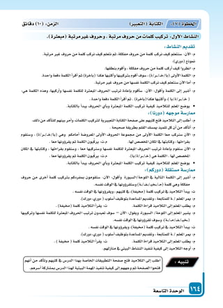 ‫التا�سعة‬‫الوحدة‬ 164
: ‫الن�سا‬ ‫تقد‬
.‫مرتبة‬‫غر‬‫حروف‬‫من‬‫كلمة‬‫نركب‬‫كيف‬‫نتعلم‬‫ثم‬،‫مفككة‬‫حروف‬‫من‬‫كلمة‬‫نركب‬‫كيف‬‫�سنتعلم‬-‫آن‬‫ل‬‫ا‬:‫م‬
:)‫(دوري‬‫منوذج‬
.‫بنطقها‬‫أقوم‬‫ا‬‫و‬،‫مفككة‬‫حروف‬‫من‬‫كلمة‬‫أركب‬‫ا‬‫كيف‬‫انظروا‬:‫م‬
.‫واحدة‬‫دفعة‬‫الكلمة‬‫أ‬‫ا‬‫أقر‬‫ا‬‫ثم‬)‫(باخرة‬‫هكذا‬‫أكتبها‬‫ا‬‫و‬‫برتكيبها‬‫أقوم‬‫ا‬‫�سوف‬،)‫�ر/ة‬��/���‫خ‬/‫(با‬‫أوىل‬‫ل‬‫ا‬‫الكلمة‬:‫م‬
.‫مرتبة‬‫غر‬‫حروف‬‫من‬‫نف�سها‬‫الكلمة‬‫نركب‬‫كيف‬‫�سنتعلم‬‫آن‬‫ل‬‫ا‬‫أما‬‫ا‬:‫م‬
:‫هي‬ ‫الكلمة‬ ‫وهذه‬ ،‫أركبها‬‫ا‬‫و‬ ‫نف�سها‬ ‫للكلمة‬ ‫ة‬ ‫املبع‬ ‫احلروف‬ ‫ترتيب‬ ‫إعادة‬‫ا‬‫ب‬ ‫أقوم‬‫ا‬‫�س‬ -‫آن‬‫ل‬‫ا‬ :‫أقول‬‫ا‬‫و‬ ‫الكلمة‬ ‫إىل‬‫ا‬ ‫أ�سر‬‫ا‬ :‫م‬
.‫واحدة‬‫دفعة‬‫الكلمة‬‫أ‬‫ا‬‫أقر‬‫ا‬‫ثم‬.)‫هكذا(باخرة‬‫أكتبها‬‫ا‬‫و‬،)‫�ر/ة/با‬��/��‫خ‬(
.‫بالكتابة‬ ‫أ‬‫ا‬‫يبد‬ ‫احلروف‬ ‫أي‬‫ا‬‫وب‬ ‫ة‬ ‫املبع‬ ‫الكلمة‬ ‫تركيب‬ ‫كيفية‬ ‫للتالميذ‬ ‫املعلم‬ ‫يو�سح‬ •
: ‫دورنا‬ ‫ه‬ ‫موج‬‫ار�سة‬
.‫ذلك‬‫من‬‫أكد‬‫ا‬‫للت‬‫بينهم‬‫أمر‬‫ا‬‫و‬،‫الكلمات‬‫لرتكيب‬‫التعبرية‬‫الكتابة‬‫�سفحة‬‫على‬‫كتبهم‬‫فتح‬‫التالميذ‬‫إىل‬‫ا‬‫أطلب‬‫ا‬:‫م‬
.‫�سحيحة‬‫بطريقة‬‫القلم‬‫مي�سك‬‫تلميذ‬‫كل‬‫أن‬‫ا‬‫من‬‫أكد‬‫ا‬‫أت‬‫ا‬:‫م‬
‫و�سنقوم‬ ، )‫�ر/ة‬��/���‫خ‬/‫(با‬ ‫وهي‬ ‫أمامكم‬‫ا‬ ‫املعرو�سة‬ ‫أوىل‬‫ل‬‫ا‬ ‫احلروف‬ ‫جمموعة‬ ‫من‬ ‫أوىل‬‫ل‬‫ا‬ ‫الكلمة‬ ‫معا‬ ‫كب‬ ‫�س‬ ‫آن‬‫ل‬‫ا‬ :‫م‬
.‫معا‬‫ؤونها‬‫و‬‫يقر‬‫ثم‬‫الكلمة‬‫بون‬ِّ‫ك‬‫ير‬:‫م.ت‬ .‫لها‬‫املخ�س�س‬‫املكان‬‫يف‬‫وكتابتها‬،‫بقراءتها‬
‫املكان‬ ‫يف‬ ‫وكتابتها‬ ، ‫بقراءتها‬ ‫و�سنقوم‬ ، ‫معا‬ ‫كبها‬ ‫و�س‬ ‫نف�سها‬ ‫للكلمة‬ ‫ة‬ ‫املبع‬ ‫احلروف‬ ‫ترتيب‬ ‫إعادة‬‫ا‬‫ب‬ ‫�سنقوم‬ ‫آن‬‫ل‬‫ا‬ :‫م‬
.‫معا‬‫ؤونها‬‫و‬‫يقر‬‫ثم‬‫الكلمة‬‫بون‬ِّ‫ك‬‫ير‬:‫م.ت‬ .)‫�ر/ة/با‬��/��‫خ‬(‫هي‬‫الكلمة‬.‫لها‬‫املخ�س�س‬
.‫بالكتابة‬ ‫أ‬‫ا‬‫يبد‬ ‫احلروف‬ ‫أي‬‫ا‬‫وب‬ ‫ة‬ ‫املبع‬ ‫الكلمة‬ ‫تركيب‬ ‫كيفية‬ ‫للتالميذ‬ ‫املعلم‬ ‫يو�سح‬ •
: ‫دوركم‬ ‫م�ستقلة‬‫ار�سة‬
‫حروف‬ ‫من‬ ‫أخرى‬‫ا‬ ‫كلمة‬ ‫برتكيب‬ ‫مبفردكم‬ ‫�ستقومون‬ -‫آن‬‫ل‬‫ا‬ :‫أقول‬‫ا‬‫و‬ ‫اللوحة/ال�سبورة‬ ‫يف‬ ‫التالية‬ ‫الكلمة‬ ‫إىل‬‫ا‬ ‫أ�سر‬‫ا‬ :‫م‬
.‫نف�سه‬‫الوقت‬‫يف‬‫ؤونها‬‫و‬‫و�ستقر‬)‫�ة‬��/���‫ف‬���/��‫ي‬‫�خ‬��/��‫م‬(‫كلمة‬‫وهي‬‫مفككة‬
.‫نف�سه‬‫الوقت‬‫يف‬‫ؤونها‬‫و‬‫ويقر‬،‫كتبهم‬‫يف‬،)‫(خميفة‬‫كلمة‬‫تركيب‬‫يف‬‫التالميذ‬‫أ‬‫ا‬‫يبد‬:‫ت‬
.)‫دورك‬،‫دوري‬(‫أ�سلوب‬‫ا‬‫بتوظيف‬‫امل�ساعدة‬‫وتقدمي‬،‫للمتابعة‬‫�ة‬/‫املعلم‬‫مير‬:‫م‬
.)‫(خميفة‬‫كلمة‬‫التالميذ‬‫أ‬‫ا‬‫يقر‬:‫ت‬ .‫الكلمة‬‫قراءة‬‫التالميذ‬‫إىل‬‫ا‬‫املعلم‬‫يطلب‬:‫م‬
‫وتركيبها‬ ‫نف�سها‬ ‫للكلمة‬ ‫ة‬ ‫املبع‬ ‫احلروف‬ ‫ترتيب‬ ‫تعيدون‬ ‫�سوف‬ – ‫آن‬‫ل‬‫ا‬ :‫ويقول‬ ،‫ال�سبورة‬ /‫اللوحة‬ ‫إىل‬‫ا‬ ‫املعلم‬ ‫ي�سر‬ :‫م‬
.‫نف�سه‬‫الوقت‬‫يف‬‫ؤونها‬‫و‬‫تقر‬‫و�سوف‬،)‫�ة‬��/���‫م‬/���‫ف‬��/��‫ي‬‫�خ‬��(
.‫نف�سه‬‫الوقت‬‫يف‬‫ؤونها‬‫و‬‫ويقر‬،)‫(خميفة‬‫كلمة‬‫تركيب‬‫يف‬‫التالميذ‬‫أ‬‫ا‬‫يبد‬:‫ت‬
.)‫دورك‬،‫دوري‬(‫أ�سلوب‬‫ا‬‫بتوظيف‬‫امل�ساعدة‬‫وتقدمي‬،‫للمتابعة‬‫�ة‬/‫املعلم‬‫مير‬:‫م‬
.)‫خميفة‬(‫كلمة‬‫التالميذ‬‫أ‬‫ا‬‫يقر‬:‫ت‬ .‫الكلمة‬‫قراءة‬‫التالميذ‬‫إىل‬‫ا‬‫املعلم‬‫يطلب‬:‫م‬
.‫منازلهم‬‫يف‬‫البيتي‬‫الن�ساط‬‫تنفيذ‬‫كيفية‬‫إىل‬‫ا‬‫التالميذ‬‫أوجه‬‫ا‬:‫م‬
‫دقائق‬ 10 : ‫م‬ ‫ال‬ ‫التعبري‬ ‫الكتابة‬ : 7 ‫اخلطوة‬
. ‫ة‬ ‫مبع‬ ‫مرتبة‬‫ري‬ ‫وحروف‬ ‫مرتبة‬‫حروف‬ ‫م‬ ‫كلما‬ ‫تركي‬: ‫أو‬‫ل‬‫ا‬ ‫الن�سا‬
‫أنهم‬‫ا‬ ‫من‬ ‫أكد‬‫ا‬‫وت‬ ‫كتبهم‬ ‫يف‬ ‫الدر�س‬ ‫بهذا‬ ‫اخلا�سة‬ ‫التطبيقات‬ ‫�سفحة‬ ‫فتح‬ ‫التالميذ‬ ‫إىل‬‫ا‬ ‫اطلب‬
.‫أ�سرهم‬‫ا‬‫مب�ساركة‬‫الدر�س‬‫لهذا‬‫البيتية‬‫املهمة‬‫تنفيذ‬‫كيفية‬‫إىل‬‫ا‬‫وجههم‬‫ثم‬‫ال�سفحة‬‫فتحوا‬
:‫تنبيه‬
 