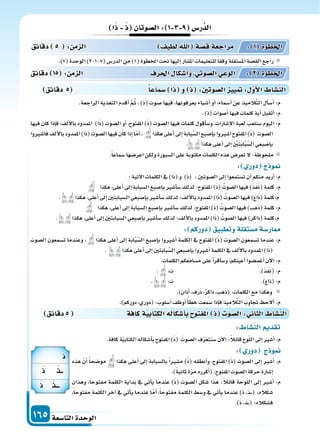 ‫التا�سعة‬‫الوحدة‬165
‫دقائق‬5 ‫كافة‬‫ة‬‫الكتابي‬‫أ�سكاله‬‫ا‬‫ب‬ ‫املفتو‬ ‫ال�سو‬: ‫الثا‬ ‫الن�سا‬
: ‫الن�سا‬ ‫تقد‬
.‫كافة‬‫ة‬ّ‫ي‬‫الكتاب‬‫أ�سكاله‬‫ا‬‫ب‬‫املفتوح‬)َ‫ذ‬( َ‫ال�سوت‬‫ف‬ّ‫ر‬‫�سنتع‬‫آن‬‫ل‬‫ا‬:ً‫ال‬‫قائ‬‫وح‬ّ‫ل‬‫ال‬‫إىل‬‫ا‬‫أ�سر‬‫ا‬:‫م‬
: ‫دور‬ ‫ج‬ ‫و‬
‫هذه‬ ّ‫أن‬‫ا‬ ً‫ا‬‫مو�سح‬ ‫هكذا‬ ‫أعلى‬‫ا‬ ‫إىل‬‫ا‬ ‫بال�سبابة‬ ً‫ا‬‫م�سر‬ )َ‫ذ‬( ‫أنطقه‬‫ا‬‫و‬ ،‫املفتوح‬ )َ‫ذ‬( ‫ال�سوت‬ ‫إىل‬‫ا‬ ‫أ�سر‬‫ا‬ :‫م‬
.)ً‫ة‬‫ثاني‬‫ة‬ّ‫ر‬‫م‬‫أكرره‬‫ا‬(.‫املفتوح‬‫ال�سوت‬‫حركة‬‫إ�سارة‬‫ا‬
‫وهذان‬ ،ً‫ا‬‫مفتوح‬ ‫الكلمة‬ ‫بداية‬ ‫يف‬ ‫أتي‬‫ا‬‫ي‬ ‫عندما‬ )َ‫ذ‬( ‫ال�سوت‬ ‫�سكل‬ ‫هذا‬ :ً‫ال‬‫قائ‬ ‫وحة‬ّ‫ل‬‫ال‬ ‫إىل‬‫ا‬ ‫أ�سر‬‫ا‬ :‫م‬
،ً‫ا‬‫مفتوح‬ ‫الكلمة‬ ‫آخر‬‫ا‬ ‫يف‬ ‫أتي‬‫ا‬‫ي‬ ‫عندما‬ ‫ا‬ّ‫أم‬‫ا‬ ،ً‫ا‬‫مفتوح‬ ‫الكلمة‬ ‫و�سط‬ ‫يف‬ ‫أتي‬‫ا‬‫ي‬ ‫عندما‬ )َ‫ذ‬ ،َ‫ذ‬���( :‫�سكاله‬
.)َ‫ذ‬ ،َ‫ذ‬���( :‫ف�سكاله‬
‫دقائق‬ 5 ‫�سماعا‬ ‫ا‬ ‫و‬ :‫ال�سوتني‬ ‫يي‬ : ‫أو‬‫ل‬‫ا‬ ‫الن�سا‬
‫ا‬ ‫ال�سوتان‬: 1 3 9 ‫ر�س‬َّ‫الد‬
.)7(‫الوحدة‬)2-1-7(‫ّر�س‬‫د‬‫ال‬‫من‬)1(‫اخلطوة‬‫حتت‬‫إليها‬‫ا‬‫امل�سار‬‫للتعليمات‬ً‫ا‬‫وفق‬‫امل�ستقلة‬‫ة‬ ّ‫ِ�س‬‫ق‬‫ال‬‫راجع‬
.‫الراجعة‬ ‫التغذية‬ ‫أقدم‬‫ا‬ َّ‫م‬ُ‫ث‬ ، )‫(ذ‬ ‫�سوت‬ ‫فيها‬ ،‫يعرفونها‬ ‫أ�سياء‬‫ا‬ ‫أو‬‫ا‬ ،‫أ�سماء‬‫ا‬ ‫عن‬ ‫يذ‬ِ‫َّالم‬‫ت‬‫ال‬ ‫أل‬‫ا‬‫أ�س‬‫ا‬ :‫م‬
.)‫(ذ‬‫أ�سوات‬‫ا‬‫فيها‬‫كلمات‬‫أية‬‫ا‬‫أتقبل‬‫ا‬:‫م‬
‫فيها‬ ‫كان‬ ‫إذا‬‫ا‬‫ف‬ ،‫ألف‬‫ل‬‫با‬ ‫املمدود‬ )‫ا‬َ‫ذ‬( ‫ال�سوت‬ ‫أو‬‫ا‬ ،‫املفتوح‬ )َ‫ذ‬( ‫ال�سوت‬ ‫فيها‬ ‫كلمات‬ ‫أقول‬‫ا‬‫و�س‬ ،‫إ�سارات‬‫ل‬‫ا‬ ‫لعبة‬ ‫�سنلعب‬ ‫اليوم‬ :‫م‬
‫فا�سروا‬‫ألف‬‫ل‬‫با‬‫املمدود‬)‫ا‬َ‫ذ‬(‫ال�سوت‬‫فيها‬‫كان‬‫إذا‬‫ا‬‫ا‬ّ‫أم‬‫ا‬، ‫هكذا‬‫أعلى‬‫ا‬‫إىل‬‫ا‬‫بابة‬َّ‫ال�س‬‫إ�سبع‬‫ا‬‫ب‬‫ا�سروا‬‫املفتوح‬)َ‫ذ‬( ‫ال�سوت‬
. ‫هكذا‬‫أعلى‬‫ا‬‫إىل‬‫ا‬ ِ ْ‫ن‬َ‫ت‬َ‫ب‬‫ا‬َّ‫ب‬َّ‫ال�س‬‫إ�سبعي‬‫ا‬‫ب‬
.ً‫ا‬‫�سماع‬‫اعر�سها‬‫ولكن‬‫ال�سبورة‬‫على‬‫مكتوبة‬‫الكلمات‬‫هذه‬‫تعر�س‬‫ل‬:‫ملحوظة‬
: ‫دور‬ ‫ج‬ ‫و‬
:‫آتية‬‫ل‬‫ا‬‫الكلمات‬‫يف‬)‫ا‬َ‫ذ‬(‫و‬ )َ‫ذ‬( :‫ال�سوتن‬‫إىل‬‫ا‬‫ت�ستمعوا‬‫أن‬‫ا‬‫منكم‬‫أريد‬‫ا‬:‫م‬
‫هكذا‬،‫أعلى‬‫ا‬‫إىل‬‫ا‬‫ال�سبابة‬‫إ�سبع‬‫ا‬‫ب‬‫أ�سر‬‫ا‬‫�س‬‫لذلك‬‫املفتوح؛‬)َ‫ذ‬( ُ‫ال�سوت‬‫فيها‬)َ‫ذ‬َ‫ف‬َ‫ن‬(‫كلمة‬:‫م‬
. ‫هكذا‬،‫أعلى‬‫ا‬‫إىل‬‫ا‬‫ال�سبابتن‬‫إ�سبعي‬‫ا‬‫ب‬‫أ�سر‬‫ا‬‫�س‬‫لذلك‬‫ألف؛‬‫ل‬‫با‬‫املمدود‬)‫ا‬َ‫ذ‬( ُ‫ال�سوت‬‫فيها‬)َ‫ع‬‫ا‬َ‫ذ‬(‫م:كلمة‬
‫هكذا‬،‫أعلى‬‫ا‬‫إىل‬‫ا‬‫ال�سبابة‬‫إ�سبع‬‫ا‬‫ب‬‫أ�سر‬‫ا‬‫�س‬‫لذلك‬‫املفتوح؛‬)َ‫ذ‬( ُ‫ال�سوت‬‫فيها‬)‫هب‬َ‫ذ‬(‫كلمة‬:‫م‬
. ‫هكذا‬،‫أعلى‬‫ا‬‫إىل‬‫ا‬‫ال�سبابتن‬‫إ�سبعي‬‫ا‬‫ب‬‫أ�سر‬‫ا‬‫�س‬‫لذلك‬‫ألف؛‬‫ل‬‫با‬‫املمدود‬)‫ا‬َ‫ذ‬( ُ‫ال�سوت‬‫فيها‬)‫ِر‬‫ك‬‫(ذا‬‫م:كلمة‬
: ‫دوركم‬ ‫وتطبيق‬‫ة‬‫م�ستقل‬‫ار�سة‬
‫ال�سوت‬ ‫ت�سمعون‬ ‫وعندما‬ ، ‫هكذا‬ ‫أعلى‬‫ا‬ ‫إىل‬‫ا‬ ‫ة‬َ‫ب‬‫ا‬َّ‫ب‬َّ‫ال�س‬ ‫إ�سبع‬‫ا‬‫ب‬ ‫أ�سروا‬‫ا‬ ‫الكلمة‬ ‫يف‬ ‫املفتوح‬ )َ‫ذ‬( ‫ال�سوت‬ ‫ت�سمعون‬ ‫عندما‬ :‫م‬
. ‫هكذا‬‫أعلى‬‫ا‬‫إىل‬‫ا‬‫بابتن‬َّ‫ال�س‬‫إ�سبعي‬‫ا‬‫ب‬‫أ�سروا‬‫ا‬‫الكلمة‬‫يف‬‫ألف‬‫ل‬‫با‬‫املمدود‬)‫ا‬َ‫ذ‬(
.‫الكلمات‬‫م�سامعكم‬‫على‬‫أ‬‫ا‬‫أقر‬‫ا‬‫و�س‬،‫أعينكم‬‫ا‬‫أغم�سوا‬‫ا‬‫آن‬‫ل‬‫ا‬:‫م‬
. :‫ت‬ .)َ‫ذ‬َ‫ف‬َ‫ن‬(:‫م‬
. :‫ت‬ .)‫(ذاع‬:‫م‬
.)‫أذان‬‫ا‬،‫ف‬َ‫ر‬َ‫ذ‬،ْ‫ر‬ِ‫ك‬‫ذا‬، َ‫َب‬‫ه‬َ‫ذ‬(:‫الكلمات‬‫مع‬‫وهكذا‬
.)‫دوركم‬،‫(دوري‬:‫أ�سلوب‬‫ا‬‫أوظف‬‫ا‬ ً‫أ‬‫ا‬‫خط‬‫�سمعت‬‫إذا‬‫ا‬‫ف‬‫يذ‬ِ‫الم‬َّ‫ت‬‫ال‬ َ‫جتاوب‬ ‫ألح‬‫ا‬:‫م‬
‫دقائق‬ 15 : ‫م‬ ‫ال‬ ‫احلرف‬ ‫أ�سكا‬‫ا‬‫و‬ ‫ال�سوتي‬‫الوعي‬ : 2 ‫اخلطوة‬
‫دقائق‬ 5 : ‫م‬ ‫ال‬ ‫لطيف‬ ‫ا‬ ‫ة‬‫ق�س‬‫مراجعة‬ : 1 ‫اخلطوة‬
‫ــ‬
‫ـــ‬
 