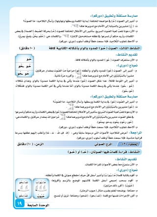 ‫ال�سابعة‬‫الوحدة‬19
‫دقائق‬10 ‫كافة‬‫ة‬‫الكتابي‬‫أ�سكاله‬‫ا‬‫ب‬‫بالواو‬‫املمدود‬ ‫ـو‬ ُ‫ح‬ ‫ال�سو‬: ‫الثال‬ ‫الن�سا‬
:‫كاله‬َ‫�س‬ ‫وهذان‬ ،‫بالواو‬ ‫ًا‬‫د‬‫ممدو‬ ‫الكلمة‬ ‫بداية‬ ‫يف‬ ‫أتي‬‫ا‬‫ي‬ ‫عندما‬ )‫�و‬ُ‫(ح‬ ‫ال�سوت‬ ‫�سكل‬ ‫هذا‬ :ً‫ال‬‫قائ‬ ‫وحة‬ّ‫ل‬‫ال‬ ‫إىل‬‫ا‬ ‫أ�سر‬‫ا‬ :‫م‬
:ُ‫ه‬‫ال‬ْ‫ك‬َ‫ف�س‬ ،‫بالواو‬ ‫ًا‬‫د‬‫ممدو‬ ‫الكلمة‬ ‫آخر‬‫ا‬ ‫يف‬ ‫أتي‬‫ا‬‫ي‬ ‫عندما‬ ‫ا‬ّ‫م‬‫أ‬‫ا‬ ،‫بالواو‬ ‫ًا‬‫د‬‫ممدو‬ ‫الكلمة‬ ‫و�سط‬ ‫يف‬ ‫أتي‬‫ا‬‫ي‬ ‫ندما‬ِ‫ع‬ )‫و‬ُ‫�ح‬� - ‫�و‬ُ‫(ح‬
.)‫و‬ُ‫�ح‬��،‫و‬ُ‫(ح‬
: ‫دوركم‬ ‫وتطبيق‬‫ة‬‫م�ستقل‬‫ار�سة‬
ُ‫وت‬ ّ‫ال�س‬‫ما‬:‫التالميذ‬‫أل‬‫ا‬‫أ�س‬‫ا‬‫و‬،‫وو�سطها‬‫الكلمة‬‫بداية‬‫يف‬ )‫و‬ُ‫(ح‬‫وت‬ َّ‫ال�س‬‫إىل‬‫ا‬‫أ�سر‬‫ا‬:‫م‬
. ‫هكذا‬‫تدويرهما‬‫مع‬‫أمام‬‫ل‬‫ا‬‫إىل‬‫ا‬ ِ ْ‫ن‬َ‫ت‬َ‫ب‬‫ا‬َّ‫ب‬ّ‫بال�س‬‫م�سرين‬)‫و‬ُ‫(ح‬:‫ت‬
‫ت�سرعوا‬‫أن‬‫ا‬‫منكم‬‫أريد‬‫ا‬‫و‬،‫الكلمات‬‫بع�س‬‫يف‬)‫و‬ُ‫(ح‬‫لل�سوت‬‫املختلفة‬ ِ‫أ�سكال‬‫ل‬‫ا‬‫إىل‬‫ا‬‫أ�سر‬‫ا‬‫�س‬،‫ريع‬ّ‫ال�س‬ ِ‫وت‬ ّ‫ال�س‬َ‫ة‬‫لعب‬ ُ‫نلعب‬‫دعونا‬‫آن‬‫ل‬‫ا‬:‫م‬
:‫هي‬‫والكلمات‬.ِ‫ن‬‫حركت‬‫قدار‬ ِ‫مب‬ ّ‫د‬‫امل‬‫راعن‬ُ‫م‬ ‫هكذا‬‫تدويرهما‬‫مع‬‫أمام‬‫ل‬‫ا‬‫إىل‬‫ا‬ ِ ْ‫ن‬َ‫ت‬َ‫ب‬‫ا‬َّ‫ب‬ّ‫بال�س‬‫م�سرين‬،‫وت‬ ّ‫ال�س‬‫نطق‬‫يف‬
.)‫و‬ُ‫ميح‬،‫يدحو‬،‫وم‬ُ‫يح‬،‫وم‬ُ‫رح‬،‫ور‬ُ‫(ح‬
.)‫دوركم‬،‫(دوري‬‫أ�سلوب‬‫ا‬‫أوظف‬‫ا‬ً‫أ‬‫ا‬‫خط‬‫�سمعت‬‫إذا‬‫ا‬‫ف‬،‫يذ‬ِ‫الم‬َّ‫ت‬‫ال‬‫جتاوب‬ ‫ألح‬‫ا‬:‫م‬
‫ب�سرعة‬ ‫نطقها‬ ‫إليهم‬‫ا‬ ‫أطلب‬‫ا‬‫و‬ )‫ا‬َ‫ح‬ ، �َ‫ح‬ - ْ‫ف‬ ،�‫ي‬ِ‫ف‬ ،�ِ‫ف‬( : ‫وهي‬ ‫ا‬ً‫ق‬‫�ساب‬ ‫در�سوها‬ ‫التي‬ ‫أ�سوات‬‫ل‬‫ا‬ ‫للتالميذ‬ ‫أعر�س‬‫ا‬ :‫املراجعة‬
.)‫دوركم‬،‫(دوري‬‫أ�سلوب‬‫ا‬‫أوظف‬‫ا‬ ً‫أ‬‫ا‬‫خط‬‫�سمعت‬‫إذا‬‫ا‬‫ف‬،‫منا�سبة‬‫قرائية‬
: ‫دوركم‬ ‫وتطبيق‬‫ة‬‫م�ستقل‬‫ار�سة‬
ُ‫ال�سوت‬‫ما‬:‫التالميذ‬‫أل‬‫ا‬‫أ�س‬‫ا‬‫و‬،)‫ونهايتها‬‫وو�سطها‬‫الكلمة‬‫(بداية‬‫املختلفة‬‫موا�سعه‬‫يف‬)�ُ‫(ح‬‫ال�سوت‬‫إىل‬‫ا‬‫أ�سر‬‫ا‬:‫م‬
. ‫هكذا‬‫تدويرها‬‫مع‬‫أمام‬‫ل‬‫ا‬‫إىل‬‫ا‬‫بابة‬ّ‫بال�س‬‫م�سرين‬) ُ‫ح‬(:‫ت‬
‫بع�س‬ ‫يف‬ )‫(ال�سمة‬ ‫بط‬ ّ‫ال�س‬ ‫بحركة‬ )��ُ‫(ح‬ ‫لل�سوت‬ ‫املختلفة‬ ‫أ�سكال‬‫ل‬‫ا‬ ‫إىل‬‫ا‬ ‫أ�سر‬‫ا‬‫�س‬ ،‫ال�سريع‬ ‫وت‬ ّ‫ال�س‬ َ‫ة‬‫لعب‬ ُ‫نلعب‬ ‫دعونا‬ ‫آن‬‫ل‬‫ا‬ :‫م‬
.)ُ‫ح‬‫مير‬،ُ‫ح‬‫يلم‬،ُّ‫ل‬ُ‫يح‬،‫م‬ْ‫ل‬ُ‫(ح‬:‫هي‬،‫والكلمات‬، ‫إ�سارة‬‫ل‬‫ا‬‫م�ستخدمن‬‫نطقه‬‫يف‬‫ت�سرعوا‬‫أن‬‫ا‬‫منكم‬‫أريد‬‫ا‬‫و‬،‫الكلمات‬
.)‫دوركم‬،‫(دوري‬‫أ�سلوب‬‫ا‬‫أوظف‬‫ا‬ً‫أ‬‫ا‬‫خط‬‫�سمعت‬‫إذا‬‫ا‬‫ف‬،‫يذ‬ِ‫الم‬َّ‫ت‬‫ال‬‫جتاوب‬ ‫ألح‬‫ا‬:‫م‬
: ‫الن�سا‬ ‫تقد‬
.‫كافة‬‫أ�سكاله‬‫ا‬‫ب‬‫بالواو‬‫املمدود‬)‫و‬ُ‫ح‬(‫ال�سوت‬‫ف‬ّ‫ر‬‫�سنتع‬‫آن‬‫ل‬‫ا‬:‫م‬
: ‫دور‬ ‫ج‬ ‫و‬
،‫حركتن‬ ‫مبقدار‬ ‫وت‬ َّ‫ال�س‬ ّ‫د‬‫م‬ ً‫ا‬‫مراعي‬ )‫و‬ُ‫(ح‬ ‫أنطقه‬‫ا‬‫و‬ ،‫بالواو‬ ‫املمدود‬ )‫و‬ُ‫(ح‬ ‫ال�سوت‬ ‫إىل‬‫ا‬ ‫أ�سر‬‫ا‬ :‫م‬
.ً‫ة‬‫ثاني‬ ً‫ة‬ّ‫ر‬‫م‬ ‫أكرره‬‫ا‬‫و‬ ، ‫هكذا‬‫تدويرهما‬‫مع‬‫أمام‬‫ل‬‫ا‬‫إىل‬‫ا‬ ِ ْ‫ن‬َ‫ت‬َ‫ب‬‫ا‬َّ‫ب‬ّ‫بال�س‬ً‫ا‬‫م�سر‬
: ‫الن�سا‬ ‫تقد‬
.‫الكلمات‬‫لقراءة‬ ِ‫أ�سوات‬‫ل‬‫ا‬‫بع�س‬ً‫ا‬‫مع‬ ُ‫ج‬‫�سنمز‬ َ‫ن‬‫آ‬‫ل‬‫ا‬:‫م‬
: ‫دور‬ ‫ج‬ ‫و‬
.‫أنطقه‬‫ا‬‫و‬‫الكلمة‬‫يف‬ ّ‫�سوتي‬ ‫/مقطع‬‫حرف‬ ِّ‫ل‬‫ك‬‫أ�سفل‬‫ا‬‫أ�سر‬‫ا‬‫و‬)ُ‫�و/ب‬�ُ‫ب‬���/��ُ‫كلمة(ح‬‫بكتابة‬‫أقوم‬‫ا‬:‫م‬
‫دقائق‬ 10 : ‫م‬ ‫ال‬ ‫وتي‬‫ال�س‬‫ج‬ ‫امل‬ : 3 ‫اخلطوة‬
‫ــو‬ ُ‫ح‬ ‫أو‬‫ا‬ ‫ــ‬ ُ‫ح‬ :‫ال�سوتان‬‫ا‬ ‫في‬ ‫كلما‬‫ة‬ ‫قرا‬: ‫الن�سا‬
:‫ؤها‬‫و‬‫أقر‬‫ا‬‫و‬ ‫�سم‬ّ‫ر‬‫بال‬ ‫املو�سح‬ ‫هم‬ّ‫كال�س‬ ‫الكلمة‬ ‫أ�سفل‬‫ا‬ ‫إ�سبعي‬‫ا‬ ‫ب�سحب‬ ‫أقوم‬‫ا‬ :‫م‬
.)‫تن‬ّ‫ر‬‫م‬‫ذلك‬‫أكرر‬‫ا‬( )ُ‫وب‬ُ‫ب‬ُ‫(ح‬
.)‫الرمان‬‫(حبوب‬‫مثال‬‫ب�سرب‬‫املعلم‬‫يو�سحه‬:‫معناها‬:‫م‬
.‫مت�سح‬‫أو‬‫ا‬‫تزيل‬:‫ومعناها‬،)‫(متحو‬،)‫�حو‬��/���‫مت‬(:‫كلمة‬‫مع‬‫نف�سها‬‫إجراءات‬‫ل‬‫ا‬‫أكرر‬‫ا‬:‫م‬
‫ـو‬ ُ‫ح‬
‫و‬ ُ ‫ــ‬ ‫ـو‬ ُ‫ح‬
ُ‫و/ب‬ُ‫ب‬��/�ُ‫ح‬
ُ‫وب‬ُ‫ب‬ ُ‫ح‬
‫و‬ُ‫�ح‬��/��ْ‫مت‬
‫و‬ُ‫�ح‬��/��ْ َ‫مت‬
‫و‬ ُ ‫ــ‬ ‫و‬ ُ‫ح‬
 