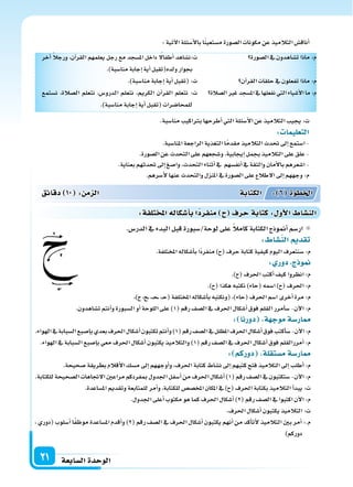 ‫ال�سابعة‬‫الوحدة‬21
‫ال�سورة‬‫يف‬‫ت�ساهدون‬‫ماذا‬:‫م‬
‫آن‬‫ا‬‫القر‬‫حلقات‬‫يف‬‫تفعلون‬‫ماذا‬:‫م‬
‫ال�سالة‬‫غر‬‫امل�سجد‬‫يف‬‫نفعلها‬‫التي‬‫أ�سياء‬‫ل‬‫ا‬‫ما‬:‫م‬
‫أخر‬‫ا‬ ً‫ال‬‫ورج‬ ،‫آن‬‫ا‬‫القر‬ ‫يعلمهم‬ ‫رجل‬ ‫مع‬ ‫امل�سجد‬ ‫داخل‬ ً‫أطفال‬‫ا‬ ‫ت:ن�ساهد‬
.)‫منا�سبة‬‫إجابة‬‫ا‬‫أية‬‫ا‬‫ولده(تقبل‬‫بجوار‬
.)‫منا�سبة‬‫إجابة‬‫ا‬‫أية‬‫ا‬‫(تقبل‬:‫ت‬
‫ن�ستمع‬ ،‫ال�سالة‬ ‫نتعلم‬ ،‫الدرو�س‬ ‫نتعلم‬ ،‫الكرمي‬ ‫آن‬‫ا‬‫القر‬ ‫نتعلم‬ :‫ت‬
.)‫منا�سبة‬‫إجابة‬‫ا‬‫أية‬‫ا‬‫(تقبل‬‫للمحا�سرات‬
: ‫التعليما‬
.‫املنا�سبة‬‫الراجعة‬‫التغذية‬‫ا‬ً‫م‬‫مقد‬‫التالميذ‬‫حتدث‬‫إىل‬‫ا‬‫ا�ستمع‬-
.‫ال�سورة‬‫عن‬‫التحدث‬‫على‬‫و�سجعهم‬،‫إيجابية‬‫ا‬‫بجمل‬‫التالميذ‬‫على‬‫علق‬-
.‫بعناية‬‫حتدثهم‬‫إىل‬‫ا‬‫وا�سغ‬،‫التحدث‬‫أثناء‬‫ا‬‫يف‬ ‫أنف�سهم‬‫ا‬‫يف‬‫والثقة‬‫أمان‬‫ل‬‫با‬‫ا�سعرهم‬-
.‫أ�سرهم‬‫ل‬‫عنها‬‫والتحدث‬‫املنزل‬‫يف‬‫ال�سورة‬‫على‬‫الطالع‬‫إىل‬‫ا‬‫وجههم‬:‫م‬
:‫آتية‬‫ل‬‫ا‬‫أ�سئلة‬‫ل‬‫با‬‫ا‬ً‫ن‬‫م�ستعي‬‫ال�سورة‬‫مكونات‬‫عن‬‫التالميذ‬‫أناق�س‬‫ا‬
.‫منا�سبة‬‫برتاكيب‬‫أطرحها‬‫ا‬‫التي‬‫أ�سئلة‬‫ل‬‫ا‬‫عن‬‫التالميذ‬‫يجيب‬:‫ت‬
.‫الدر�س‬‫يف‬‫البدء‬‫قبل‬‫لوحة/�سبورة‬‫على‬ ً‫ال‬‫كام‬‫الكتابة‬‫أمنوذج‬‫ا‬‫ار�سم‬
: ‫الن�سا‬ ‫تقد‬
.‫املختلفة‬‫أ�سكاله‬‫ا‬‫ب‬‫ًا‬‫د‬‫منفر‬)‫(ح‬‫حرف‬‫كتابة‬‫كيفية‬‫اليوم‬‫�سنتعرف‬:‫م‬
: ‫دور‬ ‫ج‬ ‫و‬
.)‫(ح‬‫احلرف‬‫أكتب‬‫ا‬‫كيف‬‫انظروا‬:‫م‬
.)‫(ح‬‫هكذا‬‫نكتبه‬)‫(حاء‬‫ا�سمه‬)‫(ح‬‫احلرف‬:‫م‬
،)‫ح‬،‫�ح‬�،��‫ح‬��،�‫ح‬(‫املختلفة‬‫أ�سكاله‬‫ا‬‫ب‬‫(ونكتبه‬،)‫(حاء‬‫احلرف‬‫ا�سم‬‫أخرى‬‫ا‬‫مرة‬:‫م‬
.‫ت�ساهدون‬‫أنتم‬‫ا‬‫و‬‫ال�سبورة‬‫أو‬‫ا‬‫اللوحة‬‫على‬)1(‫رقم‬‫ال�سف‬‫يف‬‫احلرف‬‫أ�سكال‬‫ا‬‫فوق‬‫القلم‬‫أمرر‬‫ا‬‫�س‬-‫آن‬‫ل‬‫ا‬:‫م‬
: ‫دورنا‬ ‫ة‬ ‫موج‬‫ار�سة‬
.‫الهواء‬‫يف‬‫ال�سبابة‬‫إ�سبع‬‫ا‬‫ب‬‫بعدي‬‫احلرف‬‫أ�سكال‬‫ا‬‫تكتبون‬‫أنتم‬‫ا‬‫و‬)1(‫رقم‬‫ال�سف‬‫يف‬‫املظلل‬‫احلرف‬‫أ�سكال‬‫ا‬‫فوق‬‫أكتب‬‫ا‬‫�س‬-‫آن‬‫ل‬‫ا‬:‫م‬
.‫الهواء‬‫يف‬‫ال�سبابة‬‫إ�سبع‬‫ا‬‫ب‬‫معي‬‫احلرف‬‫أ�سكال‬‫ا‬‫يكتبون‬‫والتالميذ‬)1(‫رقم‬‫ال�سف‬‫يف‬‫احلرف‬‫أ�سكال‬‫ا‬‫فوق‬‫أمررالقلم‬‫ا‬:‫م‬
: ‫دوركم‬ ‫م�ستقلة‬‫ار�سة‬
.‫�سحيحة‬‫بطريقة‬‫أقالم‬‫ل‬‫ا‬‫م�سك‬‫إىل‬‫ا‬‫أوجههم‬‫ا‬‫و‬،‫احلرف‬‫كتابة‬‫ن�ساط‬‫إىل‬‫ا‬‫كتبهم‬‫فتح‬‫التالميذ‬‫إىل‬‫ا‬‫أطلب‬‫ا‬:‫م‬
.‫للكتابة‬‫ال�سحيحة‬‫الجتاهات‬‫مراعن‬‫مبفردكم‬‫اجلدول‬‫أ�سفل‬‫ا‬‫من‬‫احلرف‬‫أ�سكال‬‫ا‬)1(‫رقم‬‫ال�سف‬‫يف‬‫�ستكتبون‬-‫آن‬‫ل‬‫ا‬:‫م‬
.‫امل�ساعدة‬‫وتقدمي‬‫للمتابعة‬‫أمر‬‫ا‬‫و‬،‫للكتابة‬‫املخ�س�س‬‫املكان‬‫يف‬)‫(ح‬‫احلرف‬‫بكتابة‬‫التالميذ‬‫أ‬‫ا‬‫يبد‬:‫ت‬
.‫اجلدول‬‫أعلى‬‫ا‬‫مكتوب‬‫هو‬‫كما‬‫احلرف‬‫أ�سكال‬‫ا‬)2(‫رقم‬‫ال�سف‬‫يف‬‫اكتبوا‬‫آن‬‫ل‬‫ا‬:‫م‬
.‫احلرف‬‫أ�سكال‬‫ا‬‫يكتبون‬‫التالميذ‬:‫ت‬
، ‫(دوري‬ ‫أ�سلوب‬‫ا‬ ‫ا‬ً‫ف‬‫موظ‬ ‫امل�ساعدة‬ ‫أقدم‬‫ا‬‫و‬ )2( ‫رقم‬ ‫ال�سف‬ ‫يف‬ ‫احلرف‬ ‫أ�سكال‬‫ا‬ ‫يكتبون‬ ‫أنهم‬‫ا‬ ‫من‬ ‫أكد‬‫ا‬‫أت‬‫ل‬ ‫التالميذ‬ ‫بن‬ ‫أمر‬‫ا‬ :.‫م‬
)‫دوركم‬
‫دقائق‬ 10 : ‫م‬ ‫ال‬ ‫الكتابة‬ : 6 ‫اخلطوة‬
:‫تلفة‬ ‫امل‬‫أ�سكاله‬‫ا‬‫ب‬‫ا‬‫منفرد‬ ‫حرف‬‫كتابة‬: ‫أو‬‫ل‬‫ا‬ ‫الن�سا‬
 
