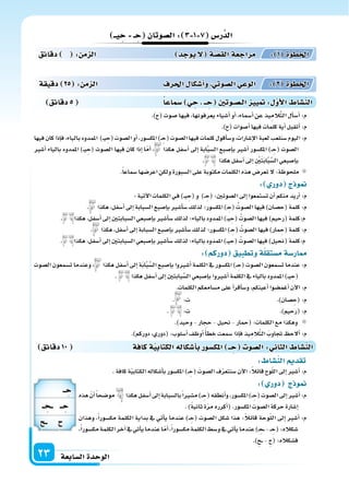 ‫ال�سابعة‬‫الوحدة‬23
‫دقائق‬10 ‫كافة‬‫ة‬‫الكتابي‬‫أ�سكاله‬‫ا‬‫ب‬‫املك�سور‬ ‫ــ‬ ِ‫ح‬ ‫ال�سو‬: ‫الثا‬ ‫الن�سا‬
: ‫الن�سا‬ ‫تقد‬
.‫كافة‬‫ة‬ّ‫ي‬‫الكتاب‬‫أ�سكاله‬‫ا‬‫ب‬‫املك�سور‬)�� ِ‫(ح‬ َ‫ال�سوت‬‫ف‬ّ‫ر‬‫�سنتع‬‫آن‬‫ل‬‫ا‬:ً‫ال‬‫قائ‬‫وح‬ّ‫ل‬‫ال‬‫إىل‬‫ا‬‫أ�سر‬‫ا‬:‫م‬
: ‫دور‬ ‫ج‬ ‫و‬
‫هذه‬ ّ‫أن‬‫ا‬ً‫ا‬‫مو�سح‬ ‫هكذا‬‫أ�سفل‬‫ا‬‫إىل‬‫ا‬‫بال�سبابة‬ً‫ا‬‫م�سر‬)�� ِ‫(ح‬‫أنطقه‬‫ا‬‫و‬،‫املك�سور‬)�� ِ‫(ح‬‫ال�سوت‬‫إىل‬‫ا‬‫أ�سر‬‫ا‬:‫م‬
.)ً‫ة‬‫ثاني‬‫ة‬ّ‫ر‬‫م‬‫أكرره‬‫ا‬(.‫املك�سور‬‫ال�سوت‬‫حركة‬‫إ�سارة‬‫ا‬
‫وهذان‬ ،ً‫ا‬‫مك�سور‬ ‫الكلمة‬ ‫بداية‬ ‫يف‬ ‫أتي‬‫ا‬‫ي‬ ‫عندما‬ )�� ِ‫(ح‬ ‫ال�سوت‬ ‫�سكل‬ ‫هذا‬ :ً‫ال‬‫قائ‬ ‫وحة‬ّ‫ل‬‫ال‬ ‫إىل‬‫ا‬ ‫أ�سر‬‫ا‬ :‫م‬
،ً‫ا‬‫مك�سور‬‫الكلمة‬‫آخر‬‫ا‬‫يف‬‫أتي‬‫ا‬‫ي‬‫عندما‬‫ا‬ّ‫أم‬‫ا‬،ً‫ا‬‫مك�سور‬‫الكلمة‬‫و�سط‬‫يف‬‫أتي‬‫ا‬‫ي‬‫عندما‬)� ِ‫�ح‬�-�� ِ‫(ح‬:‫�سكاله‬
.)ِ‫�ح‬�� - ِ‫ح‬( :‫ف�سكاله‬
‫دقائق‬5 ‫�سماعا‬ ‫ي‬ ِ‫ح‬ ‫ــ‬ ِ‫ح‬ ‫الـ�سـوتني‬ ‫يي‬ : ‫أو‬‫ل‬‫ا‬ ‫الن�سا‬
‫يــ‬ ِ‫ح‬ ‫ـ‬ ِ‫ح‬ ‫ال�سوتان‬: 3 1 7 ‫ر�س‬َّ‫الد‬
.)‫(ح‬ ‫�سوت‬ ‫فيها‬ ،‫يعرفونها‬ ‫أ�سياء‬‫ا‬ ‫أو‬‫ا‬ ،‫أ�سماء‬‫ا‬ ‫عن‬ ‫يذ‬ِ‫َّالم‬‫ت‬‫ال‬ ‫أل‬‫ا‬‫أ�س‬‫ا‬ :‫م‬
.)‫(ح‬‫أ�سوات‬‫ا‬‫فيها‬‫كلمات‬‫أية‬‫ا‬‫أتقبل‬‫ا‬:‫م‬
‫فيها‬‫كان‬‫إذا‬‫ا‬‫ف‬،‫بالياء‬‫املمدود‬ )��‫ي‬ ِ‫(ح‬‫ال�سوت‬‫أو‬‫ا‬،‫املك�سور‬)�� ِ‫(ح‬‫ال�سوت‬‫فيها‬‫كلمات‬‫أقول‬‫ا‬‫و�س‬،‫إ�سارات‬‫ل‬‫ا‬‫لعبة‬‫�سنلعب‬‫اليوم‬:‫م‬
‫أ�سر‬‫ا‬ ‫بالياء‬ ‫املمدود‬ )��‫ي‬ ِ‫(ح‬ ‫ال�سوت‬ ‫فيها‬ ‫كان‬ ‫إذا‬‫ا‬ ‫ا‬ّ‫م‬‫أ‬‫ا‬ ، ‫هكذا‬ ‫أ�سفل‬‫ا‬ ‫إىل‬‫ا‬ ‫ابة‬َّ‫ب‬‫ال�س‬ ‫إ�سبع‬‫ا‬‫ب‬ ‫أ�سر‬‫ا‬ ‫املك�سور‬ )�� ِ‫(ح‬ ‫ال�سوت‬
. ‫هكذا‬‫أ�سفل‬‫ا‬‫إىل‬‫ا‬ ِ ْ‫ن‬َ‫ت‬َ‫ب‬‫ا‬َّ‫ب‬َّ‫ال�س‬‫إ�سبعي‬‫ا‬‫ب‬
.ً‫ا‬‫�سماع‬‫اعر�سها‬‫ولكن‬‫ال�سبورة‬‫على‬‫مكتوبة‬‫الكلمات‬‫هذه‬‫تعر�س‬‫ل‬:‫ملحوظة‬
: ‫دور‬ ‫ج‬ ‫و‬
:‫آتية‬‫ل‬‫ا‬‫الكلمات‬‫�ي‬‫ف‬)��‫ي‬ ِ‫(ح‬‫و‬ )�� ِ‫(ح‬:‫ال�سوتن‬‫إىل‬‫ا‬‫ت�ستمعوا‬‫أن‬‫ا‬‫منكم‬‫أريد‬‫ا‬:‫م‬
. ‫هكذا‬،‫أ�سفل‬‫ا‬‫إىل‬‫ا‬‫ال�سبابة‬‫إ�سبع‬‫ا‬‫ب‬‫أ�سر‬‫ا‬‫�س‬‫لذلك‬‫املك�سور؛‬)� ِ‫(ح‬ ُ‫ال�سوت‬‫فيها‬)‫(ح�سان‬‫كلمة‬:‫م‬
. ‫هكذا‬،‫أ�سفل‬‫ا‬‫إىل‬‫ا‬‫ال�سبابتن‬‫إ�سبعي‬‫ا‬‫ب‬‫أ�سر‬‫ا‬‫�س‬‫لذلك‬‫بالياء؛‬‫املمدود‬)��‫ي‬ ِ‫(ح‬ ُ‫ال�سوت‬‫فيها‬)‫(رحيم‬‫م:كلمة‬
. ‫هكذا‬،‫أ�سفل‬‫ا‬‫إىل‬‫ا‬‫ال�سبابة‬‫إ�سبع‬‫ا‬‫ب‬‫أ�سر‬‫ا‬‫�س‬‫لذلك‬‫املك�سور؛‬)� ِ‫(ح‬ ُ‫ال�سوت‬‫فيها‬)‫مار‬ ِ‫(ح‬‫كلمة‬:‫م‬
. ‫هكذا‬،‫أ�سفل‬‫ا‬‫إىل‬‫ا‬‫ال�سبابتن‬‫إ�سبعي‬‫ا‬‫ب‬‫أ�سر‬‫ا‬‫�س‬‫لذلك‬‫بالياء؛‬‫املمدود‬)��‫ي‬‫(ح‬ ُ‫ال�سوت‬‫فيها‬)‫(نحيل‬‫م:كلمة‬
: ‫دوركم‬ ‫وتطبيق‬‫ة‬‫م�ستقل‬‫ار�سة‬
‫ال�سوت‬ ‫ت�سمعون‬ ‫وعندما‬ ، ‫هكذا‬ ‫أ�سفل‬‫ا‬ ‫إىل‬‫ا‬ ‫ة‬َ‫ب‬‫ا‬َّ‫ب‬َّ‫ال�س‬ ‫إ�سبع‬‫ا‬‫ب‬ ‫أ�سروا‬‫ا‬ ‫الكلمة‬ ‫يف‬ ‫املك�سور‬ )�� ِ‫(ح‬ ‫ال�سوت‬ ‫ت�سمعون‬ ‫عندما‬ :‫م‬
. ‫هكذا‬‫أ�سفل‬‫ا‬‫إىل‬‫ا‬‫بابتن‬َّ‫ال�س‬‫إ�سبعي‬‫ا‬‫ب‬‫أ�سروا‬‫ا‬‫الكلمة‬‫يف‬‫بالياء‬‫املمدود‬)��‫ي‬ ِ‫(ح‬
.‫الكلمات‬‫م�سامعكم‬‫على‬‫أ‬‫ا‬‫أقر‬‫ا‬‫و�س‬،‫أعينكم‬‫ا‬‫أغم�سوا‬‫ا‬‫آن‬‫ل‬‫ا‬:‫م‬
. :‫ت‬ .)‫�سان‬ ِ‫(ح‬:‫م‬
. :‫ت‬ .)‫(رحيم‬:‫م‬
.)‫وحيد‬-‫حجار‬-‫نحيل‬-‫(حمار‬:‫الكلمات‬‫مع‬‫وهكذا‬
.)‫دوركم‬،‫(دوري‬:‫أ�سلوب‬‫ا‬‫أوظف‬‫ا‬ ً‫أ‬‫ا‬‫خط‬‫�سمعت‬‫إذا‬‫ا‬‫ف‬‫يذ‬ِ‫الم‬َّ‫ت‬‫ال‬ َ‫جتاوب‬ ‫ألح‬‫ا‬:‫م‬
‫دقيقة‬ 25 : ‫م‬ ‫ال‬ ‫احلرف‬ ‫أ�سكا‬‫ا‬‫و‬ ‫ال�سوتي‬‫الوعي‬ : 2 ‫اخلطوة‬
‫دقائق‬ : ‫م‬ ‫ال‬ ‫يوجد‬‫ل‬ ‫ة‬‫الق�س‬‫مراجعة‬ : 1 ‫اخلطوة‬
‫ــ‬ ِ‫ح‬
‫ــ‬ ِ ‫ــ‬ ‫ــ‬ ِ‫ح‬
ِ‫ــح‬ ِ
 