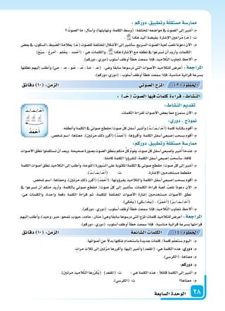 ‫ال�سابعة‬‫الوحدة‬ 28
: ‫ــ‬‫ح‬ ‫ال�سو‬‫ا‬ ‫في‬ ‫كلما‬‫ة‬ ‫قرا‬: ‫الن�سا‬
‫نطقها‬ ‫إليهم‬‫ا‬ ‫أطلب‬‫ا‬‫و‬ )‫ي‬ ِ‫ح‬ - �� ِ‫ح‬ ، ‫�و‬�ُ‫ح‬ - ��ُ‫ح‬ ، ‫�ا‬�َ‫ح‬ - ��َ‫(ح‬ :‫وهي‬ ‫ا‬ً‫ق‬‫�ساب‬ ‫در�سوها‬ ‫التي‬ ‫أ�سوات‬‫ل‬‫ا‬ ‫للتالميذ‬ ‫أعر�س‬‫ا‬ :‫املراجعة‬
.)‫دوركم‬،‫(دوري‬:‫أ�سلوب‬‫ا‬‫أوظف‬‫ا‬‫أ‬‫ا‬‫خط‬‫�سمعت‬‫إذا‬‫ا‬‫ف‬،‫منا�سبة‬‫قرائية‬‫ب�سرعة‬
‫دقائق‬ 10 : ‫م‬ ‫ال‬ ‫وتي‬‫ال�س‬‫ج‬ ‫امل‬ : 3 ‫اخلطوة‬
: ‫الن�سا‬ ‫تقد‬
.‫الكلمات‬‫لقراءة‬‫أ�سوات‬‫ل‬‫ا‬‫بع�س‬ً‫ا‬‫مع‬‫�سنمزج‬ َ‫ن‬‫آ‬‫ل‬‫ا‬:‫م‬
: ‫دور‬ ‫ج‬ ‫و‬
.‫أنطقه‬‫ا‬‫و‬‫الكلمة‬‫يف‬ ّ‫�سوتي‬ ‫�سوت/مقطع‬ ِّ‫ل‬‫ك‬‫أ�سفل‬‫ا‬‫أ�سر‬‫ا‬‫و‬)ُ‫د‬���/��َ‫م‬���/��ْ‫ح‬َ‫أ‬‫ا‬(‫كلمة‬‫بكتابة‬‫أقوم‬‫ا‬:‫م‬
.‫�سخ�س‬‫ا�سم‬:‫معناها‬ ،)‫تن‬ّ‫ر‬‫م‬‫ذلك‬‫أكرر‬‫ا‬()ُ‫د‬َ‫م‬ْ‫ح‬َ‫أ‬‫ا‬(:‫ؤها‬‫و‬‫أقر‬‫ا‬‫و‬ ‫الكلمة‬‫أ�سفل‬‫ا‬‫إ�سبعي‬‫ا‬‫ب�سحب‬‫أقوم‬‫ا‬:‫م‬
:‫دوركم‬ ‫وتطبيق‬‫ة‬‫م�ستقل‬‫ار�سة‬
‫أ�سوات‬‫ل‬‫ا‬‫نطق‬‫ت�ستكملوا‬ ْ‫أن‬‫ا‬‫وبعد‬.‫�سحيحة‬‫ب�سورة‬‫ال�سوت‬ ِ‫بنطق‬‫منكم‬ ُّ‫كل‬ ُ‫م‬‫يقو‬،‫�سوت‬ ّ‫ل‬‫ك‬‫أ�سفل‬‫ا‬‫إ�سبعي‬‫ا‬‫ب‬‫�سر‬ُ‫أ‬‫ا‬‫عندما‬:‫م‬
.‫كاملة‬‫الكلمة‬‫ؤوا‬‫و‬‫لتقر‬،‫الكلمة‬‫أ�سفل‬‫ا‬‫إ�سبعي‬‫ا‬ ُ‫أ�سحب‬‫ا‬‫�س‬،‫كافة‬
‫الكلمة‬‫أ�سوات‬‫ا‬‫نطق‬‫التالميذ‬‫إىل‬‫ا‬‫أطلب‬‫ا‬‫و‬،‫وحة‬ّ‫ل‬‫بورة/ال‬ّ‫ال�س‬‫على‬‫املكتوبة‬‫الكلمة‬‫يف‬‫�سوتي‬‫مقطع‬/‫�سوت‬ ِّ‫ل‬‫ك‬‫إىل‬‫ا‬‫أ�سر‬‫ا‬:‫م‬
.)ُ‫د‬���/���َ‫م‬��/��ْ‫ح‬َ‫أ‬‫ا‬( :‫ت‬ .‫إ�سارة‬‫ل‬‫ا‬‫م�ستخدمن‬‫مقطعة‬
.‫�سخ�س‬‫ا�سم‬:‫ومعناها‬.)‫تن‬ّ‫ر‬‫م‬‫ذلك‬‫أكرر‬‫ا‬()ُ‫د‬َ‫م‬ْ‫ح‬َ‫أ‬‫ا‬(:‫ؤونها‬‫و‬‫يقر‬‫والتالميذ‬‫الكلمة‬‫أ�سفل‬‫ا‬‫إ�سبعي‬‫ا‬‫ب�سحب‬‫أقوم‬‫ا‬:‫م‬
‫يف‬ ‫ت�سرعوا‬ ‫أن‬‫ا‬ ‫منكم‬ ‫أريد‬‫ا‬‫و‬ ،‫بالكلمة‬ ‫�سوتي‬ ‫مقطع‬ /‫�سوت‬ ّ‫ل‬‫ك‬ ‫إىل‬‫ا‬ ‫أ�سر‬‫ا‬‫�س‬ ،‫الكلمات‬ ‫قراءة‬ َ‫ة‬‫لعب‬ ُ‫نلعب‬ ‫دعونا‬ ‫آن‬‫ل‬‫ا‬ :‫م‬
:‫هي‬ ‫والكلمات‬ ،‫واحدة‬ ‫دفعة‬ ‫الكلمة‬ ‫قراءة‬ ‫ثم‬ ،‫للكلمة‬ ‫املختلفة‬ ‫أ�سوات‬‫ل‬‫ا‬ ‫إ�سارة‬‫ا‬ ‫م�ستخدمن‬ ‫أ�سوات‬‫ل‬‫ا‬ ‫نطق‬
.)‫كي‬ ْ‫ح‬َ‫ي‬()‫ِي‬‫ك‬����/�� ْ‫ح‬َ‫ي‬(-)ُ‫ر‬َ‫م‬ْ‫ح‬َ‫أ‬‫ا‬()ُ‫ر‬����/���َ‫م‬���/��ْ‫ح‬َ‫أ‬‫ا‬(
.)‫دوركم‬،‫(دوري‬:‫أ�سلوب‬‫ا‬‫أوظف‬‫ا‬ً‫أ‬‫ا‬‫خط‬‫�سمعت‬‫إذا‬‫ا‬‫ف‬،‫يذ‬ِ‫الم‬َّ‫ت‬‫ال‬‫جتاوب‬ ‫ألح‬‫ا‬:‫م‬
:‫دوركم‬ ‫وتطبيق‬‫ة‬‫م�ستقل‬‫ار�سة‬
ُ‫ال�سوت‬‫ما‬:‫أل‬‫ا‬‫أ�س‬‫ا‬‫و‬،)‫ونهايتها‬،‫الكلمة‬‫(و�سط‬:‫املختلفة‬‫موا�سعه‬‫يف‬‫ال�سوت‬‫إىل‬‫ا‬‫أ�سر‬‫ا‬:‫م‬
. ‫هكذا‬‫اليد‬‫بقب�سة‬ ‫إ�سارة‬‫ل‬‫ا‬‫راعن‬ُ‫م‬)��ْ‫(ح‬:‫ت‬
‫بع�س‬‫يف‬ ‫ال�سكون‬ ‫بط‬ ّ‫ال�س‬‫بعالمة‬ )�ْ‫(ح‬‫لل�سوت‬‫املختلفة‬‫أ�سكال‬‫ل‬‫ا‬‫إىل‬‫ا‬‫أ�سر‬‫ا‬‫�س‬،‫ال�سريع‬‫وت‬ ّ‫ال�س‬ َ‫ة‬‫لعب‬ ُ‫نلعب‬‫دعونا‬‫آن‬‫ل‬‫ا‬ :‫م‬
)ْ‫ح‬ِّ‫ب‬َ‫�س‬- ْ‫ح‬‫أمر‬‫ا‬-‫لم‬ ْ‫يح‬-‫مد‬ْ‫أح‬‫ا‬(:‫هي‬،‫والكلمات‬، ‫هكذا‬‫إ�سارة‬‫ل‬‫ا‬‫مع‬‫نطقه‬‫يف‬‫ت�سرعوا‬‫أن‬‫ا‬‫أريد‬‫ا‬‫و‬،‫الكلمات‬
.)‫دوركم‬،‫(دوري‬‫أ�سلوب‬‫ا‬‫أوظف‬‫ا‬ً‫أ‬‫ا‬‫خط‬‫�سمعت‬‫إذا‬‫ا‬‫ف‬،‫يذ‬ِ‫الم‬َّ‫ت‬‫ال‬‫جتاوب‬ ‫ألح‬‫ا‬:‫م‬
‫إليهم‬‫ا‬‫أطلب‬‫ا‬‫و‬،)‫وحيد‬،‫حرب‬،‫متحو‬،‫حبوب‬،‫حامد‬،‫وهي(حنان‬‫ا‬ً‫ق‬‫�ساب‬‫در�سوها‬‫التي‬‫املزج‬‫كلمات‬‫للتالميذ‬‫أعر�س‬‫ا‬:‫املراجعة‬
.)‫دوركم‬،‫(دوري‬:‫أ�سلوب‬‫ا‬‫أوظف‬‫ا‬‫أ‬‫ا‬‫خط‬‫�سمعت‬‫إذا‬‫ا‬‫ف‬ ،‫منا�سبة‬‫قرائية‬‫ب�سرعة‬‫قراءتها‬
.‫أ�سواتها‬‫ا‬‫عن‬ ً‫ل‬‫بد‬‫ِها‬‫ل‬‫�سك‬‫با�ستخدام‬ ً‫ة‬‫جديد‬‫كلمات‬/ً‫ة‬‫كلم‬‫م‬ّ‫ل‬‫نتع‬َ‫�س‬‫اليوم‬ :‫م‬
.‫مرات‬‫ثالث‬‫إىل‬‫ا‬‫تن‬َّ‫ر‬‫م‬‫أكررها‬‫ا‬‫و‬،‫إليها‬‫ا‬‫أ�سر‬‫ا‬‫و‬)‫(املقعد‬:‫هي‬‫الكلمة‬‫هذه‬: ‫دور‬:‫م‬
.)‫(الكر�سي‬:‫معناها‬:‫م‬
:‫دوركم‬:‫م‬
.)‫مرتن‬‫يذ‬ِ‫الم‬َّ‫ت‬‫ال‬‫رها‬ِّ‫ر‬َ‫ك‬ُ‫ي‬( )‫(املقعد‬:‫ت‬ :‫هي‬‫الكلمة‬‫هذه‬: ً‫ال‬‫قائ‬‫الكلمة‬‫إىل‬‫ا‬‫أ�سر‬‫ا‬:‫م‬
.)‫(الكر�سي‬:‫ت‬ ‫معناها‬ :‫م‬
‫دقائق‬ 10 : ‫م‬ ‫ال‬ ‫ائعة‬‫ال�س‬ ‫الكلما‬ : 4 ‫اخلطوة‬
ُ‫د‬���/��َ‫م‬���/��ْ‫أح‬‫ا‬
ُ‫د‬‫م‬‫ح‬‫أ‬‫ا‬
 