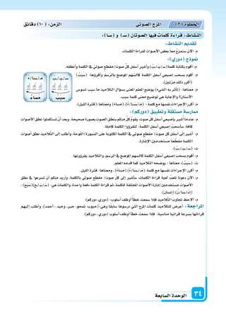 ‫ال�سابعة‬‫الوحدة‬ 34
: ‫دوركم‬ ‫وتطبيق‬‫ة‬‫م�ستقل‬‫ار�سة‬
‫أ�سوات‬‫ل‬‫ا‬‫نطق‬‫ت�ستكملوا‬ ْ‫أن‬‫ا‬‫وبعد‬.‫�سحيحة‬‫ب�سورة‬ ِ‫ال�سوت‬ ِ‫بنطق‬‫منكم‬ ُ‫ل‬‫ك‬ ُ‫م‬‫يقو‬،‫�سوت‬ ّ‫ل‬‫ك‬‫أ�سفل‬‫ا‬‫إ�سبعي‬‫ا‬‫ب‬‫�سر‬ُ‫أ‬‫ا‬‫عندما‬:‫م‬
.‫كاملة‬‫الكلمة‬‫ؤوا‬‫و‬‫لتقر‬‫الكلمة؛‬‫أ�سفل‬‫ا‬‫إ�سبعي‬‫ا‬ ُ‫أ�سحب‬‫ا‬‫�س‬،‫كافة‬
‫أ�سوات‬‫ا‬‫نطق‬‫يذ‬ِ‫الم‬َّ‫ت‬‫ال‬‫إىل‬‫ا‬‫أطلب‬‫ا‬‫و‬،‫وحة‬ّ‫ل‬‫بورة/ال‬ّ‫ال�س‬‫على‬‫املكتوبة‬‫الكلمة‬‫يف‬‫�سوتي‬‫مقطع‬/‫�سوت‬ ِ‫كل‬‫أ�سفل‬‫ا‬‫إىل‬‫ا‬‫أ�سر‬‫ا‬ :‫م‬
.‫إ�سارة‬‫ل‬‫ا‬‫م�ستخدمن‬‫عة‬ َّ‫مقط‬‫الكلمة‬
.) ُ‫�ب‬��/���َ‫ب‬���/�َ‫(�س‬:‫ت‬
.‫ؤونها‬‫و‬‫يقر‬‫والتالميذ‬،‫الر�سم‬‫يف‬‫املو�سح‬‫كال�سهم‬‫الكلمة‬‫أ�سفل‬‫ا‬‫إ�سبعي‬‫ا‬‫ب�سحب‬‫أقوم‬‫ا‬:‫م‬
.‫املعلم‬‫قدمه‬‫كما‬‫التالميذ‬‫يو�سحه‬:‫معناها‬،) ُ‫ب‬َ‫ب‬َ‫(�س‬:‫ت‬
.‫الليل‬‫فرتة‬:‫ومعناها‬،)ُ‫ء‬‫ا‬َ‫�س‬َ‫م‬()ُ‫ء‬/‫ا‬َ‫��س‬��/��َ‫م‬(:‫كلمة‬‫مع‬‫نف�سها‬‫إجراءات‬‫ل‬‫ا‬‫أكرر‬‫ا‬:‫م‬
‫نطق‬ ‫يف‬ ‫ت�سرعوا‬ ‫أن‬‫ا‬ ‫منكم‬ ‫أريد‬‫ا‬‫و‬ ،‫بالكلمة‬ ‫�سوتي‬ ‫مقطع‬ /‫�سوت‬ ّ‫ل‬‫ك‬ ‫إىل‬‫ا‬ ‫أ�سر‬‫ا‬‫�س‬ ،‫الكلمات‬ ‫قراءة‬ َ‫ة‬‫لعب‬ ُ‫نلعب‬ ‫دعونا‬ ‫آن‬‫ل‬‫ا‬ :‫م‬
، )َ‫ح‬َ‫ب‬َ‫�ح)(�س‬�/��َ‫ب‬��/�َ‫(�س‬ :‫هي‬ ‫والكلمات‬ ،‫واحدة‬ ‫دفعة‬ ‫الكلمة‬ ‫قراءة‬ ‫ثم‬ ،‫للكلمة‬ ‫املختلفة‬ ‫أ�سوات‬‫ل‬‫ا‬ ‫إ�سارة‬‫ا‬ ‫م�ستخدمن‬ ‫أ�سوات‬‫ل‬‫ا‬
.)‫إن�سان‬‫ا‬()ُ‫ن‬/‫ا‬َ‫��س‬�/��ْ‫ن‬‫إ‬‫ا‬(
.)‫دوركم‬،‫(دوري‬:‫أ�سلوب‬‫ا‬‫أوظف‬‫ا‬ً‫أ‬‫ا‬‫خط‬‫�سمعت‬‫إذا‬‫ا‬‫ف‬‫يذ‬ِ‫الم‬َّ‫ت‬‫ال‬ َ‫جتاوب‬ ‫ألح‬‫ا‬:‫م‬
‫إليهم‬‫ا‬ ‫أطلب‬‫ا‬‫و‬ ،)‫أحمد‬‫ا‬ ، ‫وحيد‬ ،‫حرب‬ ،‫متحو‬ ،‫وهي:(حبوب‬ ‫ا‬ً‫ق‬‫�ساب‬ ‫در�سوها‬ ‫التي‬ ‫املزج‬ ‫كلمات‬ ‫للتالميذ‬ ‫أعر�س‬‫ا‬ :‫املراجعة‬
.)‫دوركم‬،‫(دوري‬‫أ�سلوب‬‫ا‬‫أوظف‬‫ا‬‫أ‬‫ا‬‫خط‬‫�سمعت‬‫إذا‬‫ا‬‫ف‬ ،‫منا�سبة‬‫قرائية‬‫ب�سرعة‬‫قراءتها‬
: ‫الن�سا‬ ‫تقد‬
.‫الكلمات‬‫لقراءة‬ ِ‫أ�سوات‬‫ل‬‫ا‬‫بع�س‬ً‫ا‬‫مع‬ ُ‫ج‬‫�سنمز‬ َ‫ن‬‫آ‬‫ل‬‫ا‬:‫م‬
: ‫دور‬ ‫ج‬ ‫و‬
.‫أنطقه‬‫ا‬‫و‬‫الكلمة‬‫يف‬ ّ‫�سوتي‬ ‫�سوت/مقطع‬ ِّ‫ل‬‫ك‬‫أ�سفل‬‫ا‬‫أ�سر‬‫ا‬‫و‬) ُ‫�ب‬�/��َ‫ب‬��/�َ‫كلمة(�س‬‫بكتابة‬‫أقوم‬‫ا‬:‫م‬
‫دقائق‬ 10 : ‫م‬ ‫ال‬ ‫وتي‬‫ال�س‬‫ج‬ ‫امل‬ : 3 ‫اخلطوة‬
: ‫ـا‬‫�س‬ ‫و‬ ‫ـ‬‫�س‬ ‫ال�سوتان‬‫ا‬ ‫في‬ ‫كلما‬‫ة‬ ‫قرا‬: ‫الن�سا‬
) ُ‫ب‬َ‫ب‬َ‫(�س‬ :‫ؤها‬‫و‬‫أقر‬‫ا‬‫و‬ ‫�سم‬ّ‫ر‬‫بال‬ ‫املو�سح‬ ‫هم‬ّ‫كال�س‬ ‫الكلمة‬ ‫أ�سفل‬‫ا‬ ‫إ�سبعي‬‫ا‬ ‫ب�سحب‬ ‫أقوم‬‫ا‬ :‫م‬
.)‫تن‬ّ‫ر‬‫م‬‫ذلك‬‫أكرر‬‫ا‬(
‫ت�سو�س‬ ‫�سبب‬ ‫ما‬ ‫التالميذ‬ ‫ؤال‬‫و‬‫ب�س‬ ‫املعنى‬ ‫املعلم‬ ‫يو�سح‬ )‫ال�سيء‬ ‫به‬ ‫أثر‬‫ا‬‫(ت‬ :‫معناها‬ :‫م‬
.‫�سبب‬‫كلمة‬‫معنى‬‫تو�سيح‬‫هي‬‫إجابة‬‫ل‬‫وا‬ ‫أ�سنان‬‫ل‬‫ا‬
.)‫الليل‬‫ومعناها:(فرتة‬ )‫(م�ساء‬،)ُ‫ء‬/‫�ا‬���َ‫��س‬�/�َ‫م‬( :‫كلمة‬‫مع‬‫نف�سها‬‫إجراءات‬‫ل‬‫ا‬‫أكرر‬‫ا‬:‫م‬
ُ‫�ب‬�/��َ‫ب‬��/�َ‫�س‬
ُ ‫ب‬‫�س‬
ُ‫ء‬/‫ا‬َ‫��س‬�/�َ‫م‬
ُ ‫ا‬‫�س‬‫م‬
 