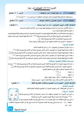 ‫ال�سابعة‬‫الوحدة‬37
‫دقائق‬5 ‫�سماعا‬ ‫و‬ ُ‫�س‬ ‫و‬ ‫ـ‬ ُ‫�س‬ :‫ال�سوتني‬ ‫يي‬ : ‫أو‬‫ل‬‫ا‬ ‫الن�سا‬
‫و‬ ُ‫�س‬ ‫ـ‬ ُ‫�س‬ ‫ال�سوتان‬: 2 2 7 ‫ر�س‬َّ‫الد‬
.)7(‫الوحدة‬)2-1-7(‫ّر�س‬‫د‬‫ال‬‫من‬)1(‫اخلطوة‬‫حتت‬‫إليها‬‫ا‬‫امل�سار‬‫للتعليمات‬ً‫ا‬‫وفق‬‫امل�ستقلة‬‫ة‬ ّ‫ِ�س‬‫ق‬‫ال‬‫راجع‬-
.‫الراجعة‬ ‫التغذية‬ ‫أقدم‬‫ا‬ َّ‫م‬ُ‫ث‬ ، )‫(�س‬ ‫�سوت‬ ‫فيها‬ ،‫يعرفونها‬ ‫أ�سياء‬‫ا‬ ‫أو‬‫ا‬ ،‫أ�سماء‬‫ا‬ ‫عن‬ ‫يذ‬ِ‫َّالم‬‫ت‬‫ال‬ ‫أل‬‫ا‬‫أ�س‬‫ا‬ :‫م‬
.)‫(�س‬‫أ�سوات‬‫ا‬‫فيها‬‫كلمات‬‫أية‬‫ا‬‫أتقبل‬‫ا‬:‫م‬
‫ال�سوت‬‫فيها‬‫كان‬‫إذا‬‫ا‬‫ف‬،‫بالواو‬‫املمدود‬)‫و‬ُ‫(�س‬‫ال�سوت‬‫أو‬‫ا‬،‫امل�سموم‬)�ُ‫(�س‬‫ال�سوت‬‫فيها‬‫كلمات‬‫أقول‬‫ا‬‫و�س‬،‫إ�سارات‬‫ل‬‫ا‬‫لعبة‬‫�سنلعب‬‫اليوم‬:‫م‬
‫بالواو‬‫املمدود‬)‫و‬ُ‫(�س‬‫ال�سوت‬‫فيها‬‫كان‬‫إذا‬‫ا‬‫ا‬ّ‫م‬‫أ‬‫ا‬، ‫هكذا‬‫تدويرها‬‫مع‬‫أمام‬‫ل‬‫ا‬‫إىل‬‫ا‬‫ابة‬َّ‫ب‬‫ال�س‬‫إ�سبع‬‫ا‬‫ب‬‫أ�سر‬‫ا‬‫امل�سموم‬)�ُ‫(�س‬
. ‫هكذا‬‫تدويرهما‬‫مع‬‫أمام‬‫ل‬‫ا‬‫إىل‬‫ا‬ ِ ْ‫ن‬َ‫ت‬َ‫ب‬‫ا‬َّ‫ب‬َّ‫ال�س‬‫إ�سبعي‬‫ا‬‫ب‬‫أ�سر‬‫ا‬
.ً‫ا‬‫�سماع‬‫اعر�سها‬‫ولكن‬‫ال�سبورة‬‫على‬‫مكتوبة‬‫الكلمات‬‫هذه‬‫تعر�س‬‫ل‬:‫ملحوظة‬
: ‫دور‬ ‫ج‬ ‫و‬
:‫آتية‬‫ل‬‫ا‬‫الكلمات‬‫يف‬)‫�و‬ُ‫(�س‬‫و‬ )�ُ‫(�س‬:‫ال�سوتن‬‫إىل‬‫ا‬‫ت�ستمعوا‬‫أن‬‫ا‬‫منكم‬‫أريد‬‫ا‬:‫م‬
. ‫هكذا‬،‫تدويرها‬‫مع‬‫أمام‬‫ل‬‫ا‬‫إىل‬‫ا‬‫ال�سبابة‬‫إ�سبع‬‫ا‬‫ب‬‫أ�سر‬‫ا‬‫�س‬‫لذلك‬‫امل�سموم؛‬)�ُ‫(�س‬ ُ‫ال�سوت‬‫فيها‬)‫عاد‬ُ‫(�س‬‫كلمة‬:‫م‬
‫هكذا‬،‫تدويرهما‬‫مع‬‫أمام‬‫ل‬‫ا‬‫إىل‬‫ا‬‫ال�سبابتن‬‫إ�سبعي‬‫ا‬‫ب‬‫أ�سر‬‫ا‬‫�س‬‫لذلك‬‫بالواو؛‬‫املمدود‬)‫و‬ُ‫(�س‬ ُ‫ال�سوت‬‫فيها‬)‫وق‬ُ‫(�س‬‫م:كلمة‬
. ‫هكذا‬،‫تدويرها‬‫مع‬‫أمام‬‫ل‬‫ا‬‫إىل‬‫ا‬‫ال�سبابة‬‫إ�سبع‬‫ا‬‫ب‬‫أ�سر‬‫ا‬‫�س‬‫لذلك‬‫امل�سموم؛‬)��ُ‫(�س‬ ُ‫ال�سوت‬‫فيها‬)‫رور‬ُ‫(�س‬‫كلمة‬:‫م‬
‫هكذا‬،‫تدويرهما‬‫مع‬‫أمام‬‫ل‬‫ا‬‫إىل‬‫ا‬‫ال�سبابتن‬‫إ�سبعي‬‫ا‬‫ب‬‫أ�سر‬‫ا‬‫�س‬‫بالواو؛لذلك‬‫املمدود‬)‫و‬ُ‫(�س‬ ُ‫ال�سوت‬‫فيها‬) ‫و‬ُ‫(ر�س‬‫م:كلمة‬
: ‫دوركم‬ ‫وتطبيق‬‫ة‬‫م�ستقل‬‫ار�سة‬
‫وعندما‬ ، ‫هكذا‬ ‫تدويرها‬ ‫مع‬ ‫أمام‬‫ل‬‫ا‬‫إىل‬‫ا‬ ‫ة‬َ‫ب‬‫ا‬َّ‫ب‬َّ‫ال�س‬ ‫إ�سبع‬‫ا‬‫ب‬ ‫أ�سروا‬‫ا‬ ‫الكلمة‬ ‫يف‬ ‫امل�سموم‬ )�ُ‫(�س‬ ‫ال�سوت‬ ‫ت�سمعون‬ ‫عندما‬ :‫م‬
. ‫هكذا‬‫تدويرهما‬‫مع‬‫أمام‬‫ل‬‫ا‬‫إىل‬‫ا‬‫بابتن‬َّ‫ال�س‬‫إ�سبعي‬‫ا‬‫ب‬‫أ�سروا‬‫ا‬‫الكلمة‬‫يف‬‫بالواو‬‫املمدود‬)‫و‬ُ‫(�س‬‫ال�سوت‬‫ت�سمعون‬
.‫الكلمات‬‫م�سامعكم‬‫على‬‫أ‬‫ا‬‫أقر‬‫ا‬‫و�س‬،‫أعينكم‬‫ا‬‫أغم�سوا‬‫ا‬‫آن‬‫ل‬‫ا‬:‫م‬
. :‫ت‬ .)‫عاد‬ُ‫(�س‬:‫م‬
. :‫ت‬ .)‫وق‬ُ‫(�س‬:‫م‬
.)‫�سوق‬،‫هول‬ُ‫�س‬، ‫و‬ُ‫ر�س‬،‫رور‬ُ‫(�س‬:‫الكلمات‬‫مع‬‫وهكذا‬
.)‫دوركم‬،‫(دوري‬:‫أ�سلوب‬‫ا‬‫أوظف‬‫ا‬ ً‫أ‬‫ا‬‫خط‬‫�سمعت‬‫إذا‬‫ا‬‫ف‬‫يذ‬ِ‫الم‬َّ‫ت‬‫ال‬ َ‫جتاوب‬ ‫ألح‬‫ا‬:‫م‬
‫دقائق‬ 15 : ‫م‬ ‫ال‬ ‫احلرف‬ ‫أ�سكا‬‫ا‬‫و‬ ‫ال�سوتي‬‫الوعي‬ : 2 ‫اخلطوة‬
‫دقائق‬ 5 : ‫م‬ ‫ال‬ ‫افة‬ ‫الن‬ ‫ح‬ ‫ة‬‫ق�س‬‫مراجعة‬ : 1 ‫اخلطوة‬
‫دقائق‬5 ‫كافة‬‫ة‬‫الكتابي‬‫أ�سكاله‬‫ا‬‫ب‬ ‫سمو‬ ‫امل‬ ‫ــ‬ ُ‫�س‬ ‫ال�سو‬: ‫الثا‬ ‫الن�سا‬
: ‫الن�سا‬ ‫تقد‬
.‫كافة‬‫ة‬ّ‫ي‬‫الكتاب‬‫أ�سكاله‬‫ا‬‫ب‬‫امل�سموم‬)�ُ‫(�س‬ َ‫ال�سوت‬‫ف‬ّ‫ر‬‫�سنتع‬‫آن‬‫ل‬‫ا‬:ً‫ال‬‫قائ‬‫وح‬ّ‫ل‬‫ال‬‫إىل‬‫ا‬‫أ�سر‬‫ا‬:‫م‬
: ‫دور‬ ‫ج‬ ‫و‬
‫هكذا‬ ‫تدويرها‬ ‫مع‬ ‫أمام‬‫ل‬‫ا‬ ‫إىل‬‫ا‬ ‫بال�سبابة‬ ً‫ا‬‫م�سر‬ )��ُ‫(�س‬ ‫أنطقه‬‫ا‬‫و‬ ،‫امل�سموم‬ )��ُ‫(�س‬ ‫ال�سوت‬ ‫إىل‬‫ا‬ ‫أ�سر‬‫ا‬ :‫م‬
.)ً‫ة‬‫ثاني‬‫ة‬ّ‫ر‬‫م‬‫أكرره‬‫ا‬(.‫امل�سموم‬‫ال�سوت‬‫حركة‬‫إ�سارة‬‫ا‬‫هذه‬ ّ‫أن‬‫ا‬ً‫ا‬‫مو�سح‬
‫وهذان‬،ً‫ا‬‫م�سموم‬‫الكلمة‬‫بداية‬‫يف‬‫أتي‬‫ا‬‫ي‬‫عندما‬ )��ُ‫(�س‬‫ال�سوت‬‫�سكل‬‫هذا‬:ً‫ال‬‫قائ‬‫وحة‬ّ‫ل‬‫ال‬‫إىل‬‫ا‬‫أ�سر‬‫ا‬:‫م‬
::‫ف�سكاله‬ ،ً‫ا‬‫م�سموم‬ ‫الكلمة‬ ‫آخر‬‫ا‬ ‫يف‬ ‫أتي‬‫ا‬‫ي‬ ‫عندما‬ ‫ا‬ّ‫أم‬‫ا‬ ،ً‫ا‬‫م�سموم‬ ‫الكلمة‬ ‫و�سط‬ ‫يف‬ ‫أتي‬‫ا‬‫ي‬ ‫عندما‬ )��ُ‫��س‬�� - ��ُ‫(�س‬ ::‫�سكاله‬
.) ُ‫�س‬ - ُ‫��س‬��(
‫ــ‬ ُ‫�س‬
‫ــ‬ ُ‫ــ�س‬ ‫ــ‬ ُ‫�س‬
ُ‫�س‬ ُ‫ــ�س‬
 