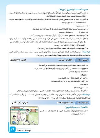 ‫ال�سابعة‬‫الوحدة‬39
: ‫دوركم‬ ‫وتطبيق‬‫ة‬‫م�ستقل‬‫ار�سة‬
‫أ�سوات‬‫ل‬‫ا‬‫نطق‬‫ت�ستكملوا‬ ْ‫أن‬‫ا‬‫وبعد‬.‫�سحيحة‬‫ب�سورة‬‫ال�سوت‬ ِ‫بنطق‬‫منكم‬ ُّ‫كل‬ ُ‫م‬‫يقو‬،‫�سوت‬ ّ‫ل‬‫ك‬‫أ�سفل‬‫ا‬‫إ�سبعي‬‫ا‬‫ب‬‫�سر‬ُ‫أ‬‫ا‬‫عندما‬:‫م‬
.‫كاملة‬‫الكلمة‬‫ؤوا‬‫و‬‫لتقر‬،‫الكلمة‬‫أ�سفل‬‫ا‬‫إ�سبعي‬‫ا‬ ُ‫أ�سحب‬‫ا‬‫�س‬،‫كافة‬
‫أ�سوات‬‫ا‬‫نطق‬‫يذ‬ِ‫الم‬َّ‫ت‬‫ال‬‫إىل‬‫ا‬‫أطلب‬‫ا‬‫و‬،‫وحة‬ّ‫ل‬‫بورة/ال‬ّ‫ال�س‬‫على‬‫املكتوبة‬‫الكلمة‬‫يف‬‫�سوتي‬‫مقطع‬/‫�سوت‬‫كل‬‫أ�سفل‬‫ا‬‫إىل‬‫ا‬‫أ�سر‬‫ا‬ :‫م‬
.‫إ�سارة‬‫ل‬‫ا‬‫م�ستخدمن‬‫عة‬ َّ‫مقط‬‫الكلمة‬
:) ُ‫ُ/�س‬‫د‬��/��ْ‫ن‬ُ‫(�س‬:‫ت‬
.‫ؤونها‬‫و‬‫يقر‬‫والتالميذ‬‫الر�سم‬‫يف‬‫املو�سح‬‫كال�سهم‬‫الكلمة‬‫أ�سفل‬‫ا‬‫إ�سبعي‬‫ا‬‫ب�سحب‬‫أقوم‬‫ا‬:‫م‬
.‫بنت‬‫ا�سم‬:‫معناها‬:‫م‬ .) ُ‫ُ�س‬‫د‬ْ‫ن‬ُ‫(�س‬:‫ت‬
.‫أ�سنان‬‫ل‬‫ا‬‫ي�سيب‬‫مر�س‬:‫ومعناها‬) ُ‫و�س‬ُ‫(�س‬،) ُ‫/�س‬ْ‫و‬ُ‫كلمة:(�س‬‫مع‬‫نف�سها‬‫إجراءات‬‫ل‬‫ا‬‫أكرر‬‫ا‬:‫م‬
‫ت�سرعوا‬ ‫أن‬‫ا‬ ‫منكم‬ ‫أريد‬‫ا‬‫و‬ ،‫بالكلمة‬ ‫�سوتي‬ ‫مقطع‬ /‫�سوت‬ ّ‫ل‬‫ك‬ ‫إىل‬‫ا‬ ‫أ�سر‬‫ا‬‫�س‬ ،‫الكلمات‬ ‫قراءة‬ َ‫ة‬‫لعب‬ ُ‫نلعب‬ ‫دعونا‬ ‫آن‬‫ل‬‫ا‬ :‫م‬
:‫هي‬ ‫والكلمات‬ ،‫واحدة‬ ‫دفعة‬ ‫الكلمة‬ ‫قراءة‬ ‫ثم‬ ،‫للكلمة‬ ‫املختلفة‬ ‫أ�سوات‬‫ل‬‫ا‬ ‫إ�سارة‬‫ا‬ ‫م�ستخدمن‬ ‫أ�سوات‬‫ل‬‫ا‬ ‫نطق‬ ‫يف‬
.)ُ‫وب‬ُ‫�س‬ُ‫ر‬()ُ‫�و/ب‬��ُ‫/�س‬ُ‫ر‬(،)ُ‫ة‬َ‫ر‬ْ‫م‬ُ‫(�س‬،)ُ‫ة‬/َ‫ر‬���/��ْ‫م‬���ُ‫(�س‬
.)‫دوركم‬،‫(دوري‬‫أ�سلوب‬‫ا‬‫أوظف‬‫ا‬ً‫أ‬‫ا‬‫خط‬‫�سمعت‬‫إذا‬‫ا‬‫ف‬،‫يذ‬ِ‫الم‬َّ‫ت‬‫ال‬‫جتاوب‬ ‫ألح‬‫ا‬:‫م‬
‫دقائق‬ 8 : ‫م‬ ‫ال‬ ‫د‬ ‫والت‬ ‫ال�ستما‬ : 5 ‫اخلطوة‬
‫الطيور‬‫رعاية‬ : ُّ‫د‬ ‫الت‬
‫الدر�س‬ )5( ‫رقم‬ ‫اخلطوة‬ ‫يف‬ ‫الواردة‬ ‫للتعليمات‬ ‫ا‬ً‫ق‬‫وف‬ ‫اخلطوة‬ ‫هذه‬ ‫نفذ‬
.)7(‫الوحدة‬)2-1-7(
‫إليهم‬‫ا‬ ‫أطلب‬‫ا‬‫و‬ ،)‫م�ساء‬ ،‫�سبب‬ ،‫أحمد‬‫ا‬ ،‫وحيد‬ ،‫وهي:(حرب‬ ‫ا‬ً‫ق‬‫�ساب‬ ‫در�سوها‬ ‫التي‬ ‫املزج‬ ‫كلمات‬ ‫للتالميذ‬ ‫أعر�س‬‫ا‬ :‫املراجعة‬
.)‫دوركم‬،‫(دوري‬:‫أ�سلوب‬‫ا‬‫أوظف‬‫ا‬‫أ‬‫ا‬‫خط‬‫�سمعت‬‫إذا‬‫ا‬‫ف‬ ،‫منا�سبة‬‫قرائية‬‫ب�سرعة‬‫قراءتها‬
.‫أ�سواتها‬‫ا‬‫عن‬ ً‫ل‬‫بد‬‫ِها‬‫ل‬‫�سك‬‫با�ستخدام‬ ً‫ة‬‫جديد‬‫كلمات‬/ً‫ة‬‫كلم‬‫م‬ّ‫ل‬‫نتع‬َ‫�س‬‫اليوم‬ :‫م‬
.‫مرات‬‫ثالث‬‫إىل‬‫ا‬‫تن‬َّ‫ر‬‫م‬‫أكررها‬‫ا‬‫و‬،‫إليها‬‫ا‬‫أ�سر‬‫ا‬‫و‬)‫أكل‬‫ا‬‫(ت‬:‫هي‬‫الكلمة‬‫هذه‬: ‫دور‬:‫م‬
.)‫الطعام‬‫(تتناول‬:‫معناها‬:‫م‬
:‫دوركم‬:‫م‬
:‫هي‬‫الكلمة‬‫هذه‬: ً‫ال‬‫قائ‬‫الكلمة‬‫إىل‬‫ا‬‫أ�سر‬‫ا‬:‫م‬
.)‫مرات‬‫ثالث‬‫إىل‬‫ا‬‫مرتن‬‫يذ‬ِ‫الم‬َّ‫ت‬‫ال‬‫رها‬ِّ‫ر‬َ‫ك‬ُ‫ي‬( )‫أكل‬‫ا‬‫(ت‬:‫ت‬
. ‫معناها‬:‫م‬
.)‫الطعام‬‫(تتناول‬:‫ت‬
.‫املثال‬‫ب�سرب‬‫املعنى‬‫املعلم‬‫وميثل‬)‫بال�سيء‬‫(الهتمام‬:‫ومعناها‬)‫(العناية‬‫كلمة‬‫مع‬‫نف�سها‬‫إجراءات‬‫ل‬‫ا‬‫أكرر‬‫ا‬:‫م‬
‫دقائق‬ 7 : ‫م‬ ‫ال‬ ‫ائعة‬‫ال�س‬ ‫الكلما‬ : 4 ‫اخلطوة‬
‫تعليمات‬ ً‫ا‬‫متبع‬ ،)‫ب‬ِّ‫ك‬‫أر‬‫ا‬ ،‫م�سمار‬ ،‫املقعد‬ ،‫احللوى‬ ،‫ا‬ً‫ر‬‫(كث‬ : ‫وهي‬ ،‫ا‬ً‫ق‬‫�ساب‬ ‫در�سوها‬ ‫التي‬ ‫الكلمات‬ ‫يذ‬ِ‫الم‬َّ‫ت‬‫لل‬ ‫أعر�س‬‫ا‬ :‫املراجعة‬
.)7(‫الوحدة‬)1-1-7(‫الدر�س‬)4(‫اخلطوة‬‫يف‬‫وردت‬‫التي‬‫ال�سائعة‬‫الكلمات‬‫لعبة‬
 