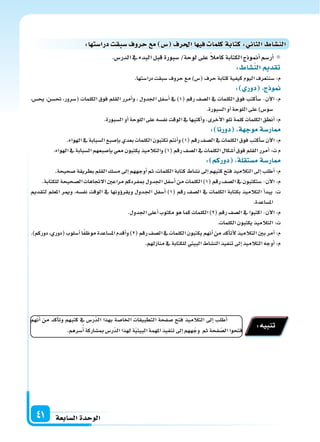 ‫ال�سابعة‬‫الوحدة‬41
.‫الدر�س‬‫يف‬ ‫البدء‬‫قبل‬‫�سبورة‬/‫لوحة‬‫على‬ ً‫ال‬‫كام‬‫الكتابة‬‫أمنوذج‬‫ا‬‫أر�سم‬‫ا‬
: ‫الن�سا‬ ‫تقد‬
.‫درا�ستها‬‫�سبقت‬‫حروف‬‫مع‬)‫(�س‬‫حرف‬‫كتابة‬‫كيفية‬‫اليوم‬‫�سنتعرف‬:‫م‬
: ‫دور‬ ‫ج‬ ‫و‬
،‫يح�س‬ ،‫حت�سن‬ ،‫(�سرور‬ ‫الكلمات‬ ‫فوق‬ ‫القلم‬ ‫أمرر‬‫ا‬‫و‬ ، ‫اجلدول‬ ‫أ�سفل‬‫ا‬ ‫يف‬ )1( ‫رقم‬ ‫ال�سف‬ ‫يف‬ ‫الكلمات‬ ‫فوق‬ ‫أكتب‬‫ا‬‫�س‬ -‫آن‬‫ل‬‫ا‬ :‫م‬
.‫ال�سبورة‬‫أو‬‫ا‬‫اللوحة‬‫على‬)‫�سو�س‬
.‫ال�سبورة‬‫أو‬‫ا‬‫اللوحة‬‫على‬‫نف�سه‬‫الوقت‬‫يف‬‫أكتبها‬‫ا‬‫و‬،‫أخرى‬‫ل‬‫ا‬‫تلو‬‫كلمة‬‫الكلمات‬‫أنطق‬‫ا‬:‫م‬
: ‫دورنا‬ ‫ة‬ ‫موج‬‫ار�سة‬
.‫الهواء‬‫يف‬‫ال�سبابة‬‫إ�سبع‬‫ا‬‫ب‬‫بعدي‬‫الكلمات‬‫تكتبون‬‫أنتم‬‫ا‬‫و‬)1(‫رقم‬‫ال�سف‬‫يف‬‫الكلمات‬‫فوق‬‫أكتب‬‫ا‬‫�س‬‫آن‬‫ل‬‫ا‬:‫م‬
.‫الهواء‬‫يف‬‫ال�سبابة‬‫إ�سبعهم‬‫ا‬‫ب‬‫معي‬‫يكتبون‬‫والتالميذ‬)1(‫رقم‬‫ال�سف‬‫يف‬‫الكلمات‬‫أ�سكال‬‫ا‬‫فوق‬‫القلم‬‫أمرر‬‫ا‬:‫ت‬‫م‬
: ‫دوركم‬ ‫م�ستقلة‬‫ار�سة‬
.‫�سحيحة‬‫بطريقة‬‫القلم‬‫م�سك‬‫إىل‬‫ا‬‫أوجههم‬‫ا‬‫ثم‬،‫الكلمات‬‫كتابة‬‫ن�ساط‬‫إىل‬‫ا‬‫كتبهم‬‫فتح‬‫التالميذ‬‫إىل‬‫ا‬‫أطلب‬‫ا‬:‫م‬
.‫للكتابة‬‫ال�سحيحة‬‫الجتاهات‬‫مراعن‬‫مبفردكم‬‫اجلدول‬‫أ�سفل‬‫ا‬‫من‬‫الكلمات‬)1(‫رقم‬‫ال�سف‬‫يف‬‫�ستكتبون‬-‫آن‬‫ل‬‫ا‬:‫م‬
‫لتقدمي‬ ‫املعلم‬ ‫ومير‬ ،‫نف�سه‬ ‫الوقت‬ ‫يف‬ ‫ؤونها‬‫و‬‫ويقر‬ ‫�دول‬�‫جل‬‫ا‬ ‫أ�سفل‬‫ا‬ )1( ‫رقم‬ ‫ال�سف‬ ‫يف‬ ‫الكلمات‬ ‫بكتابة‬ ‫التالميذ‬ ‫أ‬‫ا‬‫يبد‬ :‫ت‬
.‫امل�ساعدة‬
.‫اجلدول‬‫أعلى‬‫ا‬‫مكتوب‬‫هو‬‫كما‬‫الكلمات‬)2(‫رقم‬‫ال�سف‬‫يف‬‫اكتبوا‬-‫آن‬‫ل‬‫ا‬:‫م‬
.‫الكلمات‬‫يكتبون‬‫التالميذ‬:‫ت‬
.)‫دوركم‬،‫(دوري‬‫أ�سلوب‬‫ا‬‫ا‬ً‫ف‬‫موظ‬‫امل�ساعدة‬‫أقدم‬‫ا‬‫و‬)2(‫رقم‬‫ال�سف‬‫يف‬‫الكلمات‬‫يكتبون‬‫أنهم‬‫ا‬‫من‬‫أكد‬‫ا‬‫أت‬‫ل‬‫التالميذ‬‫بن‬‫أمر‬‫ا‬:‫م‬
.‫منازلهم‬‫يف‬‫للكتابة‬‫البيتي‬‫الن�ساط‬‫تنفيذ‬‫إىل‬‫ا‬‫التالميذ‬‫أوجه‬‫ا‬:‫م‬
‫هم‬ّ‫ن‬‫أ‬‫ا‬ ‫من‬ ‫أكد‬‫ا‬‫وت‬ ‫كتبهم‬ ‫يف‬ ‫ّر�س‬‫د‬‫ال‬ ‫بهذا‬ ‫اخلا�سة‬ ‫التطبيقات‬ ‫�سفحة‬ ‫فتح‬ ‫التالميذ‬ ‫إىل‬‫ا‬ ‫أطلب‬‫ا‬
.‫�سرهم‬ُ‫أ‬‫ا‬‫مب�ساركة‬‫ّر�س‬‫د‬‫ال‬‫لهذا‬‫ة‬ّ‫ي‬‫البيت‬‫املهمة‬‫تنفيذ‬‫إىل‬‫ا‬‫ههم‬ّ‫وج‬ ‫ثم‬‫فحة‬ ّ‫ال�س‬‫فتحوا‬
:‫تنبيه‬
:‫ا‬ ‫درا�ست‬ ‫�سبق‬‫حروف‬ ‫م‬ ‫�س‬ ‫احلرف‬‫ا‬ ‫في‬ ‫كلما‬‫كتابة‬: ‫الثا‬ ‫الن�سا‬
 