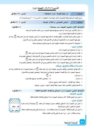 ‫ال�سابعة‬‫الوحدة‬ 46
‫�س‬ ‫ال�سو‬: 4 2 7 ‫ر�س‬َّ‫الد‬
.)7(‫الوحدة‬‫من‬)2-1-7(‫ّر�س‬‫د‬‫ال‬)1(‫اخلطوة‬‫حتت‬‫إليها‬‫ا‬‫امل�سار‬‫للتعليمات‬ً‫ا‬‫وفق‬‫امل�ستقلة‬‫ة‬ ّ‫ِ�س‬‫ق‬‫ال‬‫راجع‬
‫دقائق‬ 5 : ‫م‬ ‫ال‬ ‫افة‬ ‫الن‬ ‫ح‬ ‫ة‬‫ق�س‬‫مراجعة‬ : 1 ‫اخلطوة‬
‫دقائق‬ 10 : ‫م‬ ‫ال‬ ‫احلرف‬ ‫أ�سكا‬‫ا‬‫و‬ ‫ال�سوتي‬‫الوعي‬ : 2 ‫اخلطوة‬
‫دقائق‬5 ‫�سماعا‬ ‫ــ‬‫�س‬ ‫ال�سو‬ ‫يي‬ ‫أو‬‫ل‬‫ا‬ ‫الن�سا‬
‫دقائق‬5 ‫كافة‬‫ة‬‫الكتابي‬‫أ�سكاله‬‫ا‬‫ب‬ ‫ال�ساك‬ ‫ــ‬‫�س‬ ‫:ال�سو‬ ‫الثا‬ ‫الن�سا‬
: ‫الن�سا‬ ‫تقد‬
. ً‫ة‬‫كاف‬‫ة‬ّ‫ي‬‫الكتاب‬‫أ�سكاله‬‫ا‬‫ب‬‫ال�ساكن‬)��ْ‫(�س‬ َ‫ال�سوت‬‫ف‬ّ‫ر‬‫�سنتع‬‫آن‬‫ل‬‫ا‬:ً‫ال‬‫قائ‬،‫وح‬ّ‫ل‬‫ال‬‫إىل‬‫ا‬‫أ�سر‬‫ا‬:‫م‬
: ‫دور‬ ‫ج‬ ‫و‬
‫إ�سارة‬‫ا‬ ‫هذه‬ ّ‫أن‬‫ا‬ ً‫ا‬‫مو�سح‬ ‫هكذا‬ ‫اليد‬ ‫بقب�سة‬ ‫ا‬ً‫ر‬‫م�س‬ ،‫أنطقه‬‫ا‬‫و‬ ‫ال�ساكن‬ )��ْ‫(�س‬ ‫ال�سوت‬ ‫إىل‬‫ا‬ ‫أ�سر‬‫ا‬ :‫م‬
.)ً‫ة‬‫ثاني‬‫ة‬ّ‫ر‬‫م‬‫أكرره‬‫ا‬(.‫اكن‬ّ‫ال�س‬‫ال�سوت‬
،ً‫ا‬‫�ساكن‬‫الكلمة‬‫و�سط‬‫يف‬‫أتي‬‫ا‬‫ي‬‫عندما‬)��ْ‫��س‬���-��ْ‫(�س‬‫�سكاله‬‫هذان‬)��ْ‫(�س‬‫ال�سوت‬:ً‫ال‬‫قائ‬‫وحة‬ّ‫ل‬‫ال‬‫إىل‬‫ا‬‫أ�سر‬‫ا‬:‫م‬
.ً‫ا‬‫�ساكن‬‫الكلمة‬‫آخر‬‫ا‬‫يف‬‫أتي‬‫ا‬‫ي‬‫عندما‬ ) ْ‫�س‬- ْ‫��س‬���(:‫�سكاله‬‫وهذان‬
.‫الراجعة‬‫التغذية‬‫أقدم‬‫ا‬‫و‬،)‫(�س‬‫ال�سوت‬‫فيها‬‫يعرفونها‬‫أ�سياء‬‫ا‬‫أو‬‫ا‬،‫أ�سماء‬‫ا‬‫عن‬‫يذ‬ِ‫الم‬َّ‫ت‬‫ال‬‫أل‬‫ا‬‫أ�س‬‫ا‬:‫م‬
.)‫(�س‬‫أ�سوات‬‫ا‬‫فيها‬‫كلمات‬‫أية‬‫ا‬‫أتقبل‬‫ا‬:‫م‬
‫مل‬‫إذا‬‫ا‬‫و‬ ‫هكذا‬‫أعلى‬‫ا‬‫إىل‬‫ا‬‫اليد‬‫بقب�سة‬‫أ�سر‬‫ا‬)��ْ‫(�س‬‫ال�سوت‬‫فيها‬‫كان‬‫إذا‬‫ا‬،‫كلمات‬‫أقول‬‫ا‬‫�س‬،‫إ�سارات‬‫ل‬‫ا‬ َ‫ة‬‫لعب‬‫�سنلعب‬‫اليوم‬ :‫م‬
.)‫أ�سفل‬‫ل‬‫ا‬‫إىل‬‫ا‬‫يده‬‫املعلم‬‫(يخف�س‬‫هكذا‬‫أ�سفل‬‫ل‬‫ا‬‫إىل‬‫ا‬‫أيديكم‬‫ا‬‫أخف�سوا‬‫ا‬‫ف‬ )���ْ‫(�س‬‫ال�سوت‬‫فيها‬‫يكن‬
.ً‫ا‬‫�سماع‬‫اعر�سها‬‫ولكن‬‫ال�سبورة‬‫على‬‫مكتوبة‬‫الكلمات‬‫هذه‬‫تعر�س‬‫ل‬:‫ملحوظة‬
: ‫دور‬ ‫ج‬ ‫و‬
.)���ْ‫(�س‬‫ال�سوت‬‫إىل‬‫ا‬‫ت�ستمعوا‬‫أن‬‫ا‬‫أريد‬‫ا‬ :‫م‬
. ‫هكذا‬،‫أعلى‬‫ا‬‫إىل‬‫ا‬‫اليد‬‫أ�سابع‬‫ا‬‫بقب�سة‬‫أ�سر‬‫ا‬‫�س‬‫لذلك‬‫�)؛‬��ْ‫(�س‬‫ال�سوت‬‫فيها‬)‫مار‬ْ‫�س‬ِ‫(م‬‫كلمة‬ :‫م‬
.)‫يده‬‫املعلم‬‫(يخف�س‬‫هكذا‬‫أ�سفل‬‫ل‬‫ا‬‫إىل‬‫ا‬‫يدي‬‫أخف�س‬‫ا‬‫�س‬‫لذلك‬‫�)؛‬��ْ‫(�س‬‫ال�سوت‬‫فيها‬‫لي�س‬)‫(جدار‬‫كلمة‬:‫م‬
. ‫هكذا‬،‫أعلى‬‫ا‬‫إىل‬‫ا‬‫اليد‬‫أ�سابع‬‫ا‬‫بقب�سة‬‫أ�سر‬‫ا‬‫�س‬‫لذلك‬‫�)؛‬��ْ‫(�س‬‫ال�سوت‬‫فيها‬ )‫لم‬ْ‫(م�س‬‫كلمة‬:‫م‬
.)‫يده‬‫املعلم‬‫(يخف�س‬‫هكذا‬‫أ�سفل‬‫ل‬‫ا‬‫إىل‬‫ا‬‫يدي‬‫أخف�س‬‫ا‬‫�س‬‫لذلك‬‫�)؛‬��ْ‫(�س‬‫ال�سوت‬‫فيها‬‫لي�س‬)‫(كتاب‬‫كلمة‬:‫م‬
:‫دوركم‬ ‫وتطبيق‬‫ة‬‫م�ستقل‬‫ار�سة‬
‫مل‬ ‫إذا‬‫ا‬‫و‬ ،‫الكلمة‬ ‫يف‬ )���ْ‫(�س‬ َ‫ال�سوت‬ ‫�سمعتم‬ ‫إذا‬‫ا‬ ‫هكذا‬ ‫أعلى‬‫ا‬ ‫إىل‬‫ا‬ ‫اليد‬ ‫بقب�سة‬ ‫أ�سروا‬‫ا‬‫و‬ ،‫م‬ُ‫ك‬ِ‫ن‬ُ‫ي‬‫أع‬‫ا‬ ‫إغما�س‬‫ا‬‫ب‬ ‫قوموا‬ ‫آن‬‫ل‬‫ا‬ :‫م‬
.)‫أ�سفل‬‫ال‬‫ل‬‫يده‬‫املعلم‬‫(يخف�س‬‫هكذا‬‫أ�سفل‬‫ا‬‫إىل‬‫ا‬‫أيديكم‬‫ا‬‫أخف�سوا‬‫ا‬،‫الكلمة‬‫يف‬)���ْ‫(�س‬‫ال�سوت‬‫ت�سمعوا‬
:‫ت‬ .)‫مار‬ْ‫�س‬ِ‫(م‬:‫م‬
.)‫أ�سفل‬‫ال‬‫ل‬‫أيديهم‬‫ا‬‫التالميذ‬‫(يخف�س‬ :‫ت‬ .)‫(جدار‬:‫م‬
.)‫يدخل‬،‫مع‬ْ‫ي�س‬،‫كتاب‬،‫لم‬ْ‫�س‬ُ‫م‬(:‫الكلمات‬‫مع‬‫وهكذا‬
.)‫دوركم‬،‫(دوري‬:‫أ�سلوب‬‫ا‬‫أوظف‬‫ا‬ً‫أ‬‫ا‬‫خط‬‫�سمعت‬‫إذا‬‫ا‬‫ف‬،‫يذ‬ِ‫الم‬َّ‫ت‬‫ال‬‫جتاوب‬ ‫ألح‬‫ا‬:‫م‬
‫ــ‬‫ـــ�س‬
‫�س‬
‫ــ‬‫�س‬
‫ـــ�س‬
 