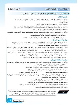 ‫ال�سابعة‬‫الوحدة‬49
: ‫الن�سا‬ ‫تقد‬
.‫مرتبة‬‫غر‬‫حروف‬‫من‬‫كلمة‬‫نركب‬‫كيف‬‫نتعلم‬‫ثم‬،‫مفككة‬‫حروف‬‫من‬‫كلمة‬‫نركب‬‫كيف‬‫�سنتعلم‬-‫آن‬‫ل‬‫ا‬:‫م‬
:)‫(دوري‬‫منوذج‬
.‫بنطقها‬‫أقوم‬‫ا‬‫و‬،‫مفككة‬‫حروف‬‫من‬‫كلمة‬‫أركب‬‫ا‬‫كيف‬‫انظروا‬:‫م‬
.‫واحدة‬‫دفعة‬‫الكلمة‬‫أ‬‫ا‬‫أقر‬‫ا‬‫ثم‬)‫أ�سناين‬‫ا‬(‫هكذا‬‫أكتبها‬‫ا‬‫و‬‫برتكيبها‬‫أقوم‬‫ا‬‫�سوف‬،)‫�نا/ين‬��/��‫س‬�‫أ‬‫ا‬(‫أوىل‬‫ل‬‫ا‬‫الكلمة‬:‫م‬
.‫مرتبة‬‫غر‬‫حروف‬‫من‬‫نف�سها‬‫الكلمة‬‫نركب‬‫كيف‬‫�سنتعلم‬‫آن‬‫ل‬‫ا‬‫أما‬‫ا‬:‫م‬
:‫هي‬ ‫الكلمة‬ ‫وهذه‬ ،‫أركبها‬‫ا‬‫و‬ ‫نف�سها‬ ‫للكلمة‬ ‫ة‬ ‫املبع‬ ‫احلروف‬ ‫ترتيب‬ ‫إعادة‬‫ا‬‫ب‬ ‫أقوم‬‫ا‬‫�س‬ -‫آن‬‫ل‬‫ا‬ :‫أقول‬‫ا‬‫و‬ ‫الكلمة‬ ‫إىل‬‫ا‬ ‫أ�سر‬‫ا‬ :‫م‬
.‫واحدة‬‫دفعة‬‫الكلمة‬‫أ‬‫ا‬‫أقر‬‫ا‬‫ثم‬.)‫أ�سناين‬‫ا‬(‫هكذا‬‫أكتبها‬‫ا‬‫و‬،)‫�/ين‬��‫س‬�‫أ‬‫ا‬/‫�ا‬�‫ن‬���(
.‫بالكتابة‬ ‫أ‬‫ا‬‫يبد‬ ‫احلروف‬ ‫أي‬‫ا‬‫وب‬ ‫ة‬ ‫املبع‬ ‫الكلمة‬ ‫تركيب‬ ‫كيفية‬ ‫للتالميذ‬ ‫املعلم‬ ‫يو�سح‬ •
: ‫دورنا‬ ‫ه‬ ‫موج‬‫ار�سة‬
.‫ذلك‬‫من‬‫أكد‬‫ا‬‫للت‬‫بينهم‬‫أمر‬‫ا‬‫و‬،‫الكلمات‬‫لرتكيب‬‫التعبرية‬‫الكتابة‬‫�سفحة‬‫على‬‫كتبهم‬‫فتح‬‫التالميذ‬‫إىل‬‫ا‬‫أطلب‬‫ا‬:‫م‬
.‫�سحيحة‬‫بطريقة‬‫القلم‬‫مي�سك‬‫تلميذ‬‫كل‬‫أن‬‫ا‬‫من‬‫أكد‬‫ا‬‫أت‬‫ا‬:‫م‬
‫و�سنقوم‬ ، )‫�نا/ين‬��/��‫س‬�‫أ‬‫ا‬( ‫وهي‬ ‫أمامكم‬‫ا‬ ‫املعرو�سة‬ ‫أوىل‬‫ل‬‫ا‬ ‫احلروف‬ ‫جمموعة‬ ‫من‬ ‫أوىل‬‫ل‬‫ا‬ ‫الكلمة‬ ‫معا‬ ‫كب‬ ‫�س‬ ‫آن‬‫ل‬‫ا‬ :‫م‬
.‫معا‬‫ؤونها‬‫و‬‫يقر‬‫ثم‬‫الكلمة‬‫بون‬ِّ‫ك‬‫ير‬:‫م.ت‬ .‫لها‬‫املخ�س�س‬‫املكان‬‫يف‬‫وكتابتها‬،‫بقراءتها‬
‫املكان‬ ‫يف‬ ‫وكتابتها‬ ، ‫بقراءتها‬ ‫و�سنقوم‬ ، ‫معا‬ ‫كبها‬ ‫و�س‬ ‫نف�سها‬ ‫للكلمة‬ ‫ة‬ ‫املبع‬ ‫احلروف‬ ‫ترتيب‬ ‫إعادة‬‫ا‬‫ب‬ ‫�سنقوم‬ ‫آن‬‫ل‬‫ا‬ :‫م‬
.‫معا‬‫ؤونها‬‫و‬‫يقر‬‫ثم‬‫الكلمة‬‫بون‬ِّ‫ك‬‫ير‬:‫م.ت‬ .)‫�/ين‬���‫س‬�‫أ‬‫ا‬/‫�نا‬��(‫هي‬‫الكلمة‬.‫لها‬‫املخ�س�س‬
.‫بالكتابة‬ ‫أ‬‫ا‬‫يبد‬ ‫احلروف‬ ‫أي‬‫ا‬‫وب‬ ‫ة‬ ‫املبع‬ ‫الكلمة‬ ‫تركيب‬ ‫كيفية‬ ‫للتالميذ‬ ‫املعلم‬ ‫يو�سح‬ •
: ‫دوركم‬ ‫م�ستقلة‬‫ار�سة‬
‫حروف‬ ‫من‬ ‫أخرى‬‫ا‬ ‫كلمة‬ ‫برتكيب‬ ‫مبفردكم‬ ‫�ستقومون‬ -‫آن‬‫ل‬‫ا‬ :‫أقول‬‫ا‬‫و‬ ‫اللوحة/ال�سبورة‬ ‫يف‬ ‫التالية‬ ‫الكلمة‬ ‫إىل‬‫ا‬ ‫أ�سر‬‫ا‬ :‫م‬
.‫نف�سه‬‫الوقت‬‫يف‬‫ؤونها‬‫و‬‫و�ستقر‬)‫�م‬���/���‫ي‬��‫س‬�/‫و‬(‫كلمة‬‫وهي‬‫مفككة‬
.‫نف�سه‬‫الوقت‬‫يف‬‫ؤونها‬‫و‬‫ويقر‬،‫كتبهم‬‫يف‬،)‫و�سيم‬(‫كلمة‬‫تركيب‬‫يف‬‫التالميذ‬‫أ‬‫ا‬‫يبد‬:‫ت‬
.)‫دورك‬،‫دوري‬(‫أ�سلوب‬‫ا‬‫بتوظيف‬‫امل�ساعدة‬‫وتقدمي‬،‫للمتابعة‬‫�ة‬/‫املعلم‬‫مير‬:‫م‬
.)‫و�سيم‬(‫كلمة‬‫التالميذ‬‫أ‬‫ا‬‫يقر‬:‫ت‬ .‫الكلمة‬‫قراءة‬‫التالميذ‬‫إىل‬‫ا‬‫املعلم‬‫يطلب‬:‫م‬
‫وتركيبها‬ ‫نف�سها‬ ‫للكلمة‬ ‫ة‬ ‫املبع‬ ‫احلروف‬ ‫ترتيب‬ ‫تعيدون‬ ‫�سوف‬ – ‫آن‬‫ل‬‫ا‬ :‫ويقول‬ ،‫ال�سبورة‬ /‫اللوحة‬ ‫إىل‬‫ا‬ ‫املعلم‬ ‫ي�سر‬ :‫م‬
.‫نف�سه‬‫الوقت‬‫يف‬‫ؤونها‬‫و‬‫تقر‬‫و�سوف‬،)‫�م/و‬���/����‫ي‬‫(�س‬
.‫نف�سه‬‫الوقت‬‫يف‬‫ؤونها‬‫و‬‫ويقر‬،)‫�م/و‬����/����‫ي‬‫(�س‬‫كلمة‬‫تركيب‬‫يف‬‫التالميذ‬‫أ‬‫ا‬‫يبد‬:‫ت‬
.)‫دورك‬،‫(دوري‬‫أ�سلوب‬‫ا‬‫بتوظيف‬‫امل�ساعدة‬‫وتقدمي‬،‫للمتابعة‬‫�ة‬/‫املعلم‬‫مير‬:‫م‬
.)‫و�سيم‬(‫كلمة‬‫التالميذ‬‫أ‬‫ا‬‫يقر‬:‫ت‬ .‫الكلمة‬‫قراءة‬‫التالميذ‬‫إىل‬‫ا‬‫املعلم‬‫يطلب‬:‫م‬
.‫منازلهم‬‫يف‬‫البيتي‬‫الن�ساط‬‫تنفيذ‬‫كيفية‬‫إىل‬‫ا‬‫التالميذ‬‫أوجه‬‫ا‬:‫م‬
‫دقائق‬ 10 : ‫م‬ ‫ال‬ ‫التعبري‬ ‫الكتابة‬ : 7 ‫اخلطوة‬
. ‫ة‬ ‫مبع‬ ‫مرتبة‬‫ري‬ ‫و‬ ‫مرتبة‬‫حروف‬ ‫م‬ ‫كلما‬ ‫تركي‬: ‫أو‬‫ل‬‫ا‬ ‫الن�سا‬
‫أنهم‬‫ا‬ ‫من‬ ‫أكد‬‫ا‬‫وت‬ ‫كتبهم‬ ‫يف‬ ‫الدر�س‬ ‫بهذا‬ ‫اخلا�سة‬ ‫التطبيقات‬ ‫�سفحة‬ ‫فتح‬ ‫التالميذ‬ ‫إىل‬‫ا‬ ‫أطلب‬‫ا‬
.‫أ�سرهم‬‫ا‬‫مب�ساركة‬‫الدر�س‬‫لهذا‬‫البيتية‬‫املهمة‬‫تنفيذ‬‫كيفية‬‫إىل‬‫ا‬‫وجههم‬‫ثم‬‫ال�سفحة‬‫فتحوا‬
:‫تنبيه‬
 