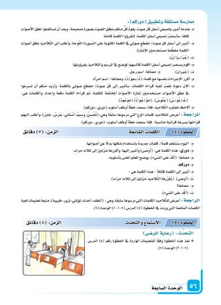 ‫ال�سابعة‬‫الوحدة‬ 56
: ‫دوركم‬ ‫وتطبيق‬‫ة‬‫م�ستقل‬‫ار�سة‬
‫أ�سوات‬‫ل‬‫ا‬‫نطق‬‫ت�ستكملوا‬ ْ‫أن‬‫ا‬‫وبعد‬.‫�سحيحة‬‫ب�سورة‬‫ال�سوت‬ ِ‫بنطق‬‫منكم‬‫كل‬ ُ‫م‬‫يقو‬،‫�سوت‬ ّ‫ل‬‫ك‬‫أ�سفل‬‫ا‬‫إ�سبعي‬‫ا‬‫ب‬‫�سر‬ُ‫أ‬‫ا‬‫عندما‬:‫م‬
.‫كاملة‬‫الكلمة‬‫ؤوا‬‫و‬‫لتقر‬،‫الكلمة‬‫أ�سفل‬‫ا‬‫إ�سبعي‬‫ا‬ ُ‫أ�سحب‬‫ا‬‫�س‬،‫كافة‬
‫أ�سوات‬‫ا‬‫نطق‬‫يذ‬ِ‫الم‬َّ‫ت‬‫ال‬‫إىل‬‫ا‬‫أطلب‬‫ا‬‫و‬،‫وحة‬ّ‫ل‬‫بورة/ال‬ّ‫ال�س‬‫على‬‫املكتوبة‬‫الكلمة‬‫يف‬‫�سوتي‬‫مقطع‬/‫�سوت‬‫كل‬‫أ�سفل‬‫ا‬‫إىل‬‫ا‬‫أ�سر‬‫ا‬ :‫م‬
.‫إ�سارة‬‫ل‬‫ا‬‫م�ستخدمن‬‫عة‬ َّ‫مقط‬‫الكلمة‬
.)ُ‫ا/ن‬َ‫ر‬���/��ْ‫ب‬ُ‫(ج‬:‫ت‬
.‫ؤونها‬‫و‬‫يقر‬‫والتالميذ‬‫الر�سم‬‫يف‬‫املو�سح‬‫كال�سهم‬‫الكلمة‬‫أ�سفل‬‫ا‬‫إ�سبعي‬‫ا‬‫ب�سحب‬‫أقوم‬‫ا‬:‫م‬
.‫رجل‬‫ا�سم‬:‫معناها‬:‫م‬ .)‫ربان‬ُ‫(ج‬:‫ت‬
.‫أة‬‫ا‬‫امر‬‫ا�سم‬:‫ومعناها‬،)ُ‫د‬/‫�جو‬��/��ُ‫ن‬(:‫كلمة‬‫مع‬‫نف�سها‬‫إجراءات‬‫ل‬‫ا‬‫أكرر‬‫ا‬:‫م‬
‫ت�سرعوا‬ ‫أن‬‫ا‬ ‫منكم‬ ‫أريد‬‫ا‬‫و‬ ،‫بالكلمة‬ ‫�سوتي‬ ‫مقطع‬ /‫�سوت‬ ّ‫ل‬‫ك‬ ‫إىل‬‫ا‬ ‫أ�سر‬‫ا‬‫�س‬ ،‫الكلمات‬ ‫قراءة‬ َ‫ة‬‫لعب‬ ُ‫نلعب‬ ‫دعونا‬ ‫آن‬‫ل‬‫ا‬ :‫م‬
:‫هي‬ ‫والكلمات‬ ،‫واحدة‬ ‫دفعة‬ ‫الكلمة‬ ‫قراءة‬ ‫ثم‬ ،‫للكلمة‬ ‫املختلفة‬ ‫أ�سوات‬‫ل‬‫ا‬ ‫إ�سارة‬‫ا‬ ‫م�ستخدمن‬ ‫أ�سوات‬‫ل‬‫ا‬ ‫نطق‬ ‫يف‬
.)ُ‫د‬‫و‬ُ‫ج‬ْ‫و‬َ‫م‬()ُ‫د‬/‫و‬ُ‫/ج‬ْ‫و‬َ‫م‬(،) ُ‫و�س‬ُ‫ل‬ُ‫(ج‬) ُ‫و/�س‬ُ‫ل‬��/��ُ‫(ج‬
.)‫دوركم‬،‫(دوري‬‫أ�سلوب‬‫ا‬‫أوظف‬‫ا‬ً‫أ‬‫ا‬‫خط‬‫�سمعت‬‫إذا‬‫ا‬‫ف‬،‫يذ‬ِ‫الم‬َّ‫ت‬‫ال‬‫جتاوب‬ ‫ألح‬‫ا‬:‫م‬
‫دقائق‬ 8 : ‫م‬ ‫ال‬ ‫د‬ ‫والت‬ ‫ال�ستما‬ : 5 ‫اخلطوة‬
‫س‬ ‫املر‬‫رعاية‬ : ُّ‫د‬ ‫الت‬
‫الدر�س‬ )5( ‫رقم‬ ‫اخلطوة‬ ‫يف‬ ‫الواردة‬ ‫للتعليمات‬ ‫ا‬ً‫ق‬‫وف‬ ‫اخلطوة‬ ‫هذه‬ ‫نفذ‬
.)7(‫الوحدة‬)2-1-7(
‫إليهم‬‫ا‬ ‫أطلب‬‫ا‬‫و‬ ،)ُ‫ر‬ِ‫ب‬‫ا‬َ‫ج‬ ، ُ‫�س‬َ‫ر‬َ‫ج‬ ، ِ‫اين‬َ‫ن‬ْ‫�س‬َ‫أ‬‫ا‬ ،ُ‫م‬‫ي‬ ِ‫�س‬َ‫و‬ ،ُ‫ن‬ ِ‫�س‬ْ ُ‫وهي:(حت‬ ‫ا‬ً‫ق‬‫�ساب‬ ‫در�سوها‬ ‫التي‬ ‫املزج‬ ‫كلمات‬ ‫للتالميذ‬ ‫أعر�س‬‫ا‬ :‫املراجعة‬
.)‫دوركم‬،‫(دوري‬:‫أ�سلوب‬‫ا‬‫أوظف‬‫ا‬‫أ‬‫ا‬‫خط‬‫�سمعت‬‫إذا‬‫ا‬‫ف‬ ،‫منا�سبة‬‫قرائية‬‫ب�سرعة‬‫قراءتها‬
.‫أ�سواتها‬‫ا‬‫عن‬ ً‫ل‬‫بد‬‫ِها‬‫ل‬‫�سك‬‫با�ستخدام‬ ً‫ة‬‫جديد‬‫كلمات‬/ً‫ة‬‫كلم‬‫م‬ّ‫ل‬‫نتع‬َ‫�س‬‫اليوم‬ :‫م‬
.‫مرات‬‫ثالث‬‫إىل‬‫ا‬‫تن‬َّ‫ر‬‫م‬‫أكررها‬‫ا‬‫و‬،‫إليها‬‫ا‬‫أ�سر‬‫ا‬‫و‬)‫ى‬ َ‫�س‬ْ‫و‬َ‫أ‬‫ا‬(:‫هي‬‫الكلمة‬‫هذه‬: ‫دور‬:‫م‬
.‫أ�سلوبه‬‫ا‬‫ب‬‫املعنى‬‫املعلم‬‫يو�سح‬،)‫ال�سيء‬‫على‬ َّ‫د‬‫أك‬‫ا‬(:‫معناها‬:‫م‬
:‫دوركم‬:‫م‬
:‫هي‬‫الكلمة‬‫هذه‬: ً‫ال‬‫قائ‬‫الكلمة‬‫إىل‬‫ا‬‫أ�سر‬‫ا‬:‫م‬
.)‫ات‬ّ‫ر‬‫م‬‫ثالث‬‫إىل‬‫ا‬‫تن‬ّ‫ر‬‫م‬‫يذ‬ِ‫الم‬َّ‫ت‬‫ال‬‫رها‬ِّ‫ر‬َ‫ك‬ُ‫ي‬( )‫أو�سى‬‫ا‬(:‫ت‬
‫معناها‬ :‫م‬
.)‫ال�سيء‬‫َلى‬‫ع‬ َ‫د‬َّ‫ك‬َ‫أ‬‫ا‬(:‫ت‬
‫دقائق‬ 7 : ‫م‬ ‫ال‬ ‫ائعة‬‫ال�س‬ ‫الكلما‬ : 4 ‫اخلطوة‬
‫لعبة‬‫تعليمات‬ً‫ا‬‫متبع‬،)‫طبيبة‬،‫نزور‬،‫ؤملني‬‫و‬‫ت‬،‫أخذت‬‫ا‬،‫أنظف‬‫ا‬(:‫وهي‬،‫ا‬ً‫ق‬‫�ساب‬‫در�سوها‬‫التي‬‫الكلمات‬‫يذ‬ِ‫الم‬َّ‫ت‬‫لل‬‫أعر�س‬‫ا‬:‫املراجعة‬
.)7(‫الوحدة‬)1-1-7(‫الدر�س‬)4(‫اخلطوة‬‫يف‬‫وردت‬‫التي‬‫ال�سائعة‬‫الكلمات‬
 