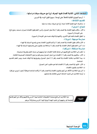 ‫ال�سابعة‬‫الوحدة‬ 58
.‫الدر�س‬‫يف‬ ‫البدء‬‫قبل‬‫�سبورة‬/‫لوحة‬‫على‬ ً‫ال‬‫كام‬‫الكتابة‬‫أمنوذج‬‫ا‬‫أر�سم‬‫ا‬
: ‫الن�سا‬ ‫تقد‬
.‫درا�ستها‬‫�سبقت‬‫حروف‬‫مع‬)‫(ج‬‫حرف‬‫كتابة‬‫كيفية‬‫اليوم‬‫�سنتعرف‬:‫م‬
: ‫دور‬ ‫ج‬ ‫و‬
)‫تاج‬،‫يحج‬،‫م�سجد‬،‫الكلمات(جربان‬‫فوق‬‫القلم‬‫أمرر‬‫ا‬‫و‬،‫اجلدول‬‫أ�سفل‬‫ا‬‫يف‬)1(‫رقم‬‫ال�سف‬‫يف‬‫الكلمات‬‫فوق‬‫أكتب‬‫ا‬‫�س‬-‫آن‬‫ل‬‫م:ا‬
.‫ال�سبورة‬‫أو‬‫ا‬‫اللوحة‬‫على‬
.‫ال�سبورة‬‫أو‬‫ا‬‫اللوحة‬‫على‬‫نف�سه‬‫الوقت‬‫يف‬‫أكتبها‬‫ا‬‫و‬،‫أخرى‬‫ل‬‫ا‬‫تلو‬‫كلمة‬‫الكلمات‬‫أنطق‬‫ا‬:‫م‬
: ‫دورنا‬ ‫ة‬ ‫موج‬‫ار�سة‬
.‫الهواء‬‫يف‬‫ال�سبابة‬‫إ�سبع‬‫ا‬‫ب‬‫بعدي‬‫الكلمات‬‫تكتبون‬‫أنتم‬‫ا‬‫و‬)1(‫رقم‬‫ال�سف‬‫يف‬‫الكلمات‬‫فوق‬‫أكتب‬‫ا‬‫�س‬‫آن‬‫ل‬‫ا‬:‫م‬
.‫الهواء‬‫يف‬‫ال�سبابة‬‫إ�سبعهم‬‫ا‬‫ب‬‫معي‬‫يكتبون‬‫والتالميذ‬)1(‫رقم‬‫ال�سف‬‫يف‬‫الكلمات‬‫أ�سكال‬‫ا‬‫فوق‬‫القلم‬‫أمرر‬‫ا‬:‫ت‬‫م‬
: ‫دوركم‬ ‫م�ستقلة‬‫ار�سة‬
.‫�سحيحة‬‫بطريقة‬‫القلم‬‫م�سك‬‫إىل‬‫ا‬‫أوجههم‬‫ا‬‫ثم‬،‫الكلمات‬‫كتابة‬‫ن�ساط‬‫إىل‬‫ا‬‫كتبهم‬‫فتح‬‫التالميذ‬‫إىل‬‫ا‬‫أطلب‬‫ا‬:‫م‬
.‫للكتابة‬‫ال�سحيحة‬‫الجتاهات‬‫مراعن‬‫مبفردكم‬‫اجلدول‬‫أ�سفل‬‫ا‬‫من‬‫الكلمات‬)1(‫رقم‬‫ال�سف‬‫يف‬‫�ستكتبون‬-‫آن‬‫ل‬‫ا‬:‫م‬
‫لتقدمي‬ ‫املعلم‬ ‫ومير‬ ،‫نف�سه‬ ‫الوقت‬ ‫يف‬ ‫ؤونها‬‫و‬‫ويقر‬ ‫�دول‬�‫جل‬‫ا‬ ‫أ�سفل‬‫ا‬ )1( ‫رقم‬ ‫ال�سف‬ ‫يف‬ ‫الكلمات‬ ‫بكتابة‬ ‫التالميذ‬ ‫أ‬‫ا‬‫يبد‬ :‫ت‬
.‫امل�ساعدة‬
.‫اجلدول‬‫أعلى‬‫ا‬‫مكتوب‬‫هو‬‫كما‬‫الكلمات‬)2(‫رقم‬‫ال�سف‬‫يف‬‫اكتبوا‬-‫آن‬‫ل‬‫ا‬:‫م‬
.‫الكلمات‬‫يكتبون‬‫التالميذ‬:‫ت‬
.)‫دوركم‬،‫(دوري‬‫أ�سلوب‬‫ا‬‫ا‬ً‫ف‬‫موظ‬‫امل�ساعدة‬‫أقدم‬‫ا‬‫و‬)2(‫رقم‬‫ال�سف‬‫يف‬‫الكلمات‬‫يكتبون‬‫أنهم‬‫ا‬‫من‬‫أكد‬‫ا‬‫أت‬‫ل‬‫التالميذ‬‫بن‬‫أمر‬‫ا‬:‫م‬
.‫منازلهم‬‫يف‬‫للكتابة‬‫البيتي‬‫الن�ساط‬‫تنفيذ‬‫إىل‬‫ا‬‫التالميذ‬‫أوجه‬‫ا‬:‫م‬
‫فتحوا‬‫هم‬ّ‫ن‬‫أ‬‫ا‬‫من‬‫أكد‬‫ا‬‫وت‬‫كتبهم‬‫يف‬‫ّر�س‬‫د‬‫ال‬‫بهذا‬‫اخلا�سة‬‫التطبيقات‬‫�سفحة‬‫فتح‬‫إىل‬‫ا‬‫يذ‬ِ‫الم‬َّ‫ت‬‫ال‬‫ه‬َ‫ب‬‫ن‬
.‫�سرهم‬ُ‫أ‬‫ا‬‫مب�ساركة‬‫ّر�س‬‫د‬‫ال‬‫لهذا‬‫ة‬ّ‫ي‬‫البيت‬‫املهمة‬‫تنفيذ‬‫إىل‬‫ا‬‫ههم‬ّ‫وج‬ ‫ثم‬‫فحة‬ ّ‫ال�س‬
:‫تنويه‬
:‫ا‬ ‫درا�ست‬ ‫�سبق‬‫حروف‬ ‫م‬ ‫ج‬ ‫احلرف‬‫ا‬ ‫في‬ ‫كلما‬‫كتابة‬: ‫الثا‬ ‫الن�سا‬
 