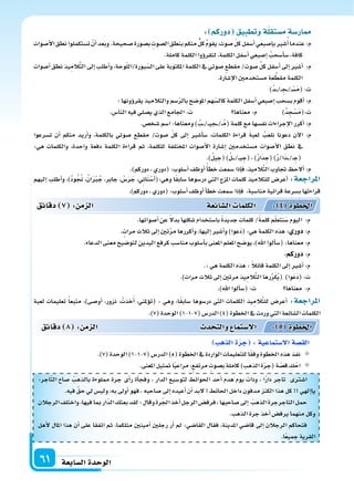 ‫ال�سابعة‬‫الوحدة‬61
:‫اجر‬ّ‫ت‬‫ال‬ ‫�ساح‬ ّ‫بالذهب‬ ‫مملوءة‬ ‫جرة‬ ‫أى‬‫ا‬‫ر‬ ‫أة‬‫ا‬‫وفج‬ ، ‫الدار‬ ‫لتو�سيع‬ ‫احلوائط‬ ‫أحد‬‫ا‬ ‫هدم‬ ‫يوم‬ ‫وذات‬ ، ‫ا‬ً‫ر‬‫دا‬ ‫تاجر‬ ‫ا�سرتى‬
.‫فيه‬ َّ‫ق‬‫ح‬‫يل‬‫ولي�س‬،‫به‬‫أوىل‬‫ا‬‫فهو‬،‫�ساحبه‬‫إىل‬‫ا‬‫أعيده‬‫ا‬‫أن‬‫ا‬‫لبد‬ ‫احلائط‬‫داخل‬‫مدفون‬‫الكنز‬‫هذا‬‫كل‬ ‫إلهي‬‫ا‬‫يا‬
‫الرجالن‬‫واختلف‬،‫فيها‬‫مبا‬‫ّار‬‫د‬‫ال‬‫بعتك‬‫لقد‬:‫وقال‬‫رة‬ّ‫جل‬‫ا‬‫أخذ‬‫ا‬‫الرجل‬‫فرف�س‬،‫�ساحبها‬‫إىل‬‫ا‬ ّ‫الذهب‬‫التاجرجرة‬‫حمل‬
.‫الذهب‬‫جرة‬‫أخذ‬‫ا‬‫يرف�س‬‫منهما‬‫وكل‬
‫أهل‬‫ل‬ ‫املال‬ ‫هذا‬ ‫أن‬‫ا‬ ‫على‬ ‫اتفقا‬ ‫ثم‬ ،‫مثلكما‬ ‫أمينن‬‫ا‬ ‫رجلن‬ ‫أر‬‫ا‬ ‫مل‬ :‫القا�سي‬ ‫فقال‬ ،‫املدينة‬ ‫قا�سي‬ ‫إىل‬‫ا‬ ‫الرجالن‬ ‫فتحاكم‬
.‫ا‬ً‫ع‬‫جمي‬‫القرية‬
‫دقائق‬ 8 : ‫م‬ ‫ال‬ ‫د‬ ‫والت‬ ‫ال�ستما‬ : 5 ‫اخلطوة‬
‫ه‬ ‫ال‬‫ة‬‫جر‬ :‫ال�ستماعية‬‫الق�سة‬
.)7(‫الوحدة‬)1-1-7(‫الدر�س‬)5(‫اخلطوة‬‫يف‬‫الواردة‬‫للتعليمات‬‫ا‬ً‫ق‬‫وف‬‫اخلطوة‬‫هذه‬‫نفذ‬
.‫املعنى‬‫متثيل‬‫ا‬ً‫ي‬‫مراع‬،‫مرتفع‬ ‫ب�سوت‬‫كاملة‬)‫الذهب‬‫ة‬ّ‫ر‬‫(ج‬‫ة‬ ّ‫ق�س‬ ِ‫ك‬ْ‫اح‬
: ‫دوركم‬ ‫وتطبيق‬‫ة‬‫م�ستقل‬‫ار�سة‬
‫أ�سوات‬‫ل‬‫ا‬‫نطق‬‫ت�ستكملوا‬ ْ‫أن‬‫ا‬‫وبعد‬.‫�سحيحة‬‫ب�سورة‬ ِ‫ال�سوت‬ ِ‫بنطق‬‫منكم‬‫كل‬ ُ‫م‬‫يقو‬،‫�سوت‬ ّ‫ل‬‫ك‬‫أ�سفل‬‫ا‬‫إ�سبعي‬‫ا‬‫ب‬‫�سر‬ُ‫أ‬‫ا‬‫عندما‬:‫م‬
.‫كاملة‬‫الكلمة‬‫ؤوا‬‫و‬‫لتقر‬،‫الكلمة‬‫أ�سفل‬‫ا‬‫إ�سبعي‬‫ا‬ ُ‫أ�سحب‬‫ا‬‫�س‬،‫كافة‬
‫أ�سوات‬‫ا‬‫نطق‬‫يذ‬ِ‫الم‬َّ‫ت‬‫ال‬‫إىل‬‫ا‬‫أطلب‬‫ا‬‫و‬،‫وحة‬ّ‫ل‬‫بورة/ال‬ّ‫ال�س‬‫على‬‫املكتوبة‬‫الكلمة‬‫يف‬‫�سوتي‬‫مقطع‬/‫�سوت‬ ِّ‫ل‬‫ك‬‫أ�سفل‬‫ا‬‫إىل‬‫ا‬‫أ�سر‬‫ا‬ :‫م‬
.‫إ�سارة‬‫ل‬‫ا‬‫م�ستخدمن‬‫عة‬ َّ‫مقط‬‫الكلمة‬
)ُ‫د‬���/�� ِ‫�ج‬�/�ْ‫�س‬َ‫م‬(:‫ت‬
:‫ؤونها‬‫و‬‫يقر‬‫والتالميذ‬‫�سم‬ّ‫ر‬‫بال‬‫املو�سح‬‫هم‬ّ‫كال�س‬‫الكلمة‬‫أ�سفل‬‫ا‬‫إ�سبعي‬‫ا‬‫ب�سحب‬‫أقوم‬‫ا‬:‫م‬
.‫النا�س‬‫فيه‬‫ي�سلي‬‫الذي‬‫اجلامع‬:‫ت‬ ‫معناها‬:‫م‬ )ُ‫د‬ ِ‫ج‬ْ‫�س‬َ‫م‬(:‫ت‬
.‫�سخ�س‬‫ا�سم‬:‫ومعناها‬) ُ‫�ب‬��/���‫ي‬‫�ج‬��/��ُ‫م‬(‫كلمة‬‫مع‬‫نف�سها‬‫إجراءات‬‫ل‬‫ا‬‫أكرر‬‫ا‬:‫م‬
‫ت�سرعوا‬ ‫أن‬‫ا‬ ‫منكم‬ ‫أريد‬‫ا‬‫و‬ ،‫بالكلمة‬ ‫�سوتي‬ ‫مقطع‬ /‫�سوت‬ ّ‫ل‬‫ك‬ ‫إىل‬‫ا‬ ‫أ�سر‬‫ا‬‫�س‬ ،‫الكلمات‬ ‫قراءة‬ َ‫ة‬‫لعب‬ ُ‫نلعب‬ ‫دعونا‬ ‫آن‬‫ل‬‫ا‬ :‫م‬
:‫هي‬ ‫والكلمات‬ ،‫واحدة‬ ‫دفعة‬ ‫الكلمة‬ ‫قراءة‬ ‫ثم‬ ،‫للكلمة‬ ‫املختلفة‬ ‫أ�سوات‬‫ل‬‫ا‬ ‫إ�سارة‬‫ا‬ ‫م�ستخدمن‬ ‫أ�سوات‬‫ل‬‫ا‬ ‫نطق‬ ‫يف‬
.)ُ‫ل‬‫ي‬ ِ‫(ج‬)ُ‫ل‬����/���‫ي‬ ِ‫(ج‬،)ُ‫ر‬‫َا‬‫د‬ ِ‫(ج‬)ُ‫ر‬/‫َا‬‫د‬���/�� ِ‫(ج‬
.)‫دوركم‬،‫(دوري‬:‫أ�سلوب‬‫ا‬‫أوظف‬‫ا‬ً‫أ‬‫ا‬‫خط‬‫�سمعت‬‫إذا‬‫ا‬‫ف‬،‫يذ‬ِ‫الم‬َّ‫ت‬‫ال‬‫جتاوب‬ ‫ألح‬‫ا‬:‫م‬
‫إليهم‬‫ا‬ ‫أطلب‬‫ا‬‫و‬ ،)ُ‫د‬‫و‬ُ ُ‫جن‬ ،ُ‫ان‬َ ْ‫رب‬ُ‫ج‬ ،‫جابر‬ ، ُ‫�س‬َ‫ر‬َ‫ج‬ ، ِ‫اين‬َ‫ن‬ْ‫�س‬َ‫أ‬‫ا‬(:‫وهي‬ ‫ا‬ً‫ق‬‫�ساب‬ ‫در�سوها‬ ‫التي‬ ‫املزج‬ ‫كلمات‬ ‫للتالميذ‬ ‫أعر�س‬‫ا‬ :‫املراجعة‬
.)‫دوركم‬،‫(دوري‬:‫أ�سلوب‬‫ا‬‫أوظف‬‫ا‬‫أ‬‫ا‬‫خط‬‫�سمعت‬‫إذا‬‫ا‬‫ف‬ ،‫منا�سبة‬‫قرائية‬‫ب�سرعة‬‫قراءتها‬
.‫أ�سواتها‬‫ا‬‫عن‬ ً‫ل‬‫بد‬‫ِها‬‫ل‬‫�سك‬‫با�ستخدام‬ ً‫ة‬‫جديد‬‫كلمات‬/ً‫ة‬‫كلم‬‫م‬ّ‫ل‬‫نتع‬َ‫�س‬‫اليوم‬ :‫م‬
.‫مرات‬‫ثالث‬‫إىل‬‫ا‬‫تن‬َّ‫ر‬‫م‬‫أكررها‬‫ا‬‫و‬،‫إليها‬‫ا‬‫أ�سر‬‫ا‬‫و‬)‫َعوا‬‫د‬(:‫هي‬‫الكلمة‬‫هذه‬: ‫دور‬:‫م‬
.‫الدعاء‬‫معنى‬‫لتو�سيح‬‫اليدين‬‫كرفع‬‫منا�سب‬‫أ�سلوب‬‫ا‬‫ب‬‫املعنى‬‫املعلم‬‫يو�سح‬،)‫اهلل‬‫ألوا‬‫ا‬‫(�س‬:‫معناها‬:‫م‬
:‫دوركم‬:‫م‬
.:‫هي‬‫الكلمة‬‫هذه‬: ً‫ال‬‫قائ‬‫الكلمة‬‫إىل‬‫ا‬‫أ�سر‬‫ا‬:‫م‬
.)‫مرات‬‫ثالث‬‫إىل‬‫ا‬‫مرتن‬‫يذ‬ِ‫الم‬َّ‫ت‬‫ال‬‫رها‬ِّ‫ر‬َ‫ك‬ُ‫ي‬( )‫َوا‬‫ع‬َ‫د‬(:‫ت‬
.)‫اهلل‬‫ألوا‬‫ا‬‫(�س‬:‫ت‬ ‫معناها‬ :‫م‬
‫لعبة‬ ‫تعليمات‬ ً‫ا‬‫متبع‬ ،)‫أو�سى‬‫ا‬ ،‫نزور‬ ،ْ‫خذت‬َ‫أ‬‫ا‬ ،‫ؤملني‬‫و‬‫(ت‬ : ‫وهي‬ ،‫ا‬ً‫ق‬‫�ساب‬ ‫در�سوها‬ ‫التي‬ ‫الكلمات‬ ‫يذ‬ِ‫الم‬َّ‫ت‬‫لل‬ ‫أعر�س‬‫ا‬ :‫املراجعة‬
.)7(‫الوحدة‬)1-1-7(‫الدر�س‬)4(‫اخلطوة‬‫يف‬‫وردت‬‫التي‬‫ال�سائعة‬‫الكلمات‬
‫دقائق‬ 7 : ‫م‬ ‫ال‬ ‫ائعة‬‫ال�س‬ ‫الكلما‬ : 4 ‫اخلطوة‬
 