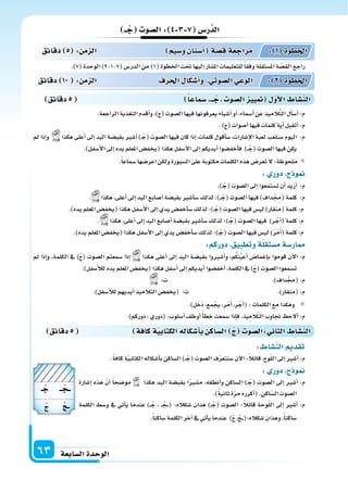 ‫ال�سابعة‬‫الوحدة‬63
‫ــ‬‫ج‬ ‫ال�سو‬: 4 3 7 ‫ر�س‬َّ‫الد‬
.)7(‫الوحدة‬)2-1-7(‫الدر�س‬‫من‬)1(‫اخلطوة‬‫حتت‬‫إليها‬‫ا‬‫امل�سار‬‫للتعليمات‬ً‫ا‬‫وفق‬‫امل�ستقلة‬‫ة‬ ّ‫ِ�س‬‫ق‬‫ال‬‫راجع‬
‫دقائق‬ 5 : ‫م‬ ‫ال‬ ‫و�سيم‬‫أ�سنان‬‫ا‬ ‫ة‬‫ق�س‬‫مراجعة‬ : 1 ‫اخلطوة‬
‫دقائق‬ 10 : ‫م‬ ‫ال‬ ‫احلرف‬ ‫أ�سكا‬‫ا‬‫و‬ ‫ال�سوتي‬‫الوعي‬ : 2 ‫اخلطوة‬
‫دقائق‬5 ‫�سماعا‬ ‫ــ‬‫ج‬ ‫ال�سو‬ ‫يي‬ ‫أو‬‫ل‬‫ا‬ ‫الن�سا‬
‫دقائق‬5 ‫كافة‬‫ة‬‫الكتابي‬‫أ�سكاله‬‫ا‬‫ب‬ ‫ال�ساك‬ ‫ج‬ ‫:ال�سو‬ ‫الثا‬ ‫الن�سا‬
: ‫الن�سا‬ ‫تقد‬
. ً‫ة‬‫كاف‬‫ة‬ّ‫ي‬‫الكتاب‬‫أ�سكاله‬‫ا‬‫ب‬‫ال�ساكن‬)�� ْ‫(ج‬ َ‫ال�سوت‬‫ف‬ّ‫ر‬‫�سنتع‬‫آن‬‫ل‬‫ا‬:ً‫ال‬‫قائ‬،‫وح‬ّ‫ل‬‫ال‬‫إىل‬‫ا‬‫أ�سر‬‫ا‬:‫م‬
: ‫دور‬ ‫ج‬ ‫و‬
‫إ�سارة‬‫ا‬ ‫هذه‬ ّ‫أن‬‫ا‬ ً‫ا‬‫مو�سح‬ ‫هكذا‬ ‫اليد‬ ‫بقب�سة‬ ‫ا‬ً‫ر‬‫م�س‬ ،‫أنطقه‬‫ا‬‫و‬ ‫ال�ساكن‬ )� ْ‫(ج‬ ‫ال�سوت‬ ‫إىل‬‫ا‬ ‫أ�سر‬‫ا‬ :‫م‬
.)ً‫ة‬‫ثاني‬‫ة‬ّ‫ر‬‫م‬‫أكرره‬‫ا‬(.‫اكن‬ّ‫ال�س‬‫ال�سوت‬
‫الكلمة‬ ‫و�سط‬ ‫يف‬ ‫أتي‬‫ا‬‫ي‬ ‫عندما‬ )�� ْ‫ج‬ ، �� ْ‫�ج‬��( :‫�سكاله‬ ‫هذان‬ )�� ْ‫(ج‬ ‫ال�سوت‬ :ً‫ال‬‫قائ‬ ‫وحة‬ّ‫ل‬‫ال‬ ‫إىل‬‫ا‬ ‫أ�سر‬‫ا‬ :‫م‬
.ً‫ا‬‫�ساكن‬‫الكلمة‬‫آخر‬‫ا‬‫يف‬‫أتي‬‫ا‬‫ي‬‫عندما‬ )ْ‫ج‬،ْ‫ج‬���(:‫�سكاله‬‫وهذان‬،ً‫ا‬‫�ساكن‬
.‫الراجعة‬‫التغذية‬‫أقدم‬‫ا‬‫و‬،)‫(ج‬‫ال�سوت‬‫فيها‬‫يعرفونها‬‫أ�سياء‬‫ا‬‫أو‬‫ا‬،‫أ�سماء‬‫ا‬‫عن‬‫يذ‬ِ‫الم‬َّ‫ت‬‫ال‬‫أل‬‫ا‬‫أ�س‬‫ا‬:‫م‬
.)‫(ج‬‫أ�سوات‬‫ا‬‫فيها‬‫كلمات‬‫أية‬‫ا‬‫أتقبل‬‫ا‬:‫م‬
‫مل‬ ‫إذا‬‫ا‬‫و‬ ‫هكذا‬ ‫أعلى‬‫ا‬ ‫إىل‬‫ا‬ ‫اليد‬ ‫بقب�سة‬ ‫أ�سر‬‫ا‬ )� ْ‫(ج‬ ‫ال�سوت‬ ‫فيها‬ ‫كان‬ ‫إذا‬‫ا‬ ،‫كلمات‬ ‫أقول‬‫ا‬‫�س‬ ،‫إ�سارات‬‫ل‬‫ا‬ َ‫ة‬‫لعب‬ ‫�سنلعب‬ ‫اليوم‬ :‫م‬
.)‫أ�سفل‬‫ل‬‫ا‬‫إىل‬‫ا‬‫يده‬‫املعلم‬‫(يخف�س‬‫هكذا‬‫أ�سفل‬‫ل‬‫ا‬‫إىل‬‫ا‬‫أيديكم‬‫ا‬‫أخف�سوا‬‫ا‬‫ف‬ )�� ْ‫(ج‬‫ال�سوت‬‫فيها‬‫يكن‬
.ً‫ا‬‫�سماع‬‫اعر�سها‬‫ولكن‬‫ال�سبورة‬‫على‬‫مكتوبة‬‫الكلمات‬‫هذه‬‫تعر�س‬‫ل‬:‫ملحوظة‬
: ‫دور‬ ‫ج‬ ‫و‬
.)� ْ‫(ج‬‫ال�سوت‬‫إىل‬‫ا‬‫ت�ستمعوا‬‫أن‬‫ا‬‫أريد‬‫ا‬ :‫م‬
. ‫هكذا‬،‫أعلى‬‫ا‬‫إىل‬‫ا‬‫اليد‬‫أ�سابع‬‫ا‬‫بقب�سة‬‫أ�سر‬‫ا‬‫�س‬‫لذلك‬‫�)؛‬� ْ‫(ج‬‫ال�سوت‬‫فيها‬)‫داف‬ْ ِ‫(جم‬‫كلمة‬ :‫م‬
.)‫يده‬‫املعلم‬‫(يخف�س‬‫هكذا‬‫أ�سفل‬‫ل‬‫ا‬‫إىل‬‫ا‬‫يدي‬‫أخف�س‬‫ا‬‫�س‬‫لذلك‬‫�)؛‬ ْ‫(ج‬‫ال�سوت‬‫فيها‬‫لي�س‬)‫(منقار‬‫كلمة‬:‫م‬
. ‫هكذا‬،‫أعلى‬‫ا‬‫إىل‬‫ا‬‫اليد‬‫أ�سابع‬‫ا‬‫بقب�سة‬‫أ�سر‬‫ا‬‫�س‬‫لذلك‬‫�)؛‬ ْ‫(ج‬‫ال�سوت‬‫فيها‬ )‫ر‬ ْ‫أج‬‫ا‬(‫كلمة‬:‫م‬
.)‫يده‬‫املعلم‬‫(يخف�س‬‫هكذا‬‫أ�سفل‬‫ل‬‫ا‬‫إىل‬‫ا‬‫يدي‬‫أخف�س‬‫ا‬‫�س‬‫لذلك‬‫�)؛‬ ْ‫(ج‬‫ال�سوت‬‫فيها‬‫لي�س‬)َ‫ر‬َ‫م‬َ‫أ‬‫ا‬(‫كلمة‬:‫م‬
:‫دوركم‬ ‫وتطبيق‬‫ة‬‫م�ستقل‬‫ار�سة‬
‫مل‬ ‫إذا‬‫ا‬‫و‬ ،‫الكلمة‬ ‫يف‬ )ْ‫ج‬( َ‫ال�سوت‬ ‫�سمعتم‬ ‫إذا‬‫ا‬ ‫هكذا‬ ‫أعلى‬‫ا‬ ‫إىل‬‫ا‬ ‫اليد‬ ‫بقب�سة‬ ‫أ�سروا‬‫ا‬‫و‬ ،‫م‬ُ‫ك‬ِ‫ن‬ُ‫ي‬‫أع‬‫ا‬ ‫إغما�س‬‫ا‬‫ب‬ ‫قوموا‬ ‫آن‬‫ل‬‫ا‬ :‫م‬
.)‫أ�سفل‬‫ال‬‫ل‬‫يده‬‫املعلم‬‫(يخف�س‬‫هكذا‬‫أ�سفل‬‫ا‬‫إىل‬‫ا‬‫أيديكم‬‫ا‬‫أخف�سوا‬‫ا‬،‫الكلمة‬‫يف‬)ْ‫ج‬(‫ال�سوت‬‫ت�سمعوا‬
:‫ت‬ .)‫داف‬ْ‫(جم‬:‫م‬
.)‫أ�سفل‬‫ال‬‫ل‬‫أيديهم‬‫ا‬‫التالميذ‬‫(يخف�س‬ :‫ت‬ .)‫(منقار‬:‫م‬
.)‫ل‬َ‫َخ‬‫د‬،‫مع‬ ْ‫يج‬،‫ر‬َ‫م‬َ‫أ‬‫ا‬،‫ر‬ ْ‫أج‬‫ا‬(:‫الكلمات‬‫مع‬‫وهكذا‬
.)‫دوركم‬،‫(دوري‬:‫أ�سلوب‬‫ا‬‫أوظف‬‫ا‬ً‫أ‬‫ا‬‫خط‬‫�سمعت‬‫إذا‬‫ا‬‫ف‬،‫يذ‬ِ‫الم‬َّ‫ت‬‫ال‬‫جتاوب‬ ‫ألح‬‫ا‬:‫م‬
‫ـ‬‫ج‬
‫ج‬
‫ــ‬‫ــج‬
‫ــج‬
 