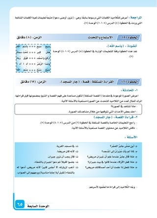 ‫ال�سابعة‬‫الوحدة‬65
‫ال�سائعة‬‫الكلمات‬‫لعبة‬‫تعليمات‬ً‫ا‬‫متبع‬)‫دعوا‬،‫أو�سى‬‫ا‬،‫(نزور‬:‫وهي‬،‫ا‬ً‫ق‬‫�ساب‬‫در�سوها‬‫التي‬‫الكلمات‬‫يذ‬ِ‫الم‬َّ‫ت‬‫لل‬‫أعر�س‬‫ا‬:‫املراجعة‬
.)7(‫الوحدة‬)1-1-7(‫الدر�س‬)4(‫اخلطوة‬‫يف‬‫وردت‬‫التي‬
:‫لة‬ ‫أ�س‬‫ل‬‫ا‬
َ‫ر‬ ْ‫الفج‬‫جابر‬‫ى‬َّ‫ل‬ َ‫�س‬‫أين‬‫ا‬:‫م‬
‫جد‬ْ‫�س‬َ‫مل‬‫ا‬‫إىل‬‫ا‬ ُ‫ان‬ ْ‫رب‬ُ‫ج‬‫أت‬‫ا‬‫ي‬‫مل‬ ‫ملاذا‬:‫م‬
‫مري�س‬‫ربان‬ُ‫ج‬ ّ‫ن‬َ‫أ‬‫ا‬‫ِم‬‫ل‬َ‫ع‬‫عندما‬‫جابر‬‫ال‬َ‫ق‬‫اذا‬َ‫م‬:‫م‬
‫جربان‬‫بيت‬‫يف‬‫كانوا‬‫عندما‬‫أولد‬‫ل‬‫ا‬‫فعل‬‫ماذا‬:‫م‬
‫مري�س‬‫أ�سدقائك‬‫ا‬‫أحد‬‫ا‬‫أن‬‫ا‬‫علمت‬‫إذا‬‫ا‬‫تفعل‬‫ماذا‬:‫م‬
.‫القرية‬‫م�سجد‬‫يف‬ :‫ت‬
.‫ا‬ ً‫مري�س‬‫كان‬‫أنه‬‫ل‬:‫ت‬
.‫جربان‬‫نزور‬‫أن‬‫ا‬‫يجب‬‫قال‬:‫ت‬
.‫بال�سفاء‬‫جلربان‬‫دعوا‬‫ثم‬ ً‫ال‬‫قلي‬‫جل�سوا‬:‫ت‬
‫له‬ ‫أدعوا‬‫ا‬ ،‫مري�س‬ ‫أنه‬‫ل‬ ‫ا‬ً‫ر‬‫كث‬ ‫أجل�س‬‫ا‬ ‫ل‬ ،‫لزيارته‬ ‫أذهب‬‫ا‬ :‫ت‬
.‫ال�سواب‬‫إىل‬‫ا‬‫ووجههم‬)‫منا�سبة‬‫إجابة‬‫ا‬‫أية‬‫ا‬‫(تقبل‬‫بال�سفاء‬
‫دقائق‬ 8 : ‫م‬ ‫ال‬ ‫د‬ ‫والت‬ ‫ال�ستما‬ : 5 ‫اخلطوة‬
‫دقائق‬ 15 : ‫م‬ ‫ال‬ . ‫امل�سجد‬‫جار‬ :‫ة‬‫ق�س‬:‫ة‬‫امل�ستقل‬‫ة‬ ‫القرا‬ : 6 ‫اخلطوة‬
. ‫ا‬‫با�سم‬ :‫أن�سودة‬‫ا‬
‫الوحدة‬ )4-1-7( ‫الدر�س‬ )5( ‫اخلطوة‬ ‫يف‬ ‫الواردة‬ ‫للتعليمات‬ ‫ا‬ً‫ق‬‫وف‬ ‫اخلطوة‬ ‫هذه‬ ‫نفذ‬
.)7(
:‫ة‬ ‫اد‬ ‫امل‬ 1
،‫قراءتها‬‫قبل‬‫مب�سمونها‬‫ؤ‬‫و‬‫التنب‬‫و‬‫الق�سة‬‫فهم‬‫على‬‫م�ساعدة‬‫لتكون‬)‫امل�ستقلة‬‫(الق�سة‬‫مقدمة‬‫يف‬‫املوجودة‬‫ال�سورة‬‫اعر�س‬
:‫آتية‬‫ل‬‫ا‬‫أ�سئلة‬‫ل‬‫با‬ً‫ا‬‫م�ستعين‬‫ال�سورة‬‫عن‬‫للتحدث‬‫التالميذ‬‫من‬‫لعدد‬‫املجال‬‫اترك‬
‫ال�سورة‬‫يف‬‫ت�ساهد‬‫ماذا‬-
.‫ال�سورة‬‫م�ساهدتك‬‫خالل‬‫من‬‫تتوقعها‬‫التي‬‫أحداث‬‫ل‬‫ا‬‫بع�س‬‫احك‬-
‫امل�سجد‬‫جار‬ :‫الق�سة‬‫ة‬ ‫قرا‬ 2
.)7(‫الوحدة‬)4-1-7(‫الدر�س‬‫من‬)6(‫اخلطوة‬‫يف‬‫امل�ستقلة‬‫بالق�سة‬‫اخلا�سة‬‫التعليمات‬‫راجع‬ -
:‫آتية‬‫ل‬‫ا‬‫أ�سئلة‬‫ل‬‫با‬ً‫ا‬‫م�ستعين‬‫الق�سة‬‫حمتوى‬ ‫عن‬‫التالميذ‬‫ناق�س‬ -
.‫أ�سرهم‬‫ل‬‫موه‬ّ‫ل‬‫تع‬‫ما‬‫قراءة‬‫إىل‬‫ا‬‫يذ‬ِ‫الم‬َّ‫ت‬‫ال‬‫ه‬ّ‫وج‬ -
‫�سبح‬ ‫�سبح‬
‫ِرب‬‫ك‬ ْ‫ل‬ِّ‫ل‬َ‫ه‬
‫د‬ ُ‫ج‬ْ‫وا�س‬ ْ‫ع‬َ‫ك‬ْ‫ر‬ِ‫ا‬
ُ‫ر‬ْ‫ه‬َّ‫ز‬‫ال‬ ‫َا‬‫د‬َ‫و�س‬
ْ‫ح‬ِّ‫ب‬َ‫�س‬ ْ‫ح‬ِّ‫ب‬َ‫�س‬
‫اهلل‬ ِ‫م‬ْ‫ِا�س‬‫ب‬
ْ‫ه‬‫ا‬َ‫م‬َ‫�س‬ َ‫ْت‬ َ‫حت‬
‫باه‬ُ‫ر‬ َ‫ق‬ْ‫و‬َ‫ف‬
‫آه‬‫ا‬ ‫آه‬‫ا‬
ْ‫اهلل‬ ِ‫م‬ْ‫ب�س‬





 