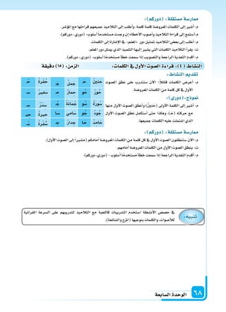 ‫ال�سابعة‬‫الوحدة‬ 68
: ‫دوركم‬ :‫م�ستقلة‬‫ار�سة‬
.‫ؤ�سر‬‫و‬‫امل‬‫مع‬‫قراءتها‬‫جميعهم‬‫التالميذ‬‫إىل‬‫ا‬‫أطلب‬‫ا‬‫و‬،‫كلمة‬‫كلمة‬‫املعرو�سة‬‫الكلمات‬‫إىل‬‫ا‬‫أ�سر‬‫ا‬:‫م‬
.)‫دوركم‬،‫(دوري‬:‫أ�سلوب‬‫ا‬ً‫ا‬‫م�ستخدم‬‫وجدت‬‫إن‬‫ا‬‫أخطاء‬‫ل‬‫ا‬‫أ�سوب‬‫ا‬‫و‬‫التالميذ‬‫قراءة‬‫إىل‬‫ا‬‫أ�ستمع‬‫ا‬:‫م‬
.‫الكلمات‬‫إىل‬‫ا‬‫إ�سارة‬‫ل‬‫ا‬‫يف‬ ‫املعلم‬ ‫دور‬‫متثيل‬‫التالميذ‬‫بع�س‬‫إىل‬‫ا‬‫أطلب‬‫ا‬:‫م‬
.‫املعلم‬‫دور‬‫ميثل‬‫الذي‬‫التلميذ‬‫إليها‬‫ا‬‫ي�سر‬‫التي‬‫الكلمات‬‫التالميذ‬‫أ‬‫ا‬‫يقر‬:‫ت‬
.)‫دوركم‬،‫(دوري‬:‫أ�سلوب‬‫ا‬‫ا‬ً‫م‬‫م�ستخد‬‫أ‬‫ا‬‫خط‬‫�سمعت‬‫إذا‬‫ا‬‫والت�سويب‬‫الراجعة‬‫التغذية‬‫أقدم‬‫ا‬:‫م‬
: ‫دوركم‬ :‫م�ستقلة‬‫ار�سة‬
.)‫أول‬‫ل‬‫ا‬‫ال�سوت‬‫إىل‬‫ا‬ً‫ا‬‫(م�سر‬‫أمامكم‬‫ا‬‫املعرو�سة‬‫الكلمات‬‫من‬‫كلمة‬‫كل‬‫يف‬‫أول‬‫ل‬‫ا‬‫ال�سوت‬‫�ستنطقون‬‫آن‬‫ل‬‫ا‬:‫م‬
.‫أمامهم‬‫ا‬‫املعرو�سة‬‫الكلمات‬‫من‬‫أول‬‫ل‬‫ا‬‫ال�سوت‬‫ينطق‬:‫ت‬
.)‫دوركم‬،‫(دوري‬:‫أ�سلوب‬‫ا‬‫ا‬ً‫م‬‫م�ستخد‬‫أ‬‫ا‬‫خط‬‫�سمعت‬‫إذا‬‫ا‬‫الراجعة‬‫التغذية‬‫أقدم‬‫ا‬:‫م‬
: ‫الن�سا‬ ‫تقد‬
‫ال�سوت‬ ‫نطق‬ ‫على‬ ‫�سنتدرب‬ ‫آن‬‫ل‬‫ا‬ :ً‫ال‬‫قائ‬ ‫الكلمات‬ ‫أعر�س‬‫ا‬ :‫م‬
.‫املعرو�سة‬‫الكلمات‬‫من‬‫كلمة‬‫كل‬‫يف‬‫أول‬‫ل‬‫ا‬
: ‫دور‬ :‫ج‬ ‫و‬
‫منها‬ ‫أول‬‫ل‬‫ا‬ ‫ال�سوت‬ ‫أنطق‬‫ا‬‫و‬ )ُ‫ن‬‫ن‬َ‫(ح‬ ‫أوىل‬‫ل‬‫ا‬ ‫الكلمة‬ ‫إىل‬‫ا‬ ‫أ�سر‬‫ا‬ :‫م‬
‫أول‬‫ل‬‫ا‬ ‫ال�سوت‬ ‫نطق‬ ‫أ�ستكمل‬‫ا‬ ‫حتى‬ ‫وهكذا‬ ،)�َ‫(ح‬ ‫حركته‬ ‫مع‬
.‫جميعها‬‫الكلمات‬‫عليه‬‫ا�ستملت‬‫الذي‬
‫دقيقة‬ 15 : ‫م‬ ‫ال‬ : ‫الكلما‬‫يف‬ ‫أو‬‫ل‬‫ا‬ ‫ال�سو‬‫ة‬ ‫قرا‬: 4 ‫الن�سا‬
ُ‫ن‬‫ن‬َ‫ح‬�َ‫ح‬ُ‫ل‬‫م‬َ‫ج‬�َ‫ج‬ُ‫ة‬‫ر‬ْ‫ف‬ُ‫ح‬�ُ‫ح‬
ُ‫ر‬‫و‬ُ‫ح‬‫و‬ُ‫ح‬ُ‫ر‬‫ما‬ ِ‫ح‬� ِ‫ح‬ُ‫ر‬‫ف‬َ‫�س‬�َ‫�س‬
ُ‫ة‬َ‫ر‬‫و‬ُ‫�س‬‫و‬ُ‫�س‬ُ‫ة‬َ‫ن‬‫ا‬َ‫م‬ُ‫ج‬�ُ‫ج‬ُ‫ر‬ْ‫د‬ ِ‫�س‬� ِ‫�س‬
ُ‫د‬‫و‬ُ‫ج‬‫و‬ُ‫ج‬‫امي‬َ‫�س‬‫�ا‬َ‫�س‬ُ‫ة‬‫ر‬ ِ‫ح‬�‫ي‬ ِ‫ح‬
ُ‫د‬ِ‫ام‬َ‫ح‬‫�ا‬َ‫ح‬ُ‫ر‬‫دا‬ ِ‫ج‬� ِ‫ج‬ُ‫ة‬‫ر‬ْ‫ف‬ُ‫�س‬�ُ‫�س‬
‫القرائية‬ ‫ال�سرعة‬ ‫على‬ ‫لتدريبهم‬ ‫التالميذ‬ ‫مع‬ ‫كاللعبة‬ ‫التدريبات‬ ‫ا�ستخدم‬ ‫أن�سطة‬‫ل‬‫ا‬ ‫ح�س�س‬ ‫يف‬
.)‫وال�سائعة‬‫(املزج‬‫بنوعيها‬‫والكلمات‬،‫أ�سوات‬‫ال‬‫ل‬ :‫تنبيه‬
 