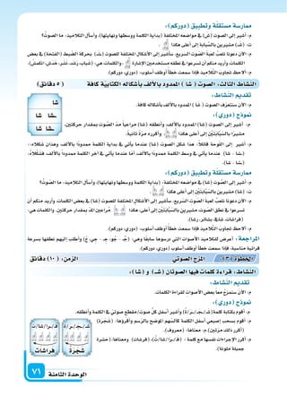 ‫الثامنة‬‫الوحدة‬71
: ‫دوركم‬ ‫وتطبيق‬‫ة‬‫م�ستقل‬‫ار�سة‬
ُ‫ال�سوت‬‫ما‬:‫التالميذ‬‫أل‬‫ا‬‫أ�س‬‫ا‬‫و‬،)‫ونهايتها‬‫وو�سطها‬‫الكلمة‬‫(بداية‬‫املختلفة‬‫موا�سعه‬‫يف‬) َ‫(�س‬‫ال�سوت‬‫إىل‬‫ا‬‫أ�سر‬‫ا‬:‫م‬
. ‫هكذا‬‫أعلى‬‫ا‬‫إىل‬‫ا‬‫بابة‬َّ‫بال�س‬‫م�سرين‬)���َ‫(�س‬:‫ت‬
‫بع�س‬ ‫يف‬ )‫(الفتحة‬ ‫بط‬ ّ‫ال�س‬ ‫بحركة‬ )��َ‫��س‬�( ‫لل�سوت‬ ‫املختلفة‬ ‫أ�سكال‬‫ل‬‫ا‬ ‫إىل‬‫ا‬ ‫أ�سر‬‫ا‬‫�س‬ ،‫ال�سريع‬ ‫وت‬ ّ‫ال�س‬ َ‫ة‬‫لعب‬ ُ‫نلعب‬ ‫دعونا‬ ‫آن‬‫ل‬‫ا‬ :‫م‬
.) ًَ‫انكم�س‬،‫َ�س‬‫د‬َ‫خ‬،‫ر‬َ‫�س‬َ‫ن‬،‫د‬َ‫�س‬َ‫ر‬،‫باب‬َ‫(�س‬:‫هي‬،‫والكلمات‬، ‫إ�سارة‬‫ل‬‫ا‬‫م�ستخدمن‬‫نطقه‬‫يف‬‫ت�سرعوا‬‫أن‬‫ا‬‫منكم‬‫أريد‬‫ا‬‫و‬،‫الكلمات‬
.)‫دوركم‬،‫(دوري‬:‫أ�سلوب‬‫ا‬‫أوظف‬‫ا‬ ً‫أ‬‫ا‬‫خط‬‫�سمعت‬‫إذا‬‫ا‬‫ف‬‫يذ‬ِ‫الم‬َّ‫ت‬‫ال‬ َ‫جتاوب‬ ‫ألح‬‫ا‬:‫م‬
‫دقائق‬5 ‫كافة‬‫ة‬‫الكتابي‬‫أ�سكاله‬‫ا‬‫ب‬‫ألف‬‫ل‬‫با‬‫املمدود‬ ‫ا‬‫�س‬ ‫ال�سو‬: ‫الثال‬ ‫الن�سا‬
::‫كاله‬َ‫�س‬ ‫وهذان‬ ،‫ألف‬‫ل‬‫با‬ ‫ًا‬‫د‬‫ممدو‬ ‫الكلمة‬ ‫بداية‬ ‫يف‬ ‫أتي‬‫ا‬‫ي‬ ‫عندما‬ )‫(�سا‬ ‫ال�سوت‬ ‫�سكل‬ ‫هذا‬ :ً‫ال‬‫قائ‬ ‫وحة‬ّ‫ل‬‫ال‬ ‫إىل‬‫ا‬ ‫أ�سر‬‫ا‬ :‫م‬
:ُ‫ه‬‫ال‬ْ‫ك‬َ‫ف�س‬ ،‫ألف‬‫ل‬‫با‬ ً‫ا‬‫ممدود‬ ‫الكلمة‬ ‫آخر‬‫ا‬ ‫يف‬ ‫أتي‬‫ا‬‫ي‬ ‫عندما‬ ‫ا‬ّ‫أم‬‫ا‬ ،‫ألف‬‫ل‬‫با‬ ‫ًا‬‫د‬‫ممدو‬ ‫الكلمة‬ ‫و�سط‬ ‫يف‬ ‫أتي‬‫ا‬‫ي‬ ‫ندما‬ِ‫ع‬ )‫�سا‬ - ‫��سا‬��(
.)‫�سا‬-‫��سا‬��(
: ‫دوركم‬ ‫وتطبيق‬‫ة‬‫م�ستقل‬‫ار�سة‬
ُ‫وت‬ ّ‫ال�س‬‫ما‬:‫التالميذ‬‫أل‬‫ا‬‫أ�س‬‫ا‬‫و‬،)‫ونهايتها‬‫وو�سطها‬‫الكلمة‬‫(بداية‬:‫املختلفة‬‫موا�سعه‬‫يف‬)‫(�سا‬‫وت‬ َّ‫ال�س‬‫إىل‬‫ا‬‫أ�سر‬‫ا‬:‫م‬
. ‫هكذا‬‫أعلى‬‫ا‬‫إىل‬‫ا‬ ِ ْ‫ن‬َ‫ت‬َ‫ب‬‫ا‬َّ‫ب‬ّ‫بال�س‬‫م�سرين‬)‫(�سا‬:‫ت‬
‫أن‬‫ا‬ ‫منكم‬ ‫أريد‬‫ا‬‫و‬ ،‫الكلمات‬ ‫بع�س‬ ‫يف‬ )‫(�سا‬ ‫لل�سوت‬ ‫املختلفة‬ ِ‫أ�سكال‬‫ل‬‫ا‬ ‫إىل‬‫ا‬ ‫أ�سر‬‫ا‬‫�س‬ ،‫ريع‬ّ‫ال�س‬ ِ‫وت‬ ّ‫ال�س‬ َ‫ة‬‫لعب‬ ُ‫نلعب‬ ‫دعونا‬ ‫آن‬‫ل‬‫ا‬ :‫م‬
:‫هي‬‫والكلمات‬.ِ‫ن‬‫حركت‬‫قدار‬ ِ‫مب‬ ّ‫د‬‫امل‬‫راعن‬ُ‫م‬ ‫هكذا‬،‫أعلى‬‫ا‬‫إىل‬‫ا‬ ِ ْ‫ن‬َ‫ت‬َ‫ب‬‫ا‬َّ‫ب‬ّ‫بال�س‬‫م�سرين‬،‫وت‬ ّ‫ال�س‬‫نطق‬‫يف‬‫ت�سرعوا‬
.)‫ر�سا‬،‫ب�سائر‬،‫�سايف‬،‫(فرا�سات‬
.)‫دوركم‬،‫(دوري‬:‫أ�سلوب‬‫ا‬‫أوظف‬‫ا‬ً‫أ‬‫ا‬‫خط‬‫�سمعت‬‫إذا‬‫ا‬‫ف‬‫يذ‬ِ‫الم‬َّ‫ت‬‫ال‬ َ‫جتاوب‬ ‫ألح‬‫ا‬:‫م‬
‫ب�سرعة‬ ‫نطقها‬ ‫إليهم‬‫ا‬ ‫أطلب‬‫ا‬‫و‬ )ْ‫ج‬ ،‫ي‬ ِ‫ج‬ - �� ِ‫ج‬ ،‫و‬ُ‫ج‬ - ��ُ‫(ج‬ :‫وهي‬ ‫ا‬ً‫ق‬‫�ساب‬ ‫در�سوها‬ ‫التي‬ ‫أ�سوات‬‫ل‬‫ا‬ ‫للتالميذ‬ ‫أعر�س‬‫ا‬ :‫املراجعة‬
.)‫دوركم‬،‫(دوري‬‫أ�سلوب‬‫ا‬‫أوظف‬‫ا‬‫أ‬‫ا‬‫خط‬‫�سمعت‬‫إذا‬‫ا‬‫ف‬،‫منا�سبة‬‫قرائية‬
: ‫الن�سا‬ ‫تقد‬
.‫كافة‬‫أ�سكاله‬‫ا‬‫ب‬‫ألف‬‫ل‬‫با‬‫املمدود‬)‫ا‬َ‫�س‬(‫ال�سوت‬‫ف‬ّ‫ر‬‫�سنتع‬‫آن‬‫ل‬‫ا‬:‫م‬
: ‫دور‬ ‫ج‬ ‫و‬
،‫حركتن‬ ‫مبقدار‬ ‫وت‬ َّ‫ال�س‬ ّ‫د‬‫م‬ ً‫ا‬‫مراعي‬ )‫(�سا‬ ‫أنطقه‬‫ا‬‫و‬ ،‫ألف‬‫ل‬‫با‬ ‫املمدود‬ )‫(�سا‬ ‫ال�سوت‬ ‫إىل‬‫ا‬ ‫أ�سر‬‫ا‬ :‫م‬
.ً‫ة‬‫ثاني‬ ً‫ة‬ّ‫ر‬‫م‬ ‫أكرره‬‫ا‬‫و‬ ، ‫هكذا‬ ‫أعلى‬‫ا‬ ‫إىل‬‫ا‬ ِ ْ‫ن‬َ‫ت‬َ‫ب‬‫ا‬َّ‫ب‬ّ‫بال�س‬ ‫ا‬ً‫ر‬‫م�س‬
: ‫الن�سا‬ ‫تقد‬
.‫الكلمات‬‫لقراءة‬ ِ‫أ�سوات‬‫ل‬‫ا‬‫بع�س‬ً‫ا‬‫مع‬ ُ‫ج‬‫�سنمز‬ َ‫ن‬‫آ‬‫ل‬‫ا‬:‫م‬
: ‫دور‬ ‫ج‬ ‫و‬
.‫أنطقه‬‫ا‬‫و‬‫الكلمة‬‫يف‬ ّ‫�سوتي‬‫�سوت/مقطع‬ ِّ‫ل‬‫ك‬‫أ�سفل‬‫ا‬‫أ�سر‬‫ا‬‫و‬)ُ‫ة‬/َ‫ر‬����/���َ‫�ج‬��/��َ‫كلمة(�س‬‫بكتابة‬‫أقوم‬‫ا‬:‫م‬
‫دقائق‬ 10 : ‫م‬ ‫ال‬ ‫وتي‬‫ال�س‬‫ج‬ ‫امل‬ : 3 ‫اخلطوة‬
: ‫�سا‬ ‫و‬ ‫ــ‬‫�س‬ ‫ال�سوتان‬‫ا‬ ‫في‬ ‫كلما‬‫ة‬ ‫قرا‬: ‫الن�سا‬
)‫ة‬َ‫ر‬َ‫ج‬َ‫(�س‬ :‫ؤها‬‫و‬‫أقر‬‫ا‬‫و‬ ‫�سم‬ّ‫ر‬‫بال‬ ‫املو�سح‬ ‫هم‬ّ‫كال�س‬ ‫الكلمة‬ ‫أ�سفل‬‫ا‬ ‫إ�سبعي‬‫ا‬ ‫ب�سحب‬ ‫أقوم‬‫ا‬ :‫م‬
.)‫(معروف‬:‫معناها‬:‫تن).م‬ّ‫ر‬‫م‬‫ذلك‬‫أكرر‬‫ا‬(
‫ومعناها:(ح�سرة‬ )‫(فر�سات‬،)ُ‫ا/�سا/ت‬َ‫ر‬���/��َ‫ف‬( :‫كلمة‬‫مع‬‫نف�سها‬‫إجراءات‬‫ل‬‫ا‬‫أكرر‬‫ا‬:‫م‬
.)‫ملونة‬‫جميلة‬
‫�سا‬
‫�سا‬ ‫ــ�سا‬
‫�سا‬ ‫ــ�سا‬
ُ‫ة‬/َ‫ر‬��/�َ‫�ج‬��/�َ‫�س‬
ُ‫ة‬‫ر‬‫ج‬‫�س‬
ُ‫ا/ت‬َ‫�را/�س‬��/��َ‫ف‬
‫را�سا‬‫ف‬
 