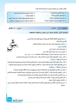 ‫الثامنة‬‫الوحدة‬77
‫ال�سورة‬‫يف‬‫ت�ساهدون‬‫ماذا‬ :‫م‬
‫أم‬‫ل‬‫ا‬‫الع�سفورة‬‫تفعل‬‫ماذا‬:‫م‬
‫ال�سغار‬‫الع�سافر‬‫يفعل‬‫ماذا‬:‫م‬
‫ا‬ً‫ر‬‫�سغ‬‫ا‬ً‫ر‬‫ع�سفو‬‫وجدت‬‫لو‬‫�ستفعل‬‫ماذا‬:‫م‬
.‫�سجرة‬‫على‬‫و�سغارها‬‫ع�سفورة‬‫ن�ساهد‬ :‫ت‬
.‫�سغارها‬‫تطعم‬:‫ت‬
.‫أمهم‬‫ا‬‫أح�سرته‬‫ا‬‫الذي‬‫الطعام‬‫أكلوا‬‫ا‬‫لي‬‫افواههم‬‫يفتحون‬:‫ت‬
.‫ال�سواب‬‫إىل‬‫ا‬‫ووجههم‬)‫منا�سبة‬‫إجابة‬‫ا‬‫أية‬‫ا‬‫ل‬ّ‫ب‬‫(تق‬:‫ت‬
:‫آتية‬‫ل‬‫ا‬‫أ�سئلة‬‫ل‬‫با‬‫ا‬ً‫ن‬‫م�ستعي‬‫ال�سورة‬‫مكونات‬‫عن‬‫التالميذ‬‫أناق�س‬‫ا‬
.‫الدر�س‬‫يف‬‫البدء‬‫قبل‬‫لوحة/�سبورة‬‫على‬ ً‫ال‬‫كام‬‫الكتابة‬‫أمنوذج‬‫ا‬‫ار�سم‬
: ‫الن�سا‬ ‫تقد‬
.‫املختلفة‬‫أ�سكاله‬‫ا‬‫ب‬‫ًا‬‫د‬‫منفر‬)‫(�س‬‫حرف‬‫كتابة‬‫كيفية‬‫اليوم‬‫�سنتعرف‬:‫م‬
: ‫دور‬ ‫ج‬ ‫و‬
.)‫(�س‬‫احلرف‬‫أكتب‬‫ا‬‫كيف‬‫انظروا‬:‫م‬
.)‫(�س‬‫هكذا‬‫نكتبه‬)‫(�سن‬‫ا�سمه‬)‫(�س‬‫احلرف‬:‫م‬
،)‫�س‬-‫��س‬��-��‫س‬���-��‫س‬�(‫املختلفة‬‫أ�سكاله‬‫ا‬‫ب‬‫(ونكتبه‬،)‫(�سن‬‫احلرف‬‫ا�سم‬‫أخرى‬‫ا‬‫مرة‬:‫م‬
.‫ت�ساهدون‬‫أنتم‬‫ا‬‫و‬‫ال�سبورة‬‫أو‬‫ا‬‫اللوحة‬‫على‬)1(‫رقم‬‫ال�سف‬‫يف‬‫احلرف‬‫أ�سكال‬‫ا‬‫فوق‬‫القلم‬‫أمرر‬‫ا‬‫�س‬-‫آن‬‫ل‬‫ا‬:‫م‬
: ‫دورنا‬ ‫ة‬ ‫موج‬‫ار�سة‬
.‫الهواء‬‫يف‬‫ال�سبابة‬‫إ�سبع‬‫ا‬‫ب‬‫بعدي‬‫احلرف‬‫أ�سكال‬‫ا‬‫تكتبون‬‫أنتم‬‫ا‬‫و‬)1(‫رقم‬‫ال�سف‬‫يف‬‫املظلل‬‫احلرف‬‫أ�سكال‬‫ا‬‫فوق‬‫أكتب‬‫ا‬‫�س‬-‫آن‬‫ل‬‫ا‬:‫م‬
.‫الهواء‬‫يف‬‫ال�سبابة‬‫إ�سبع‬‫ا‬‫ب‬‫معي‬‫احلرف‬‫أ�سكال‬‫ا‬‫يكتبون‬‫والتالميذ‬)1(‫رقم‬‫ال�سف‬‫يف‬‫احلرف‬‫أ�سكال‬‫ا‬‫فوق‬‫أمررالقلم‬‫ا‬:‫م‬
: ‫دوركم‬ ‫م�ستقلة‬‫ار�سة‬
.‫�سحيحة‬‫بطريقة‬‫أقالم‬‫ل‬‫ا‬‫م�سك‬‫إىل‬‫ا‬‫أوجههم‬‫ا‬‫و‬،‫احلرف‬‫كتابة‬‫ن�ساط‬‫إىل‬‫ا‬‫كتبهم‬‫فتح‬‫التالميذ‬‫إىل‬‫ا‬‫أطلب‬‫ا‬:‫م‬
.‫للكتابة‬‫ال�سحيحة‬‫الجتاهات‬‫مراعن‬‫مبفردكم‬‫اجلدول‬‫أ�سفل‬‫ا‬‫من‬‫احلرف‬‫أ�سكال‬‫ا‬)1(‫رقم‬‫ال�سف‬‫يف‬‫�ستكتبون‬-‫آن‬‫ل‬‫ا‬:‫م‬
.‫امل�ساعدة‬‫وتقدمي‬‫للمتابعة‬‫أمر‬‫ا‬‫و‬،‫للكتابة‬‫املخ�س�س‬‫املكان‬‫يف‬)‫(�س‬‫احلرف‬‫بكتابة‬‫التالميذ‬‫أ‬‫ا‬‫يبد‬:‫ت‬
.‫اجلدول‬‫أعلى‬‫ا‬‫مكتوب‬‫هو‬‫كما‬‫احلرف‬‫أ�سكال‬‫ا‬)2(‫رقم‬‫ال�سف‬‫يف‬‫اكتبوا‬‫آن‬‫ل‬‫ا‬:‫م‬
.‫احلرف‬‫أ�سكال‬‫ا‬‫يكتبون‬‫التالميذ‬:‫ت‬
، ‫(دوري‬ ‫أ�سلوب‬‫ا‬ ‫ا‬ً‫ف‬‫موظ‬ ‫امل�ساعدة‬ ‫أقدم‬‫ا‬‫و‬ )2( ‫رقم‬ ‫ال�سف‬ ‫يف‬ ‫احلرف‬ ‫أ�سكال‬‫ا‬ ‫يكتبون‬ ‫أنهم‬‫ا‬ ‫من‬ ‫أكد‬‫ا‬‫أت‬‫ل‬ ‫التالميذ‬ ‫بن‬ ‫أمر‬‫ا‬ :.‫م‬
)‫دوركم‬
‫دقائق‬ 10 : ‫م‬ ‫ال‬ ‫الكتابة‬ : 6 ‫اخلطوة‬
:‫تلفة‬ ‫امل‬‫أ�سكاله‬‫ا‬‫ب‬‫ا‬‫منفرد‬ ‫�س‬ ‫حرف‬‫كتابة‬: ‫أو‬‫ل‬‫ا‬ ‫الن�سا‬
 