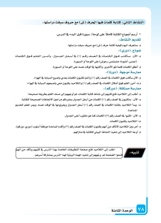 ‫الثامنة‬‫الوحدة‬ 78
.‫الدر�س‬‫يف‬ ‫البدء‬‫قبل‬‫�سبورة‬/‫لوحة‬‫على‬ ً‫ال‬‫كام‬‫الكتابة‬‫أمنوذج‬‫ا‬‫أر�سم‬‫ا‬
: ‫الن�سا‬ ‫تقد‬
.‫درا�ستها‬‫�سبقت‬‫حروف‬‫مع‬)‫(�س‬‫حرف‬‫كتابة‬‫كيفية‬‫اليوم‬‫�سنتعرف‬:‫م‬
: ‫دور‬ ‫ج‬ ‫و‬
‫�ات‬�‫م‬��‫ل‬��‫ك‬��‫ل‬‫ا‬ ‫�وق‬����‫ف‬ ‫�م‬��‫ل‬���‫ق‬���‫ل‬‫ا‬ ‫�رر‬��������‫م‬‫أ‬‫ا‬‫و‬ ، ‫�دول‬�������‫جل‬‫ا‬ ‫�ل‬��‫ف‬���‫س‬����‫أ‬‫ا‬ ‫يف‬ )1( ‫�م‬����‫ق‬‫ر‬ ‫�ف‬��‫س‬�������‫ل‬‫ا‬ ‫يف‬ ‫�ات‬��‫م‬���‫ل‬���‫ك‬���‫ل‬‫ا‬ ‫�وق‬����‫ف‬ ‫�ب‬��‫ت‬���‫ك‬‫أ‬‫ا‬���‫س‬���� -‫آن‬‫ل‬‫ا‬ :‫م‬
.‫ال�سبورة‬‫أو‬‫ا‬‫اللوحة‬‫على‬)‫رمو�س‬،‫م�سم�س�س‬،‫أن�سودة‬‫ا‬،‫(�سم�س‬
.‫ال�سبورة‬‫أو‬‫ا‬‫اللوحة‬‫على‬‫نف�سه‬‫الوقت‬‫يف‬‫أكتبها‬‫ا‬‫و‬،‫أخرى‬‫ل‬‫ا‬‫تلو‬‫كلمة‬‫الكلمات‬‫أنطق‬‫ا‬:‫م‬
: ‫دورنا‬ ‫ة‬ ‫موج‬‫ار�سة‬
.‫الهواء‬‫يف‬‫ال�سبابة‬‫إ�سبع‬‫ا‬‫ب‬‫بعدي‬‫الكلمات‬‫تكتبون‬‫أنتم‬‫ا‬‫و‬)1(‫رقم‬‫ال�سف‬‫يف‬‫الكلمات‬‫فوق‬‫أكتب‬‫ا‬‫�س‬‫آن‬‫ل‬‫ا‬:‫م‬
.‫الهواء‬‫يف‬‫ال�سبابة‬‫إ�سبعهم‬‫ا‬‫ب‬‫معي‬‫يكتبون‬‫والتالميذ‬)1(‫رقم‬‫ال�سف‬‫يف‬‫الكلمات‬‫أ�سكال‬‫ا‬‫فوق‬‫القلم‬‫أمرر‬‫ا‬:‫ت‬‫م‬
: ‫دوركم‬ ‫م�ستقلة‬‫ار�سة‬
.‫�سحيحة‬‫بطريقة‬‫القلم‬‫م�سك‬‫إىل‬‫ا‬‫أوجههم‬‫ا‬‫ثم‬،‫الكلمات‬‫كتابة‬‫ن�ساط‬‫إىل‬‫ا‬‫كتبهم‬‫فتح‬‫التالميذ‬‫إىل‬‫ا‬‫أطلب‬‫ا‬:‫م‬
.‫للكتابة‬‫ال�سحيحة‬‫الجتاهات‬‫مراعن‬‫مبفردكم‬‫اجلدول‬‫أ�سفل‬‫ا‬‫من‬‫الكلمات‬)1(‫رقم‬‫ال�سف‬‫يف‬‫�ستكتبون‬-‫آن‬‫ل‬‫ا‬:‫م‬
‫لتقدمي‬ ‫املعلم‬ ‫ومير‬ ،‫نف�سه‬ ‫الوقت‬ ‫يف‬ ‫ؤونها‬‫و‬‫ويقر‬ ‫�دول‬�‫جل‬‫ا‬ ‫أ�سفل‬‫ا‬ )1( ‫رقم‬ ‫ال�سف‬ ‫يف‬ ‫الكلمات‬ ‫بكتابة‬ ‫التالميذ‬ ‫أ‬‫ا‬‫يبد‬ :‫ت‬
.‫امل�ساعدة‬
.‫اجلدول‬‫أعلى‬‫ا‬‫مكتوب‬‫هو‬‫كما‬‫الكلمات‬)2(‫رقم‬‫ال�سف‬‫يف‬‫اكتبوا‬-‫آن‬‫ل‬‫ا‬:‫م‬
.‫الكلمات‬‫يكتبون‬‫التالميذ‬:‫ت‬
.)‫دوركم‬،‫(دوري‬‫أ�سلوب‬‫ا‬‫ا‬ً‫ف‬‫موظ‬‫امل�ساعدة‬‫أقدم‬‫ا‬‫و‬)2(‫رقم‬‫ال�سف‬‫يف‬‫الكلمات‬‫يكتبون‬‫أنهم‬‫ا‬‫من‬‫أكد‬‫ا‬‫أت‬‫ل‬‫التالميذ‬‫بن‬‫أمر‬‫ا‬:‫م‬
.‫منازلهم‬‫يف‬‫للكتابة‬‫البيتي‬‫الن�ساط‬‫تنفيذ‬‫إىل‬‫ا‬‫التالميذ‬‫أوجه‬‫ا‬:‫م‬
‫هم‬ّ‫ن‬‫أ‬‫ا‬ ‫من‬ ‫أكد‬‫ا‬‫وت‬ ‫كتبهم‬ ‫يف‬ ‫ّر�س‬‫د‬‫ال‬ ‫بهذا‬ ‫اخلا�سة‬ ‫التطبيقات‬ ‫�سفحة‬ ‫فتح‬ ‫التالميذ‬ ‫إىل‬‫ا‬ ‫اطلب‬
.‫�سرهم‬ُ‫أ‬‫ا‬‫مب�ساركة‬‫ّر�س‬‫د‬‫ال‬‫لهذا‬‫ة‬ّ‫ي‬‫البيت‬‫املهمة‬‫تنفيذ‬‫إىل‬‫ا‬‫ههم‬ّ‫وج‬ ‫ثم‬‫فحة‬ ّ‫ال�س‬‫فتحوا‬
:‫تنبيه‬
:‫ا‬ ‫درا�ست‬ ‫�سبق‬‫حروف‬ ‫م‬ ‫�س‬ ‫احلرف‬‫ا‬ ‫في‬ ‫كلما‬‫كتابة‬: ‫الثا‬ ‫الن�سا‬
 