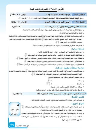 ‫الثامنة‬‫الوحدة‬79
‫دقائق‬5 ‫كافة‬‫ة‬‫الكتابي‬‫أ�سكاله‬‫ا‬‫ب‬‫املك�سور‬ ‫ــ‬ ِ‫�س‬ ‫ال�سو‬: ‫الثا‬ ‫الن�سا‬
: ‫الن�سا‬ ‫تقد‬
.‫كافة‬‫ة‬ّ‫ي‬‫الكتاب‬‫أ�سكاله‬‫ا‬‫ب‬‫املك�سور‬)�� ِ‫(�س‬ َ‫ال�سوت‬‫ف‬ّ‫ر‬‫�سنتع‬‫آن‬‫ل‬‫ا‬:ً‫ال‬‫قائ‬‫وح‬ّ‫ل‬‫ال‬‫إىل‬‫ا‬‫أ�سر‬‫ا‬:‫م‬
: ‫دور‬ ‫ج‬ ‫و‬
‫هكذا‬ ‫أ�سفل‬‫ا‬ ‫إىل‬‫ا‬ ‫بال�سبابة‬ ً‫ا‬‫م�سر‬ )�� ِ‫(�س‬ ‫أنطقه‬‫ا‬‫و‬ ،‫املك�سور‬ )�� ِ‫(�س‬ ‫ال�سوت‬ ‫إىل‬‫ا‬ ‫�ة‬ /‫م‬ِّ‫ل‬‫املع‬ ‫أ�سر‬‫ا‬ :‫م‬
.)ً‫ة‬‫ثاني‬‫ة‬ّ‫ر‬‫م‬‫أكرره‬‫ا‬(.‫املك�سور‬‫ال�سوت‬‫حركة‬‫إ�سارة‬‫ا‬‫هذه‬ ّ‫أن‬‫ا‬ً‫ا‬‫مو�سح‬
‫وهذان‬ ،ً‫ا‬‫مك�سور‬ ‫الكلمة‬ ‫بداية‬ ‫يف‬ ‫أتي‬‫ا‬‫ي‬ ‫عندما‬ )�� ِ‫(�س‬ ‫ال�سوت‬ ‫�سكل‬ ‫هذا‬ :ً‫ال‬‫قائ‬ ‫وحة‬ّ‫ل‬‫ال‬ ‫إىل‬‫ا‬ ‫أ�سر‬‫ا‬ :‫م‬
‫الكلمة‬ ‫آخر‬‫ا‬ ‫يف‬ ‫أتي‬‫ا‬‫ي‬ ‫عندما‬ ‫ا‬ّ‫أم‬‫ا‬ ،ً‫ا‬‫مك�سور‬ ‫الكلمة‬ ‫و�سط‬ ‫يف‬ ‫أتي‬‫ا‬‫ي‬ ‫عندما‬ )��� ِ‫�س‬ - ��� ِ‫��س‬����( :‫�سكاله‬
.)‫�س‬ - ِ‫��س‬��( :‫ف�سكاله‬ ،ً‫ا‬‫مك�سور‬
‫دقائق‬5 ‫�سماعا‬ ‫ي‬ ِ‫�س‬ ‫ــ‬ ِ‫�س‬ ‫الـ�سـوتني‬ ‫يي‬ : ‫أو‬‫ل‬‫ا‬ ‫الن�سا‬
‫يــ‬ ِ‫�س‬ ‫ــ‬ ِ‫�س‬ ‫ال�سوتان‬: 3 1 8 ‫ر�س‬َّ‫الد‬
.)7(‫الوحدة‬)2-1-7(‫ّر�س‬‫د‬‫ال‬‫من‬)1(‫اخلطوة‬‫حتت‬‫إليها‬‫ا‬‫امل�سار‬‫للتعليمات‬ً‫ا‬‫وفق‬‫امل�ستقلة‬‫ة‬ ّ‫ِ�س‬‫ق‬‫ال‬‫راجع‬-
.‫الراجعة‬ ‫التغذية‬ ‫أقدم‬‫ا‬ َّ‫م‬ُ‫ث‬ ، )‫(�س‬ ‫�سوت‬ ‫فيها‬ ،‫يعرفونها‬ ‫أ�سياء‬‫ا‬ ‫أو‬‫ا‬ ،‫أ�سماء‬‫ا‬ ‫عن‬ ‫يذ‬ِ‫َّالم‬‫ت‬‫ال‬ ‫أل‬‫ا‬‫أ�س‬‫ا‬ :‫م‬
.)‫(�س‬‫أ�سوات‬‫ا‬‫فيها‬‫كلمات‬‫أية‬‫ا‬‫أتقبل‬‫ا‬:‫م‬
‫فيها‬‫كان‬‫إذا‬‫ا‬‫ف‬،‫بالياء‬‫املمدود‬)�‫ي‬ ِ‫(�س‬‫ال�سوت‬‫أو‬‫ا‬،‫املك�سور‬)�� ِ‫(�س‬‫ال�سوت‬‫فيها‬‫كلمات‬‫أقول‬‫ا‬‫و�س‬،‫إ�سارات‬‫ل‬‫ا‬‫لعبة‬‫�سنلعب‬‫اليوم‬:‫م‬
‫أ�سر‬‫ا‬ ‫بالياء‬ ‫املمدود‬ )�‫ي‬ ِ‫(�س‬ ‫ال�سوت‬ ‫فيها‬ ‫كان‬ ‫إذا‬‫ا‬ ‫ا‬ّ‫م‬‫أ‬‫ا‬ ، ‫هكذا‬ ‫أ�سفل‬‫ا‬ ‫إىل‬‫ا‬ ‫بابة‬َّ‫ال�س‬ ‫إ�سبع‬‫ا‬‫ب‬ ‫أ�سر‬‫ا‬ ‫املك�سور‬ )� ِ‫(�س‬ ‫ال�سوت‬
. ‫هكذا‬‫أ�سفل‬‫ا‬‫إىل‬‫ا‬ ِ ْ‫ن‬َ‫ت‬َ‫ب‬‫ا‬َّ‫ب‬َّ‫ال�س‬‫إ�سبعي‬‫ا‬‫ب‬
.ً‫ا‬‫�سماع‬‫اعر�سها‬‫ولكن‬‫ال�سبورة‬‫على‬‫مكتوبة‬‫الكلمات‬‫هذه‬‫تعر�س‬‫ل‬:‫ملحوظة‬
: ‫دور‬ ‫ج‬ ‫و‬
:‫آتية‬‫ل‬‫ا‬‫الكلمات‬‫يف‬)�‫ي‬ ِ‫(�س‬‫و‬ )�� ِ‫(�س‬:‫ال�سوتن‬‫إىل‬‫ا‬‫ت�ستمعوا‬‫أن‬‫ا‬‫منكم‬‫أريد‬‫ا‬:‫م‬
. ‫هكذا‬،‫أ�سفل‬‫ا‬‫إىل‬‫ا‬‫ال�سبابة‬‫إ�سبع‬‫ا‬‫ب‬‫أ�سر‬‫ا‬‫�س‬‫لذلك‬‫املك�سور؛‬) ِ‫(�س‬ ُ‫ال�سوت‬‫فيها‬)‫تاء‬ ِ‫(�س‬‫كلمة‬:‫م‬
. ‫هكذا‬،‫أ�سفل‬‫ا‬‫إىل‬‫ا‬‫ال�سبابتن‬‫إ�سبعي‬‫ا‬‫ب‬‫أ�سر‬‫ا‬‫�س‬‫لذلك‬‫بالياء؛‬‫املمدود‬)��‫ي‬ ِ‫(�س‬ ُ‫ال�سوت‬‫فيها‬)‫(ر�سيد‬‫م:كلمة‬
. ‫هكذا‬،‫أ�سفل‬‫ا‬‫إىل‬‫ا‬‫ال�سبابة‬‫إ�سبع‬‫ا‬‫ب‬‫أ�سر‬‫ا‬‫�س‬‫لذلك‬‫املك�سور؛‬) ِ‫(�س‬ ُ‫ال�سوت‬‫فيها‬)‫ير‬ِّ‫ر‬‫(�س‬‫كلمة‬:‫م‬
. ‫هكذا‬،‫أ�سفل‬‫ا‬‫إىل‬‫ا‬‫ال�سبابتن‬‫إ�سبعي‬‫ا‬‫ب‬‫أ�سر‬‫ا‬‫�س‬‫لذلك‬‫بالياء؛‬‫املمدود‬)��‫ي‬ ِ‫(�س‬ ُ‫ال�سوت‬‫فيها‬)‫ر‬ ِ‫(ب�س‬‫م:كلمة‬
: ‫دوركم‬ ‫وتطبيق‬‫ة‬‫م�ستقل‬‫ار�سة‬
‫ال�سوت‬‫ت�سمعون‬‫وعندما‬، ‫هكذا‬‫أ�سفل‬‫ا‬‫إىل‬‫ا‬‫ة‬َ‫ب‬‫ا‬َّ‫ب‬َّ‫ال�س‬‫إ�سبع‬‫ا‬‫ب‬‫أ�سروا‬‫ا‬‫الكلمة‬‫يف‬‫املك�سور‬) ِ‫(�س‬‫ال�سوت‬‫ت�سمعون‬‫عندما‬:‫م‬
. ‫هكذا‬‫أ�سفل‬‫ا‬‫إىل‬‫ا‬‫بابتن‬َّ‫ال�س‬‫إ�سبعي‬‫ا‬‫ب‬‫أ�سروا‬‫ا‬‫الكلمة‬‫يف‬‫بالياء‬‫املمدود‬)‫ي‬ ِ‫(�س‬
.‫الكلمات‬‫م�سامعكم‬‫على‬‫أ‬‫ا‬‫أقر‬‫ا‬‫و�س‬،‫أعينكم‬‫ا‬‫أغم�سوا‬‫ا‬‫آن‬‫ل‬‫ا‬:‫م‬
. :‫ت‬ .)‫تاء‬ ِ‫(�س‬:‫م‬
. :‫ت‬ .)‫(ر�سيد‬:‫م‬
.)‫ر‬ ِ‫ُ�س‬‫ي‬،‫راء‬ ِ‫�س‬،‫�سر‬َ‫ب‬،‫ِر‬‫ي‬‫ر‬ ِ‫(�س‬:‫الكلمات‬‫مع‬‫وهكذا‬
.)‫دوركم‬،‫(دوري‬:‫أ�سلوب‬‫ا‬‫أوظف‬‫ا‬ ً‫أ‬‫ا‬‫خط‬‫�سمعت‬‫إذا‬‫ا‬‫ف‬‫يذ‬ِ‫الم‬َّ‫ت‬‫ال‬ َ‫جتاوب‬ ‫ألح‬‫ا‬:‫م‬
‫دقائق‬ 15 : ‫م‬ ‫ال‬ ‫احلرف‬ ‫أ�سكا‬‫ا‬‫و‬ ‫ال�سوتي‬‫الوعي‬ : 2 ‫اخلطوة‬
‫دقائق‬ 5 : ‫م‬ ‫ال‬ ‫امل�سجد‬‫جار‬ ‫ة‬‫ق�س‬‫مراجعة‬ : 1 ‫اخلطوة‬
‫ــ‬ ِ‫�س‬
ِ‫�س‬ ِ‫ــ�س‬
ِ‫�س‬ ِ‫ـــ�س‬
 