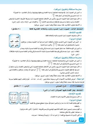 ‫الثامنة‬‫الوحدة‬ 80
: ‫دوركم‬ ‫وتطبيق‬‫ة‬‫م�ستقل‬‫ار�سة‬
ُ‫ال�سوت‬‫ما‬:‫التالميذ‬‫أل‬‫ا‬‫أ�س‬‫ا‬‫و‬،)‫ونهايتها‬‫وو�سطها‬‫الكلمة‬‫(بداية‬‫املختلفة‬‫موا�سعه‬‫يف‬ )� ِ‫(�س‬‫ال�سوت‬‫إىل‬‫ا‬‫أ�سر‬‫ا‬:‫م‬
. ‫هكذا‬‫أ�سفل‬‫ا‬‫إىل‬‫ا‬‫بابة‬َّ‫بال�س‬‫م�سرين‬)�� ِ‫(�س‬:‫ت‬
‫بع�س‬ ‫يف‬ )‫(الك�سرة‬ ‫بط‬ ّ‫ال�س‬ ‫بحركة‬ )�� ِ‫(�س‬ ‫لل�سوت‬ ‫املختلفة‬ ‫أ�سكال‬‫ل‬‫ا‬ ‫إىل‬‫ا‬ ‫أ�سر‬‫ا‬‫�س‬ ،‫ال�سريع‬ ‫وت‬ ّ‫ال�س‬ َ‫ة‬‫لعب‬ ُ‫نلعب‬ ‫دعونا‬ ‫آن‬‫ل‬‫ا‬ :‫م‬
.) ِ‫ِم�س‬‫ا‬،‫ر‬ ِ‫�س‬ُ‫ح‬،‫د‬ ِ‫را�س‬،‫تاء‬ ِ‫(�س‬:‫هي‬،‫والكلمات‬، ‫إ�سارة‬‫ل‬‫ا‬‫م�ستخدمن‬‫نطقه‬‫يف‬‫ت�سرعوا‬‫أن‬‫ا‬‫منكم‬‫أريد‬‫ا‬‫و‬،‫الكلمات‬
.)‫دوركم‬،‫(دوري‬:‫أ�سلوب‬‫ا‬‫أوظف‬‫ا‬ً‫أ‬‫ا‬‫خط‬‫�سمعت‬‫إذا‬‫ا‬‫ف‬،‫يذ‬ِ‫الم‬َّ‫ت‬‫ال‬‫جتاوب‬ ‫ألح‬‫ا‬:‫م‬
‫دقائق‬5 ‫كافة‬‫ة‬‫الكتابي‬‫أ�سكاله‬‫ا‬‫ب‬ ‫باليا‬‫املمدود‬ ‫يـ‬ ِ‫�س‬ ‫ال�سو‬: ‫الثال‬ ‫الن�سا‬
‫وهذان‬،‫بالياء‬‫ًا‬‫د‬‫ممدو‬‫الكلمة‬‫بداية‬‫يف‬‫أتي‬‫ا‬‫ي‬‫عندما‬)���‫ي‬ ِ‫��س‬��(‫ال�سوت‬‫�سكل‬‫هذا‬:ً‫ال‬‫قائ‬‫وحة‬ّ‫ل‬‫ال‬‫إىل‬‫ا‬‫أ�سر‬‫ا‬:‫م‬
:ُ‫ه‬‫ال‬ْ‫ك‬َ‫ف�س‬،‫بالياء‬ً‫ا‬‫ممدود‬‫الكلمة‬‫آخر‬‫ا‬‫يف‬‫أتي‬‫ا‬‫ي‬‫عندما‬‫ا‬ّ‫م‬‫أ‬‫ا‬،‫بالياء‬‫ًا‬‫د‬‫ممدو‬‫الكلمة‬‫و�سط‬‫يف‬‫أتي‬‫ا‬‫ي‬‫ندما‬ِ‫ع‬ )��‫ي‬ ِ‫�س‬-��‫ي‬ ِ‫��س‬�(:‫كاله‬َ‫�س‬
.)‫ي‬ ِ‫�س‬-‫ي‬ ِ‫��س‬��(
: ‫دوركم‬ ‫وتطبيق‬‫ة‬‫م�ستقل‬‫ار�سة‬
ُ‫وت‬ ّ‫ال�س‬‫ما‬:‫التالميذ‬‫أل‬‫ا‬‫أ�س‬‫ا‬‫و‬،)‫ونهايتها‬‫وو�سطها‬‫الكلمة‬‫(بداية‬:‫املختلفة‬‫موا�سعه‬‫يف‬)‫ي‬ ِ‫(�س‬‫وت‬ َّ‫ال�س‬‫إىل‬‫ا‬‫أ�سر‬‫ا‬:‫م‬
. ‫هكذا‬‫أ�سفل‬‫ا‬‫إىل‬‫ا‬ ِ ْ‫ن‬َ‫ت‬َ‫ب‬‫ا‬َّ‫ب‬ّ‫بال�س‬‫م�سرين‬)‫ي‬ ِ‫(�س‬:‫ت‬
‫أن‬‫ا‬ ‫منكم‬ ‫أريد‬‫ا‬‫و‬ ،‫الكلمات‬ ‫بع�س‬ ‫يف‬ )‫ي‬ ِ‫(�س‬ ‫لل�سوت‬ ‫املختلفة‬ ِ‫أ�سكال‬‫ل‬‫ا‬ ‫إىل‬‫ا‬ ‫أ�سر‬‫ا‬‫�س‬ ،‫ريع‬ّ‫ال�س‬ ِ‫وت‬ ّ‫ال�س‬ َ‫ة‬‫لعب‬ ُ‫نلعب‬ ‫دعونا‬ ‫آن‬‫ل‬‫ا‬ :‫م‬
:‫هي‬‫والكلمات‬.ِ‫ن‬‫حركت‬‫قدار‬ ِ‫مب‬ ّ‫د‬‫امل‬‫راعن‬ُ‫م‬ ‫هكذا‬،‫أ�سفل‬‫ا‬‫إىل‬‫ا‬ ِ ْ‫ن‬َ‫ت‬َ‫ب‬‫ا‬َّ‫ب‬ّ‫بال�س‬‫م�سرين‬،‫وت‬ ّ‫ال�س‬‫نطق‬‫يف‬‫ت�سرعوا‬
.)‫مي�سي‬،‫ر�سي‬ُ‫ف‬،‫ر‬ ِ‫ُ�س‬‫م‬،‫(ر�سيد‬
.)‫دوركم‬،‫(دوري‬‫أ�سلوب‬‫ا‬‫أوظف‬‫ا‬ً‫أ‬‫ا‬‫خط‬‫�سمعت‬‫إذا‬‫ا‬‫ف‬،‫يذ‬ِ‫الم‬َّ‫ت‬‫ال‬‫جتاوب‬ ‫ألح‬‫ا‬:‫م‬
‫ب�سرعة‬ ‫نطقها‬ ‫إليهم‬‫ا‬ ‫أطلب‬‫ا‬‫و‬ )‫و‬ُ‫�س‬ - ��ُ‫�س‬ ،‫�ا‬�َ‫�س‬ - ��َ‫�س‬ ،�� ْ‫(ج‬ :‫وهي‬ ‫ا‬ً‫ق‬‫�ساب‬ ‫در�سوها‬ ‫التي‬ ‫أ�سوات‬‫ل‬‫ا‬ ‫للتالميذ‬ ‫أعر�س‬‫ا‬ :‫املراجعة‬
.)‫دوركم‬،‫(دوري‬:‫أ�سلوب‬‫ا‬‫أوظف‬‫ا‬‫أ‬‫ا‬‫خط‬‫�سمعت‬‫إذا‬‫ا‬‫ف‬،‫منا�سبة‬‫قرائية‬
: ‫الن�سا‬ ‫تقد‬
.‫كافة‬‫أ�سكاله‬‫ا‬‫ب‬‫بالياء‬‫املمدود‬)�‫ي‬ ِ‫(�س‬‫ال�سوت‬‫ف‬ّ‫ر‬‫�سنتع‬‫آن‬‫ل‬‫ا‬:‫م‬
: ‫دور‬ ‫ج‬ ‫و‬
،‫حركتن‬ ‫مبقدار‬ ‫وت‬ َّ‫ال�س‬ ّ‫د‬‫م‬ ً‫ا‬‫مراعي‬ )�‫ي‬ ِ‫(�س‬ ‫أنطقه‬‫ا‬‫و‬ ،‫بالياء‬ ‫املمدود‬ )‫ي‬ ِ‫(�س‬ ‫ال�سوت‬ ‫إىل‬‫ا‬ ‫أ�سر‬‫ا‬ :‫م‬
.ً‫ة‬‫ثاني‬ ً‫ة‬ّ‫ر‬‫م‬ ‫أكرره‬‫ا‬‫و‬ ، ‫هكذا‬ ‫أ�سفل‬‫ا‬ ‫إىل‬‫ا‬ ِ ْ‫ن‬َ‫ت‬َ‫ب‬‫ا‬َّ‫ب‬ّ‫بال�س‬ً‫ا‬‫م�سر‬
: ‫الن�سا‬ ‫تقد‬
.‫الكلمات‬‫لقراءة‬ ِ‫أ�سوات‬‫ل‬‫ا‬‫بع�س‬ً‫ا‬‫مع‬ ُ‫ج‬‫�سنمز‬ َ‫ن‬‫آ‬‫ل‬‫ا‬:‫م‬
: ‫دور‬ ‫ج‬ ‫و‬
‫الكلمة‬‫يف‬ ّ‫�سوتي‬‫/مقطع‬‫حرف‬ ِّ‫ل‬‫ك‬‫أ�سفل‬‫ا‬‫أ�سر‬‫ا‬‫و‬)ُ‫ر‬���ِ/�‫س‬����/���َ‫ت‬���/��ْ‫ن‬َ‫ت‬(‫كلمة‬‫بكتابة‬‫أقوم‬‫ا‬:‫م‬
‫دقائق‬ 10 : ‫م‬ ‫ال‬ ‫وتي‬‫ال�س‬‫ج‬ ‫امل‬ : 3 ‫اخلطوة‬
‫ي‬ ِ‫�س‬ ‫و‬ ‫ـــ‬ ِ‫�س‬ ‫ال�سوتان‬‫ا‬ ‫في‬ ‫كلما‬‫أ‬‫ا‬‫يقر‬: ‫الن�سا‬
.‫أنطقه‬‫ا‬‫و‬
.)‫تن‬ّ‫ر‬‫م‬‫ذلك‬‫أكرر‬‫ا‬( )ُ‫ر‬ ِ‫ت�س‬ْ‫ن‬‫(ت‬:‫ؤها‬‫و‬‫أقر‬‫ا‬‫و‬‫�سم‬ّ‫ر‬‫بال‬‫املو�سح‬‫هم‬ّ‫كال�س‬‫الكلمة‬‫أ�سفل‬‫ا‬‫إ�سبعي‬‫ا‬‫ب�سحب‬‫أقوم‬‫ا‬:‫م‬
.‫خمتلفة‬ ‫أماكن‬‫ا‬‫يف‬‫تطر‬:‫معناها‬:‫م‬
.‫بنت‬‫ا�سم‬:‫ومعناها‬)ُ‫ة‬‫يد‬ ِ‫(ر�س‬،)ُ‫ة‬/َ‫د‬���/��ِ‫ي‬‫/�س‬َ‫ر‬(:‫كلمة‬‫مع‬‫نف�سها‬‫إجراءات‬‫ل‬‫ا‬‫أكرر‬‫ا‬:‫م‬
ُ‫ر‬ِ��/�‫س‬���/��َ‫ت‬��/��ْ‫ن‬َ‫ت‬
ُ‫ر‬ ِ‫�س‬‫نت‬‫ت‬
ُ‫ة‬/َ‫د‬���/��‫ي‬ ِ‫/�س‬َ‫ر‬
ُ‫ة‬‫يد‬ ِ‫�س‬‫ر‬
‫يــ‬ ِ‫�س‬
‫يــ‬ ِ‫�س‬ ‫يــ‬ ِ‫ــ�س‬
‫ي‬ ِ‫�س‬ ‫ي‬ ِ‫ــ�س‬
 