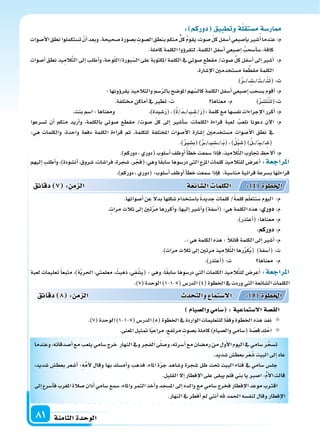 ‫الثامنة‬‫الوحدة‬81
‫وعندما‬،‫أ�سدقائه‬‫ا‬‫مع‬‫يلعب‬‫�سامي‬‫خرج‬ ‫النهار‬‫ويف‬‫الفجر‬‫ى‬ّ‫ل‬‫و�س‬،‫أ�سرته‬‫ا‬‫مع‬‫رم�سان‬‫من‬‫أول‬‫ل‬‫ا‬‫اليوم‬‫يف‬‫�سامي‬‫ر‬َّ‫ت�سح‬
.‫�سديد‬‫بعط�س‬‫ر‬َ‫ع‬ّ‫�س‬‫البيت‬‫إىل‬‫ا‬‫عاد‬
،‫�سديد‬ ‫بعط�س‬ ‫أ�سعر‬‫ا‬ :ِ‫ه‬ِّ‫م‬‫أ‬‫ل‬ ‫وقال‬ ‫بها‬ ‫أم�سك‬‫ا‬‫و‬ ‫فذهب‬ ،‫املاء‬ ‫ة‬ّ‫ر‬‫ج‬ ‫و�ساهد‬ ‫�سجرة‬ ‫ظل‬ ‫حتت‬ ‫البيت‬ ‫فناء‬ ‫يف‬ ‫�سامي‬ ‫جل�س‬
.‫القليل‬‫إل‬‫ا‬‫إفطار‬‫ل‬‫ا‬‫على‬‫يبقى‬‫فلم‬‫بني‬‫يا‬‫ا�سرب‬:ُّ‫م‬‫أ‬‫ل‬‫ا‬‫قالت‬
‫إىل‬‫ا‬‫أ�سرع‬‫ا‬‫ف‬‫املغرب‬‫�سالة‬‫أذان‬‫ا‬‫�سامي‬‫�سمع‬،‫واملاء‬‫التمر‬‫أخذ‬‫ا‬‫و‬‫امل�سجد‬‫إىل‬‫ا‬‫والده‬‫مع‬‫�سامي‬‫فخرج‬‫إفطار‬‫ل‬‫ا‬‫موعد‬‫اقرتب‬
.‫النهار‬‫يف‬‫أفطر‬‫ا‬‫مل‬ ‫أنني‬‫ا‬‫هلل‬‫احلمد‬‫لنف�سه‬‫وقال‬‫إفطار‬‫ل‬‫ا‬
‫دقائق‬ 8 : ‫م‬ ‫ال‬ ‫د‬ ‫والت‬ ‫ال�ستما‬ : 5 ‫اخلطوة‬
‫وال�سيا‬‫�سامي‬ :‫ال�ستماعية‬‫الق�سة‬
.)7(‫الوحدة‬)1-1-7(‫الدر�س‬)5(‫اخلطوة‬‫يف‬‫الواردة‬‫للتعليمات‬‫ا‬ً‫ق‬‫وف‬‫اخلطوة‬‫هذه‬‫نفذ‬
.‫املعنى‬‫متثيل‬‫ا‬ً‫ي‬‫مراع‬،‫مرتفع‬ ‫ب�سوت‬‫كاملة‬)‫وال�سيام‬‫(�سامي‬‫ة‬ ّ‫ق�س‬ ِ‫ك‬ْ‫اح‬
: ‫دوركم‬ ‫وتطبيق‬‫ة‬‫م�ستقل‬‫ار�سة‬
‫أ�سوات‬‫ل‬‫ا‬‫نطق‬‫ت�ستكملوا‬ ْ‫أن‬‫ا‬‫وبعد‬.‫�سحيحة‬‫ب�سورة‬ ِ‫ال�سوت‬ ِ‫بنطق‬‫منكم‬‫كل‬ ُ‫م‬‫يقو‬،‫�سوت‬ ّ‫ل‬‫ك‬‫أ�سفل‬‫ا‬‫إ�سبعي‬‫ا‬‫ب‬‫�سر‬ُ‫أ‬‫ا‬‫عندما‬:‫م‬
.‫كاملة‬‫الكلمة‬‫ؤوا‬‫و‬‫لتقر‬،‫الكلمة‬‫أ�سفل‬‫ا‬‫إ�سبعي‬‫ا‬ ُ‫أ�سحب‬‫ا‬‫�س‬،‫كافة‬
‫أ�سوات‬‫ا‬‫نطق‬‫يذ‬ِ‫الم‬َّ‫ت‬‫ال‬‫إىل‬‫ا‬‫أطلب‬‫ا‬‫و‬،‫وحة‬ّ‫ل‬‫بورة/ال‬ّ‫ال�س‬‫على‬‫املكتوبة‬‫الكلمة‬‫يف‬‫�سوتي‬‫مقطع‬/‫�سوت‬ ِّ‫ل‬‫ك‬‫أ�سفل‬‫ا‬‫إىل‬‫ا‬‫أ�سر‬‫ا‬ :‫م‬
.‫إ�سارة‬‫ل‬‫ا‬‫م�ستخدمن‬‫عة‬ َّ‫مقط‬‫الكلمة‬
)ُ‫ر‬���/�� ِ‫��س‬��/��َ‫ت‬���/��ْ‫ن‬َ‫ت‬(:‫ت‬
:‫ؤونها‬‫و‬‫يقر‬‫والتالميذ‬‫�سم‬ّ‫ر‬‫بال‬‫املو�سح‬‫هم‬ّ‫كال�س‬‫الكلمة‬‫أ�سفل‬‫ا‬‫إ�سبعي‬‫ا‬‫ب�سحب‬‫أقوم‬‫ا‬:‫م‬
.‫خمتلفة‬‫أماكن‬‫ا‬‫يف‬‫تطر‬:‫ت‬ ‫معناها‬:‫م‬ )ُ‫ر‬ ِ‫�س‬َ‫ت‬ْ‫ن‬َ‫ت‬(:‫ت‬
.‫بنت‬‫ا�سم‬:‫ومعناها‬ ،)‫�سيدة‬َ‫ر‬(،)ُ‫ة‬/َ‫د‬���/��‫ي‬�� ِ‫/�س‬َ‫ر‬(:‫كلمة‬‫مع‬‫نف�سها‬‫إجراءات‬‫ل‬‫ا‬‫أكرر‬‫ا‬:‫م‬
‫ت�سرعوا‬ ‫أن‬‫ا‬ ‫منكم‬ ‫أريد‬‫ا‬‫و‬ ،‫بالكلمة‬ ‫�سوتي‬ ‫مقطع‬ /‫�سوت‬ ّ‫ل‬‫ك‬ ‫إىل‬‫ا‬ ‫أ�سر‬‫ا‬‫�س‬ ،‫الكلمات‬ ‫قراءة‬ َ‫ة‬‫لعب‬ ُ‫نلعب‬ ‫دعونا‬ ‫آن‬‫ل‬‫ا‬ :‫م‬
:‫هي‬ ‫والكلمات‬ ،‫واحدة‬ ‫دفعة‬ ‫الكلمة‬ ‫قراءة‬ ‫ثم‬ ،‫للكلمة‬ ‫املختلفة‬ ‫أ�سوات‬‫ل‬‫ا‬ ‫إ�سارة‬‫ا‬ ‫م�ستخدمن‬ ‫أ�سوات‬‫ل‬‫ا‬ ‫نطق‬ ‫يف‬
.)ُ‫ر‬ ِ‫َ�س‬‫ب‬()ُ‫ر‬���/���‫ي‬ ِ‫��س‬���/��َ‫ب‬(،)ُ‫ل‬ْ‫ب‬ ِ‫(�س‬)ُ‫ل‬���/�ْ�‫ب‬��/� ِ‫(�س‬
.)‫دوركم‬،‫(دوري‬‫أ�سلوب‬‫ا‬‫أوظف‬‫ا‬ً‫أ‬‫ا‬‫خط‬‫�سمعت‬‫إذا‬‫ا‬‫ف‬،‫يذ‬ِ‫الم‬َّ‫ت‬‫ال‬‫جتاوب‬ ‫ألح‬‫ا‬:‫م‬
‫إليهم‬‫ا‬‫أطلب‬‫ا‬‫و‬،)‫أن�سودة‬‫ا‬،‫�سروق‬،‫فرا�سات‬،‫�سجرة‬،‫ر‬ ْ‫وهي:(فج‬‫ا‬ً‫ق‬‫�ساب‬‫در�سوها‬‫التي‬‫املزج‬‫كلمات‬‫للتالميذ‬‫أعر�س‬‫ا‬ :‫املراجعة‬
.)‫دوركم‬،‫(دوري‬:‫أ�سلوب‬‫ا‬‫أوظف‬‫ا‬‫أ‬‫ا‬‫خط‬‫�سمعت‬‫إذا‬‫ا‬‫ف‬ ،‫منا�سبة‬‫قرائية‬‫ب�سرعة‬‫قراءتها‬
.‫أ�سواتها‬‫ا‬‫عن‬ ً‫ل‬‫بد‬‫ِها‬‫ل‬‫�سك‬‫با�ستخدام‬ ً‫ة‬‫جديد‬‫كلمات‬/ً‫ة‬‫كلم‬‫م‬ّ‫ل‬‫نتع‬َ‫�س‬‫اليوم‬ :‫م‬
.‫مرات‬‫ثالث‬‫إىل‬‫ا‬‫تن‬َّ‫ر‬‫م‬‫أكررها‬‫ا‬‫و‬،‫إليها‬‫ا‬‫أ�سر‬‫ا‬‫و‬)‫آ�سفة‬‫ا‬(:‫هي‬‫الكلمة‬‫هذه‬: ‫دور‬:‫م‬
.)‫أعتذر‬‫ا‬(:‫معناها‬:‫م‬
:‫دوركم‬:‫م‬
.:‫هي‬‫الكلمة‬‫هذه‬: ً‫ال‬‫قائ‬‫الكلمة‬‫إىل‬‫ا‬‫أ�سر‬‫ا‬:‫م‬
.)‫مرات‬‫ثالث‬‫إىل‬‫ا‬‫مرتن‬‫يذ‬ِ‫الم‬َّ‫ت‬‫ال‬‫رها‬ِّ‫ر‬َ‫ك‬ُ‫ي‬( )‫آ�سفة‬‫ا‬(:‫ت‬
.)‫أعتذر‬‫ا‬(:‫ت‬ ‫معناها‬ :‫م‬
‫لعبة‬ ‫تعليمات‬ ً‫ا‬‫متبع‬ ،)‫ة‬َّ‫ي‬‫احلر‬ ،‫معلمتي‬ ، ْ‫ذهبت‬ ،‫ِي‬‫ف‬ْ‫�س‬َ‫ي‬( : ‫وهي‬ ،‫ا‬ً‫ق‬‫�ساب‬ ‫در�سوها‬ ‫التي‬ ‫الكلمات‬ ‫يذ‬ِ‫الم‬َّ‫ت‬‫لل‬ ‫أعر�س‬‫ا‬ :‫املراجعة‬
.)7(‫الوحدة‬)1-1-7(‫الدر�س‬)4(‫اخلطوة‬‫يف‬‫وردت‬‫التي‬‫ال�سائعة‬‫الكلمات‬
‫دقائق‬ 7 : ‫م‬ ‫ال‬ ‫ائعة‬‫ال�س‬ ‫الكلما‬ : 4 ‫اخلطوة‬
 