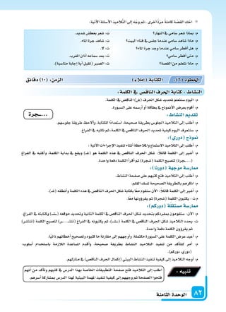 ‫الثامنة‬‫الوحدة‬ 82
:‫آتية‬‫ل‬‫ا‬‫أ�سئلة‬‫ل‬‫ا‬‫يذ‬ِ‫الم‬َّ‫ت‬‫ال‬‫إىل‬‫ا‬‫ه‬ّ‫وج‬‫ثم‬،‫أخرى‬‫ا‬ ً‫ة‬ّ‫ر‬‫م‬ ً‫ة‬‫كامل‬‫ة‬ ّ‫الق�س‬ ِ‫ك‬ْ‫اح‬
‫النهار‬‫يف‬‫�سامي‬‫�سعر‬‫مباذا‬:‫م‬
‫البيت‬‫فناء‬‫يف‬‫جل�س‬‫عندما‬‫�سامي‬‫�ساهد‬‫ماذا‬:‫م‬
‫املاء‬‫جرة‬‫وجد‬‫عندما‬‫�سامي‬‫أفطر‬‫ا‬‫هل‬:‫م‬
‫�سامي‬‫أفطر‬‫ا‬‫متى‬:‫م‬
‫الق�سة‬‫من‬‫نتعلم‬‫ماذا‬:‫م‬
.‫�سديد‬‫بعط�س‬‫�سعر‬:‫ت‬
.‫املاء‬‫جرة‬‫�ساهد‬:‫ت‬
.‫ل‬:‫ت‬
.‫املغرب‬‫أذان‬‫ا‬‫�سماعه‬‫بعد‬:‫ت‬
.)‫منا�سبة‬‫إجابة‬‫ا‬‫أية‬‫ا‬‫(تقبل‬‫ال�سرب‬:‫ت‬
.‫الكلمة‬‫يف‬‫الناق�س‬)‫(�س‬‫احلرف‬‫�سكل‬‫حتديد‬‫�سنتعلم‬‫اليوم‬:‫م‬
.‫ال�سبورة‬‫على‬‫أر�سمه‬‫ا‬‫أو‬‫ا‬‫بطاقة‬‫يف‬‫أمنوذج‬‫ل‬‫ا‬‫بعر�س‬‫أقوم‬‫ا‬:‫م‬
: ‫الن�سا‬ ‫تقد‬
.‫جلو�سهم‬‫طريقة‬ ‫ألح‬‫ا‬‫و‬،‫للكتابة‬‫ًا‬‫د‬‫ا�ستعدا‬،‫�سحيحة‬‫بطريقة‬‫اجللو�س‬‫التالميذ‬‫إىل‬‫ا‬‫أطلب‬‫ا‬:‫م‬
.‫الفراغ‬‫يف‬‫نكتبه‬‫ثم‬،‫الكلمة‬‫يف‬‫الناق�س‬‫احلرف‬‫حتديد‬‫كيفية‬‫اليوم‬‫�سنتعرف‬:‫م‬
: ‫دور‬ ‫ج‬ ‫و‬
:‫آتية‬‫ل‬‫ا‬‫إجراءات‬‫ل‬‫ا‬‫تنفيذ‬‫أثناء‬‫ا‬‫واملالحظة‬‫ال�ستماع‬‫التالميذ‬‫إىل‬‫ا‬‫أطلب‬‫ا‬:‫م‬
‫الفراغ‬ ‫يف‬ ‫أكتبه‬‫ا‬‫و‬ ،‫الكلمة‬ ‫بداية‬ ‫يف‬ ‫ويقع‬ )��‫س‬�( ‫هو‬ ‫الكلمة‬ ‫هذه‬ ‫يف‬ ‫الناق�س‬ ‫احلرف‬ ‫�سكل‬ :ً‫ال‬‫قائ‬ ‫الكلمة‬ ‫إىل‬‫ا‬ ‫أ�سر‬‫ا‬ :‫م‬
.‫واحدة‬‫دفعة‬‫الكلمة‬‫أ‬‫ا‬‫أقر‬‫ا‬‫ثم‬)‫(�سجرة‬‫الكلمة‬‫لت�سبح‬)‫�جرة‬�....(
: ‫دورنا‬ ‫ة‬ ‫موج‬‫ار�سة‬
.‫الن�ساط‬‫�سفحة‬‫على‬‫كتبهم‬‫فتح‬‫التالميذ‬‫إىل‬‫ا‬‫أطلب‬‫ا‬:‫م‬
.‫القلم‬‫مل�سك‬‫ال�سحيحة‬‫بالطريقة‬‫اذكرهم‬:‫م‬
.)��‫س‬�(‫أنطقه‬‫ا‬‫و‬‫الكلمة‬‫هذه‬‫يف‬‫الناق�س‬‫احلرف‬‫�سكل‬‫بكتابة‬‫ا‬ً‫ع‬‫م‬‫�سنقوم‬‫آن‬‫ل‬‫ا‬:ً‫ال‬‫قائ‬‫الكلمة‬‫إىل‬‫ا‬‫أ�سر‬‫ا‬:‫م‬
.‫ا‬ً‫ع‬‫م‬‫ؤونها‬‫و‬‫يقر‬‫ثم‬)‫(�سجرة‬‫الكلمة‬‫يكتبون‬:‫ت‬‫م‬
: ‫دوركم‬ ‫ة‬‫م�ستقل‬‫ار�سة‬
.‫الفراغ‬‫يف‬‫وكتابته‬)���‫س‬�����(‫موقعه‬‫وحتديد‬‫الثانية‬‫الكلمة‬‫يف‬‫الناق�س‬‫احلرف‬‫�سكل‬‫بتحديد‬‫مبفردكم‬‫�ستقومون‬-‫آن‬‫ل‬‫ا‬:‫م‬
)‫(تنت�سر‬ ‫الكلمة‬ ‫لت�سبح‬ )‫�ر‬��....���‫ت‬‫(تن‬ ‫الفراغ‬ ‫يف‬ ‫يكتبونه‬ ‫ثم‬ ،)����‫س‬������( ‫الكلمة‬ ‫يف‬ ‫الناق�س‬ ‫احلرف‬ ‫�سكل‬ ‫التالميذ‬ ‫يحدد‬ :‫ت‬
.‫واحدة‬‫دفعة‬‫الكلمة‬‫ؤون‬‫و‬‫يقر‬‫ثم‬
.‫ا‬ً‫ي‬‫ذات‬‫أخطائهم‬‫ا‬‫وت�سحيح‬‫كتبوه‬‫ما‬‫مقارنة‬‫إىل‬‫ا‬‫أوجههم‬‫ا‬‫و‬،‫مكتملة‬‫ال�سبورة‬‫على‬‫الكلمة‬‫عر�س‬‫أعيد‬‫ا‬:‫م‬
:‫أ�سلوب‬‫ا‬ ‫با�ستخدام‬ ‫الالزمة‬ ‫امل�ساعدة‬ ‫أقدم‬‫ا‬‫و‬ ،‫�سحيحة‬ ‫بطريقة‬ ‫الن�ساط‬ ‫التالميذ‬ ‫تنفيذ‬ ‫من‬ ‫أكد‬‫ا‬‫للت‬ ‫أمر‬‫ا‬ :‫م‬
.)‫دوركم‬،‫(دوري‬
.‫منازلهم‬‫يف‬)‫الناق�س‬‫احلرف‬‫إكمال‬‫ا‬(‫البيتي‬‫الن�ساط‬‫تنفيذ‬‫كيفية‬‫إىل‬‫ا‬‫التالميذ‬‫أوجه‬‫ا‬:‫م‬
‫دقائق‬ 10 : ‫م‬ ‫ال‬ ‫إمال‬‫ا‬ ‫الكتابة‬ : 6 ‫اخلطوة‬
:‫الكلمة‬‫يف‬ ‫الناق�س‬‫احلرف‬‫كتابة‬: ‫الن�سا‬
‫...ـــجرة‬
‫أنهم‬‫ا‬ ‫من‬ ‫أكد‬‫ا‬‫وت‬ ‫كتبهم‬ ‫يف‬ ‫الدر�س‬ ‫بهذا‬ ‫اخلا�سة‬ ‫التطبيقات‬ ‫�سفحة‬ ‫فتح‬ ‫التالميذ‬ ‫إىل‬‫ا‬ ‫اطلب‬
.‫أ�سرهم‬‫ا‬‫مب�ساركة‬‫الدر�س‬‫لهذا‬‫البيتية‬‫املهمة‬‫تنفيذ‬‫كيفية‬‫إىل‬‫ا‬‫وجههم‬‫ثم‬‫ال�سفحة‬‫فتحوا‬
:‫تنبيه‬
 