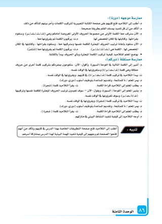 ‫الثامنة‬‫الوحدة‬ 86
: ‫دورنا‬ ‫ه‬ ‫موج‬‫ار�سة‬
.‫ذلك‬‫من‬‫أكد‬‫ا‬‫للت‬‫بينهم‬‫أمر‬‫ا‬‫و‬،‫الكلمات‬‫لرتكيب‬‫التعبرية‬‫الكتابة‬‫�سفحة‬‫على‬‫كتبهم‬‫فتح‬‫التالميذ‬‫إىل‬‫ا‬‫أطلب‬‫ا‬:‫م‬
.‫�سحيحة‬‫بطريقة‬‫القلم‬‫مي�سك‬‫تلميذ‬‫كل‬‫أن‬‫ا‬‫من‬‫أكد‬‫ا‬‫أت‬‫ا‬:‫م‬
‫و�سنقوم‬ ،)‫�ر‬����/���‫س‬�����/�����‫ت‬����/���‫ن‬‫(ت‬ ‫وهي‬ ‫أمامكم‬‫ا‬ ‫املعرو�سة‬ ‫أوىل‬‫ل‬‫ا‬ ‫احلروف‬ ‫جمموعة‬ ‫من‬ ‫أوىل‬‫ل‬‫ا‬ ‫الكلمة‬ ‫معا‬ ‫كب‬ ‫�س‬ ‫آن‬‫ل‬‫ا‬ :‫م‬
.‫معا‬‫ؤونها‬‫و‬‫يقر‬‫ثم‬‫الكلمة‬‫بون‬ِّ‫ك‬‫ير‬:‫م.ت‬ .‫لها‬‫املخ�س�س‬‫املكان‬‫يف‬‫وكتابتها‬،‫بقراءتها‬
‫املكان‬ ‫يف‬ ‫وكتابتها‬ ، ‫بقراءتها‬ ‫و�سنقوم‬ ، ‫معا‬ ‫كبها‬ ‫و�س‬ ‫نف�سها‬ ‫للكلمة‬ ‫ة‬ ‫املبع‬ ‫احلروف‬ ‫ترتيب‬ ‫إعادة‬‫ا‬‫ب‬ ‫�سنقوم‬ ‫آن‬‫ل‬‫ا‬ :‫م‬
.)ُ‫ر‬‫(تنت�س‬‫معا‬‫ؤونها‬‫و‬‫يقر‬‫ثم‬‫الكلمة‬‫بون‬ِّ‫ك‬‫ير‬:‫م.ت‬ .)‫�ر‬���/���‫ت‬���/��‫ن‬‫�/ت‬��‫س‬����(‫هي‬‫الكلمة‬.‫لها‬‫املخ�س�س‬
.‫بالكتابة‬ ‫أ‬‫ا‬‫يبد‬ ‫احلروف‬ ‫أي‬‫ا‬‫وب‬ ‫ة‬ ‫املبع‬ ‫الكلمة‬ ‫تركيب‬ ‫كيفية‬ ‫للتالميذ‬ ‫املعلم‬ ‫يو�سح‬ •
: ‫دوركم‬ ‫م�ستقلة‬‫ار�سة‬
‫حروف‬ ‫من‬ ‫أخرى‬‫ا‬ ‫كلمة‬ ‫برتكيب‬ ‫مبفردكم‬ ‫�ستقومون‬ -‫آن‬‫ل‬‫ا‬ :‫أقول‬‫ا‬‫و‬ ‫اللوحة/ال�سبورة‬ ‫يف‬ ‫التالية‬ ‫الكلمة‬ ‫إىل‬‫ا‬ ‫أ�سر‬‫ا‬ :‫م‬
.‫نف�سه‬‫الوقت‬‫يف‬‫ؤونها‬‫و‬‫و�ستقر‬)‫�ر/ة‬��/���‫ج‬����/��َ‫(�س‬‫كلمة‬‫وهي‬‫مفككة‬
.‫نف�سه‬‫الوقت‬‫يف‬‫ؤونها‬‫و‬‫ويقر‬،‫كتبهم‬‫يف‬،)‫�ر/ة‬��/���‫ج‬����/��َ‫(�س‬‫كلمة‬‫تركيب‬‫يف‬‫التالميذ‬‫أ‬‫ا‬‫يبد‬:‫ت‬
.)‫دورك‬،‫(دوري‬‫أ�سلوب‬‫ا‬‫بتوظيف‬‫امل�ساعدة‬‫وتقدمي‬،‫للمتابعة‬‫�ة‬/‫املعلم‬‫مير‬:‫م‬
.)‫(�سجرة‬‫كلمة‬‫التالميذ‬‫أ‬‫ا‬‫يقر‬:‫ت‬ .‫الكلمة‬‫قراءة‬‫التالميذ‬‫إىل‬‫ا‬‫املعلم‬‫يطلب‬:‫م‬
‫وتركيبها‬ ‫نف�سها‬ ‫للكلمة‬ ‫ة‬ ‫املبع‬ ‫احلروف‬ ‫ترتيب‬ ‫تعيدون‬ ‫�سوف‬ – ‫آن‬‫ل‬‫ا‬ :‫ويقول‬ ،‫ال�سبورة‬ /‫اللوحة‬ ‫إىل‬‫ا‬ ‫املعلم‬ ‫ي�سر‬ :‫م‬
.‫نف�سه‬‫الوقت‬‫يف‬‫ؤونها‬‫و‬‫تقر‬‫و�سوف‬،)‫�ر‬��/���‫ج‬���/‫�/ة‬�‫س‬�(
.‫نف�سه‬‫الوقت‬‫يف‬‫ؤونها‬‫و‬‫ويقر‬،)‫(�سجرة‬‫كلمة‬‫تركيب‬‫يف‬‫التالميذ‬‫أ‬‫ا‬‫يبد‬:‫ت‬
.)‫دورك‬،‫(دوري‬‫أ�سلوب‬‫ا‬‫بتوظيف‬‫امل�ساعدة‬‫وتقدمي‬،‫للمتابعة‬‫�ة‬/‫املعلم‬‫مير‬:‫م‬
.)‫�سجرة‬(‫كلمة‬‫التالميذ‬‫أ‬‫ا‬‫يقر‬:‫ت‬ .‫الكلمة‬‫قراءة‬‫التالميذ‬‫إىل‬‫ا‬‫املعلم‬‫يطلب‬:‫م‬
.‫منازلهم‬‫يف‬‫البيتي‬‫الن�ساط‬‫تنفيذ‬‫كيفية‬‫إىل‬‫ا‬‫التالميذ‬‫أوجه‬‫ا‬:‫م‬
‫أنهم‬‫ا‬ ‫من‬ ‫أكد‬‫ا‬‫وت‬ ‫كتبهم‬ ‫يف‬ ‫الدر�س‬ ‫بهذا‬ ‫اخلا�سة‬ ‫التطبيقات‬ ‫�سفحة‬ ‫فتح‬ ‫التالميذ‬ ‫إىل‬‫ا‬ ‫أطلب‬‫ا‬
.‫أ�سرهم‬‫ا‬‫مب�ساركة‬‫الدر�س‬‫لهذا‬‫البيتية‬‫املهمة‬‫تنفيذ‬‫كيفية‬‫إىل‬‫ا‬‫وجههم‬‫ثم‬‫ال�سفحة‬‫فتحوا‬
:‫تنبيه‬
 