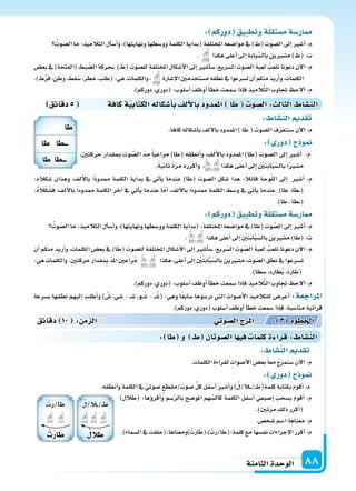 ‫الثامنة‬‫الوحدة‬ 88
: ‫دوركم‬ ‫وتطبيق‬‫ة‬‫م�ستقل‬‫ار�سة‬
ُ‫ال�سوت‬‫ما‬:‫التالميذ‬‫أل‬‫ا‬‫أ�س‬‫ا‬‫و‬،)‫ونهايتها‬‫وو�سطها‬‫الكلمة‬‫(بداية‬‫املختلفة‬‫موا�سعه‬‫يف‬) َ‫(ط‬‫ال�سوت‬‫إىل‬‫ا‬‫أ�سر‬‫ا‬:‫م‬
. ‫هكذا‬‫أعلى‬‫ا‬‫إىل‬‫ا‬‫بابة‬َّ‫بال�س‬‫م�سرين‬) َ‫(ط‬:‫ت‬
‫بع�س‬ ‫يف‬ )‫(الفتحة‬ ‫بط‬ ّ‫ال�س‬ ‫بحركة‬ ) َ‫(ط‬ ‫لل�سوت‬ ‫املختلفة‬ ‫أ�سكال‬‫ل‬‫ا‬ ‫إىل‬‫ا‬ ‫أ�سر‬‫ا‬‫�س‬ ،‫ال�سريع‬ ‫وت‬ ّ‫ال�س‬ َ‫ة‬‫لعب‬ ُ‫نلعب‬ ‫دعونا‬ ‫آن‬‫ل‬‫ا‬ :‫م‬
.) َ‫ط‬َّ‫ر‬َ‫ف‬،‫ن‬َ‫ط‬َ‫و‬، َ‫ط‬َ‫ق‬َ‫�س‬،‫ر‬َ‫َط‬‫م‬،َ‫ب‬َ‫ل‬َ‫(ط‬:‫هي‬،‫والكلمات‬، ‫إ�سارة‬‫ل‬‫ا‬‫م�ستخدمن‬‫نطقه‬‫يف‬‫ت�سرعوا‬‫أن‬‫ا‬‫منكم‬‫أريد‬‫ا‬‫و‬،‫الكلمات‬
.)‫دوركم‬،‫(دوري‬:‫أ�سلوب‬‫ا‬‫أوظف‬‫ا‬ ً‫أ‬‫ا‬‫خط‬‫�سمعت‬‫إذا‬‫ا‬‫ف‬‫يذ‬ِ‫الم‬َّ‫ت‬‫ال‬ َ‫جتاوب‬ ‫ألح‬‫ا‬:‫م‬
‫دقائق‬5 ‫كافة‬‫ة‬‫الكتابي‬‫أ�سكاله‬‫ا‬‫ب‬‫ألف‬‫ل‬‫با‬‫املمدود‬ ‫ا‬ ‫ال�سو‬: ‫الثال‬ ‫الن�سا‬
:‫كاله‬َ‫�س‬ ‫وهذان‬ ،‫ألف‬‫ل‬‫با‬ ‫ًا‬‫د‬‫ممدو‬ ‫الكلمة‬ ‫بداية‬ ‫يف‬ ‫أتي‬‫ا‬‫ي‬ ‫عندما‬ )‫(طا‬ ‫ال�سوت‬ ‫�سكل‬ ‫هذا‬ :ً‫ال‬‫قائ‬ ‫وحة‬ّ‫ل‬‫ال‬ ‫إىل‬‫ا‬ ‫أ�سر‬‫ا‬ :‫م‬
:ُ‫ه‬‫ال‬ْ‫ك‬َ‫ف�س‬ ،‫ألف‬‫ل‬‫با‬ ً‫ا‬‫ممدود‬ ‫الكلمة‬ ‫آخر‬‫ا‬ ‫يف‬ ‫أتي‬‫ا‬‫ي‬ ‫عندما‬ ‫ا‬ّ‫أم‬‫ا‬ ،‫ألف‬‫ل‬‫با‬ ‫ًا‬‫د‬‫ممدو‬ ‫الكلمة‬ ‫و�سط‬ ‫يف‬ ‫أتي‬‫ا‬‫ي‬ ‫ندما‬ِ‫ع‬ )‫طا‬ ،‫�طا‬��(
.)‫طا‬،‫�طا‬��(
: ‫دوركم‬ ‫وتطبيق‬‫ة‬‫م�ستقل‬‫ار�سة‬
ُ‫وت‬ ّ‫ال�س‬‫ما‬:‫التالميذ‬‫أل‬‫ا‬‫أ�س‬‫ا‬‫و‬،)‫ونهايتها‬‫وو�سطها‬‫الكلمة‬‫(بداية‬:‫املختلفة‬‫موا�سعه‬‫يف‬)‫(طا‬‫وت‬ َّ‫ال�س‬‫إىل‬‫ا‬‫أ�سر‬‫ا‬:‫م‬
. ‫هكذا‬‫أعلى‬‫ا‬‫إىل‬‫ا‬ ِ ْ‫ن‬َ‫ت‬َ‫ب‬‫ا‬َّ‫ب‬ّ‫بال�س‬‫م�سرين‬)‫(طا‬:‫ت‬
‫أن‬‫ا‬ ‫منكم‬ ‫أريد‬‫ا‬‫و‬ ،‫الكلمات‬ ‫بع�س‬ ‫يف‬ )‫(طا‬ ‫لل�سوت‬ ‫املختلفة‬ ِ‫أ�سكال‬‫ل‬‫ا‬ ‫إىل‬‫ا‬ ‫أ�سر‬‫ا‬‫�س‬ ،‫ريع‬ّ‫ال�س‬ ِ‫وت‬ ّ‫ال�س‬ َ‫ة‬‫لعب‬ ُ‫نلعب‬ ‫دعونا‬ ‫آن‬‫ل‬‫ا‬ :‫م‬
:‫هي‬‫والكلمات‬.ِ‫ن‬‫حركت‬‫قدار‬ ِ‫مب‬ ّ‫د‬‫امل‬‫راعن‬ُ‫م‬ ‫هكذا‬،‫أعلى‬‫ا‬‫إىل‬‫ا‬ ِ ْ‫ن‬َ‫ت‬َ‫ب‬‫ا‬َّ‫ب‬ّ‫بال�س‬‫م�سرين‬،‫وت‬ ّ‫ال�س‬‫نطق‬‫يف‬‫ت�سرعوا‬
.)‫�سطا‬،‫ارد‬ َ‫ط‬ُ‫ي‬،َ‫د‬َ‫ر‬‫ا‬َ‫(ط‬
.)‫دوركم‬،‫(دوري‬:‫أ�سلوب‬‫ا‬‫أوظف‬‫ا‬ً‫أ‬‫ا‬‫خط‬‫�سمعت‬‫إذا‬‫ا‬‫ف‬‫يذ‬ِ‫الم‬َّ‫ت‬‫ال‬ َ‫جتاوب‬ ‫ألح‬‫ا‬:‫م‬
‫ب�سرعة‬ ‫نطقها‬ ‫إليهم‬‫ا‬ ‫أطلب‬‫ا‬‫و‬ ) ْ‫�س‬ ،‫ي‬ ِ‫�س‬ - �� ِ‫�س‬ ،‫�و‬�ُ‫�س‬ - ��ُ‫(�س‬ :‫وهي‬ ‫ا‬ً‫ق‬‫�ساب‬ ‫در�سوها‬ ‫التي‬ ‫أ�سوات‬‫ل‬‫ا‬ ‫للتالميذ‬ ‫أعر�س‬‫ا‬ :‫املراجعة‬
.)‫دوركم‬،‫(دوري‬‫أ�سلوب‬‫ا‬‫أوظف‬‫ا‬‫أ‬‫ا‬‫خط‬‫�سمعت‬‫إذا‬‫ا‬‫ف‬،‫منا�سبة‬‫قرائية‬
: ‫الن�سا‬ ‫تقد‬
.‫كافة‬‫أ�سكاله‬‫ا‬‫ب‬‫ألف‬‫ل‬‫با‬‫املمدود‬)‫ا‬َ‫ط‬(‫ال�سوت‬‫ف‬ّ‫ر‬‫�سنتع‬‫آن‬‫ل‬‫ا‬:‫م‬
: ‫دور‬ ‫ج‬ ‫و‬
،‫حركتن‬ ‫مبقدار‬ ‫وت‬ َّ‫ال�س‬ ّ‫د‬‫م‬ ً‫ا‬‫مراعي‬ )‫(طا‬ ‫أنطقه‬‫ا‬‫و‬ ،‫ألف‬‫ل‬‫با‬ ‫املمدود‬ )‫(طا‬ ‫ال�سوت‬ ‫إىل‬‫ا‬ ‫أ�سر‬‫ا‬ :‫م‬
.ً‫ة‬‫ثاني‬ ً‫ة‬ّ‫ر‬‫م‬ ‫أكرره‬‫ا‬‫و‬ ، ‫هكذا‬ ‫أعلى‬‫ا‬ ‫إىل‬‫ا‬ ِ ْ‫ن‬َ‫ت‬َ‫ب‬‫ا‬َّ‫ب‬ّ‫بال�س‬ ‫ا‬ً‫ر‬‫م�س‬
: ‫الن�سا‬ ‫تقد‬
.‫الكلمات‬‫لقراءة‬ ِ‫أ�سوات‬‫ل‬‫ا‬‫بع�س‬ً‫ا‬‫مع‬ ُ‫ج‬‫�سنمز‬ َ‫ن‬‫آ‬‫ل‬‫ا‬:‫م‬
: ‫دور‬ ‫ج‬ ‫و‬
.‫أنطقه‬‫ا‬‫و‬‫الكلمة‬‫يف‬ ّ‫�سوتي‬ ‫�سوت/مقطع‬ ِّ‫ل‬‫ك‬‫أ�سفل‬‫ا‬‫أ�سر‬‫ا‬‫و‬)ُ‫�ال/ل‬���/��َ‫كلمة(ط‬‫بكتابة‬‫أقوم‬‫ا‬:‫م‬
‫دقائق‬ 10 : ‫م‬ ‫ال‬ ‫وتي‬‫ال�س‬‫ج‬ ‫امل‬ : 3 ‫اخلطوة‬
: ‫ا‬ ‫و‬ ‫ال�سوتان‬‫ا‬ ‫في‬ ‫كلما‬‫ة‬ ‫قرا‬: ‫الن�سا‬
)‫(طالل‬ :‫ؤها‬‫و‬‫أقر‬‫ا‬‫و‬ ‫�سم‬ّ‫ر‬‫بال‬ ‫املو�سح‬ ‫هم‬ّ‫كال�س‬ ‫الكلمة‬ ‫أ�سفل‬‫ا‬ ‫إ�سبعي‬‫ا‬ ‫ب�سحب‬ ‫أقوم‬‫ا‬ :‫م‬
.)‫تن‬ّ‫ر‬‫م‬‫ذلك‬‫أكرر‬‫ا‬(
.‫�سخ�س‬‫معناها:ا�سم‬:‫م‬
.)‫ال�سماء‬‫يف‬‫)ومعناها:(حلقت‬ْ‫ت‬َ‫ر‬‫ا‬َ‫)،(ط‬ْ‫ت‬َ‫ر‬/‫ا‬َ‫كلمة:(ط‬‫مع‬‫نف�سها‬‫إجراءات‬‫ل‬‫ا‬‫أكرر‬‫ا‬:‫م‬
‫ا‬
‫ا‬ ‫ـــطا‬
‫ا‬ ‫ـــطا‬
ُ‫�ال/ل‬�/��َ‫ط‬
ُ ‫ال‬
ْ‫ت‬َ‫ر‬/‫ا‬َ‫ط‬
‫ار‬
 