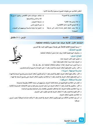 ‫الثامنة‬‫الوحدة‬ 94
‫ال�سورة‬‫يف‬‫ت�ساهدون‬‫ماذا‬:‫م‬
‫املكان‬‫هذا‬‫ي�سمى‬‫ماذا‬:‫م‬
‫أققا�س‬‫ل‬‫ا‬‫داخل‬‫أ�سود‬‫ل‬‫ا‬‫تو�سع‬‫ملاذا‬:‫م‬
‫حديقة‬ ‫إىل‬‫ا‬ ‫تذهب‬ ‫عندما‬ ‫تفعل‬ ‫عليك‬ ‫يجب‬ ‫ماذا‬ :‫م‬
‫احليوان‬
‫يف‬ ‫ت�سبح‬ ‫ا‬ً‫ر‬‫وطيو‬ ،‫أقفا�س‬‫ل‬‫ا‬ ‫داخل‬ ‫حيوانات‬ ‫ن�ساهد‬ :‫ت‬
.‫ي�ساهدونها‬‫والنا�س‬،‫املاء‬
.‫احليوان‬‫حديقة‬:‫ت‬
.‫النا�س‬‫ؤذي‬‫و‬‫ت‬‫ل‬‫حتى‬:‫ت‬
.‫ال�سواب‬‫إىل‬‫ا‬‫ووجههم‬)‫منا�سبة‬‫إجابة‬‫ا‬‫أية‬‫ا‬‫(تقبل‬:‫ت‬
:‫آتية‬‫ل‬‫ا‬‫أ�سئلة‬‫ل‬‫با‬‫ا‬ً‫ن‬‫م�ستعي‬‫ال�سورة‬‫مكونات‬‫عن‬‫التالميذ‬‫أناق�س‬‫ا‬
.‫الدر�س‬‫يف‬‫البدء‬‫قبل‬‫لوحة/�سبورة‬‫على‬ ً‫ال‬‫كام‬‫الكتابة‬‫أمنوذج‬‫ا‬‫ار�سم‬
: ‫الن�سا‬ ‫تقد‬
.‫املختلفة‬‫أ�سكاله‬‫ا‬‫ب‬‫ًا‬‫د‬‫منفر‬)‫(ط‬‫حرف‬‫كتابة‬‫كيفية‬‫اليوم‬‫�سنتعرف‬:‫م‬
: ‫دور‬ ‫ج‬ ‫و‬
.)‫(ط‬‫احلرف‬‫أكتب‬‫ا‬‫كيف‬‫انظروا‬:‫م‬
.)‫(ط‬‫هكذا‬‫نكتبه‬)‫(طاء‬‫ا�سمه‬)‫(ط‬‫احلرف‬:‫م‬
)‫ط‬،‫�ط‬��،����‫ط‬���،��‫ط‬(‫املختلفة‬‫أ�سكاله‬‫ا‬‫ب‬‫(ونكتبه‬،)‫(طاء‬‫احلرف‬‫ا�سم‬‫أخرى‬‫ا‬‫مرة‬:‫م‬
.‫ت�ساهدون‬‫أنتم‬‫ا‬‫و‬‫ال�سبورة‬‫أو‬‫ا‬‫اللوحة‬‫على‬)1(‫رقم‬‫ال�سف‬‫يف‬‫احلرف‬‫أ�سكال‬‫ا‬‫فوق‬‫القلم‬‫أمرر‬‫ا‬‫�س‬-‫آن‬‫ل‬‫ا‬:‫م‬
: ‫دورنا‬ ‫ة‬ ‫موج‬‫ار�سة‬
.‫الهواء‬‫يف‬‫ال�سبابة‬‫إ�سبع‬‫ا‬‫ب‬‫بعدي‬‫احلرف‬‫أ�سكال‬‫ا‬‫تكتبون‬‫أنتم‬‫ا‬‫و‬)1(‫رقم‬‫ال�سف‬‫يف‬‫املظلل‬‫احلرف‬‫أ�سكال‬‫ا‬‫فوق‬‫أكتب‬‫ا‬‫�س‬-‫آن‬‫ل‬‫ا‬:‫م‬
.‫الهواء‬‫يف‬‫ال�سبابة‬‫إ�سبع‬‫ا‬‫ب‬‫معي‬‫احلرف‬‫أ�سكال‬‫ا‬‫يكتبون‬‫والتالميذ‬)1(‫رقم‬‫ال�سف‬‫يف‬‫احلرف‬‫أ�سكال‬‫ا‬‫فوق‬‫أمررالقلم‬‫ا‬:‫م‬
: ‫دوركم‬ ‫م�ستقلة‬‫ار�سة‬
.‫�سحيحة‬‫بطريقة‬‫أقالم‬‫ل‬‫ا‬‫م�سك‬‫إىل‬‫ا‬‫أوجههم‬‫ا‬‫و‬،‫احلرف‬‫كتابة‬‫ن�ساط‬‫إىل‬‫ا‬‫كتبهم‬‫فتح‬‫التالميذ‬‫إىل‬‫ا‬‫أطلب‬‫ا‬:‫م‬
.‫للكتابة‬‫ال�سحيحة‬‫الجتاهات‬‫مراعن‬‫مبفردكم‬‫اجلدول‬‫أ�سفل‬‫ا‬‫من‬‫احلرف‬‫أ�سكال‬‫ا‬)1(‫رقم‬‫ال�سف‬‫يف‬‫�ستكتبون‬-‫آن‬‫ل‬‫ا‬:‫م‬
.‫امل�ساعدة‬‫وتقدمي‬‫للمتابعة‬‫أمر‬‫ا‬‫و‬،‫للكتابة‬‫املخ�س�س‬‫املكان‬‫يف‬)‫(ط‬‫احلرف‬‫بكتابة‬‫التالميذ‬‫أ‬‫ا‬‫يبد‬:‫ت‬
.‫اجلدول‬‫أعلى‬‫ا‬‫مكتوب‬‫هو‬‫كما‬‫احلرف‬‫أ�سكال‬‫ا‬)2(‫رقم‬‫ال�سف‬‫يف‬‫اكتبوا‬‫آن‬‫ل‬‫ا‬:‫م‬
.‫احلرف‬‫أ�سكال‬‫ا‬‫يكتبون‬‫التالميذ‬:‫ت‬
، ‫(دوري‬ ‫أ�سلوب‬‫ا‬ ‫ا‬ً‫ف‬‫موظ‬ ‫امل�ساعدة‬ ‫أقدم‬‫ا‬‫و‬ )2( ‫رقم‬ ‫ال�سف‬ ‫يف‬ ‫احلرف‬ ‫أ�سكال‬‫ا‬ ‫يكتبون‬ ‫أنهم‬‫ا‬ ‫من‬ ‫أكد‬‫ا‬‫أت‬‫ل‬ ‫التالميذ‬ ‫بن‬ ‫أمر‬‫ا‬ :.‫م‬
)‫دوركم‬
‫دقائق‬ 10 : ‫م‬ ‫ال‬ ‫الكتابة‬ : 6 ‫اخلطوة‬
:‫تلفة‬ ‫امل‬‫أ�سكاله‬‫ا‬‫ب‬‫ا‬‫منفرد‬ ‫حرف‬‫كتابة‬: ‫أو‬‫ل‬‫ا‬ ‫الن�سا‬
 