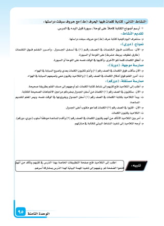 ‫الثامنة‬‫الوحدة‬95
.‫الدر�س‬‫يف‬ ‫البدء‬‫قبل‬‫�سبورة‬/‫لوحة‬‫على‬ ً‫ال‬‫كام‬‫الكتابة‬‫أمنوذج‬‫ا‬‫أر�سم‬‫ا‬
: ‫الن�سا‬ ‫تقد‬
.‫درا�ستها‬‫�سبقت‬‫حروف‬‫مع‬)‫(ط‬‫حرف‬‫كتابة‬‫كيفية‬‫اليوم‬‫�سنتعرف‬:‫م‬
: ‫دور‬ ‫ج‬ ‫و‬
‫�ات‬�‫م‬��‫ل‬��‫ك‬��‫ل‬‫ا‬ ‫�وق‬����‫ف‬ ‫�م‬��‫ل‬���‫ق‬���‫ل‬‫ا‬ ‫�رر‬��������‫م‬‫أ‬‫ا‬‫و‬ ، ‫�دول‬�������‫جل‬‫ا‬ ‫�ل‬��‫ف‬���‫س‬����‫أ‬‫ا‬ ‫يف‬ )1( ‫�م‬����‫ق‬‫ر‬ ‫�ف‬��‫س‬�������‫ل‬‫ا‬ ‫يف‬ ‫�ات‬��‫م‬���‫ل‬���‫ك‬���‫ل‬‫ا‬ ‫�وق‬����‫ف‬ ‫�ب‬��‫ت‬���‫ك‬‫أ‬‫ا‬���‫س‬���� -‫آن‬‫ل‬‫ا‬ :‫م‬
.‫ال�سبورة‬‫أو‬‫ا‬‫اللوحة‬‫على‬)‫م�سرط‬،‫يربط‬،‫تطوف‬،‫(طارق‬
.‫ال�سبورة‬‫أو‬‫ا‬‫اللوحة‬‫على‬‫نف�سه‬‫الوقت‬‫يف‬‫أكتبها‬‫ا‬‫و‬،‫أخرى‬‫ل‬‫ا‬‫تلو‬‫كلمة‬‫الكلمات‬‫أنطق‬‫ا‬:‫م‬
: ‫دورنا‬ ‫ة‬ ‫موج‬‫ار�سة‬
.‫الهواء‬‫يف‬‫ال�سبابة‬‫إ�سبع‬‫ا‬‫ب‬‫بعدي‬‫الكلمات‬‫تكتبون‬‫أنتم‬‫ا‬‫و‬)1(‫رقم‬‫ال�سف‬‫يف‬‫الكلمات‬‫فوق‬‫أكتب‬‫ا‬‫�س‬‫آن‬‫ل‬‫ا‬:‫م‬
.‫الهواء‬‫يف‬‫ال�سبابة‬‫إ�سبعهم‬‫ا‬‫ب‬‫معي‬‫يكتبون‬‫والتالميذ‬)1(‫رقم‬‫ال�سف‬‫يف‬‫الكلمات‬‫أ�سكال‬‫ا‬‫فوق‬‫القلم‬‫أمرر‬‫ا‬:‫ت‬‫م‬
: ‫دوركم‬ ‫م�ستقلة‬‫ار�سة‬
.‫�سحيحة‬‫بطريقة‬‫القلم‬‫م�سك‬‫إىل‬‫ا‬‫أوجههم‬‫ا‬‫ثم‬،‫الكلمات‬‫كتابة‬‫ن�ساط‬‫إىل‬‫ا‬‫كتبهم‬‫فتح‬‫التالميذ‬‫إىل‬‫ا‬‫أطلب‬‫ا‬:‫م‬
.‫للكتابة‬‫ال�سحيحة‬‫الجتاهات‬‫مراعن‬‫مبفردكم‬‫اجلدول‬‫أ�سفل‬‫ا‬‫من‬‫الكلمات‬)1(‫رقم‬‫ال�سف‬‫يف‬‫�ستكتبون‬-‫آن‬‫ل‬‫ا‬:‫م‬
‫لتقدمي‬ ‫املعلم‬ ‫ومير‬ ،‫نف�سه‬ ‫الوقت‬ ‫يف‬ ‫ؤونها‬‫و‬‫ويقر‬ ‫�دول‬�‫جل‬‫ا‬ ‫أ�سفل‬‫ا‬ )1( ‫رقم‬ ‫ال�سف‬ ‫يف‬ ‫الكلمات‬ ‫بكتابة‬ ‫التالميذ‬ ‫أ‬‫ا‬‫يبد‬ :‫ت‬
.‫امل�ساعدة‬
.‫اجلدول‬‫أعلى‬‫ا‬‫مكتوب‬‫هو‬‫كما‬‫الكلمات‬)2(‫رقم‬‫ال�سف‬‫يف‬‫اكتبوا‬-‫آن‬‫ل‬‫ا‬:‫م‬
.‫الكلمات‬‫يكتبون‬‫التالميذ‬:‫ت‬
.)‫دوركم‬،‫(دوري‬‫أ�سلوب‬‫ا‬‫ا‬ً‫ف‬‫موظ‬‫امل�ساعدة‬‫أقدم‬‫ا‬‫و‬)2(‫رقم‬‫ال�سف‬‫يف‬‫الكلمات‬‫يكتبون‬‫أنهم‬‫ا‬‫من‬‫أكد‬‫ا‬‫أت‬‫ل‬‫التالميذ‬‫بن‬‫أمر‬‫ا‬:‫م‬
.‫منازلهم‬‫يف‬‫للكتابة‬‫البيتي‬‫الن�ساط‬‫تنفيذ‬‫إىل‬‫ا‬‫التالميذ‬‫أوجه‬‫ا‬:‫م‬
‫هم‬ّ‫ن‬‫أ‬‫ا‬ ‫من‬ ‫أكد‬‫ا‬‫وت‬ ‫كتبهم‬ ‫يف‬ ‫ّر�س‬‫د‬‫ال‬ ‫بهذا‬ ‫اخلا�سة‬ ‫التطبيقات‬ ‫�سفحة‬ ‫فتح‬ ‫التالميذ‬ ‫إىل‬‫ا‬ ‫اطلب‬
.‫�سرهم‬ُ‫أ‬‫ا‬‫مب�ساركة‬‫ّر�س‬‫د‬‫ال‬‫لهذا‬‫ة‬ّ‫ي‬‫البيت‬‫املهمة‬‫تنفيذ‬‫إىل‬‫ا‬‫ههم‬ّ‫وج‬ ‫ثم‬‫فحة‬ ّ‫ال�س‬‫فتحوا‬
:‫تنبيه‬
:‫ا‬ ‫درا�ست‬ ‫�سبق‬‫حروف‬ ‫م‬ ‫احلرف‬‫ا‬ ‫في‬ ‫كلما‬‫كتابة‬: ‫الثا‬ ‫الن�سا‬
 