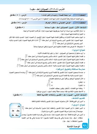 ‫الثامنة‬‫الوحدة‬ 96
‫دقائق‬5 ‫كافة‬‫ة‬‫الكتابي‬‫أ�سكاله‬‫ا‬‫ب‬‫املك�سور‬ ِ ‫ال�سو‬: ‫الثا‬ ‫الن�سا‬
: ‫الن�سا‬ ‫تقد‬
.‫كافة‬‫ة‬ّ‫ي‬‫الكتاب‬‫أ�سكاله‬‫ا‬‫ب‬‫املك�سور‬) ِ‫(ط‬ َ‫ال�سوت‬‫ف‬ّ‫ر‬‫�سنتع‬‫آن‬‫ل‬‫ا‬:ً‫ال‬‫قائ‬‫وح‬ّ‫ل‬‫ال‬‫إىل‬‫ا‬‫أ�سر‬‫ا‬:‫م‬
: ‫دور‬ ‫ج‬ ‫و‬
‫هكذا‬ ‫أ�سفل‬‫ا‬ ‫إىل‬‫ا‬ ‫بال�سبابة‬ ً‫ا‬‫م�سر‬ ) ِ‫(ط‬ ‫أنطقه‬‫ا‬‫و‬ ،‫املك�سور‬ ) ِ‫(ط‬ ‫ال�سوت‬ ‫إىل‬‫ا‬ ‫�ة‬ /‫م‬ِّ‫ل‬‫املع‬ ‫أ�سر‬‫ا‬ :‫م‬
.)ً‫ة‬‫ثاني‬‫ة‬ّ‫ر‬‫م‬‫أكرره‬‫ا‬(.‫املك�سور‬‫ال�سوت‬‫حركة‬‫إ�سارة‬‫ا‬‫هذه‬ ّ‫أن‬‫ا‬ً‫ا‬‫مو�سح‬
‫وهذان‬ ،ً‫ا‬‫مك�سور‬ ‫الكلمة‬ ‫بداية‬ ‫يف‬ ‫أتي‬‫ا‬‫ي‬ ‫عندما‬ ) ِ‫(ط‬ ‫ال�سوت‬ ‫�سكل‬ ‫هذا‬ :ً‫ال‬‫قائ‬ ‫وحة‬ّ‫ل‬‫ال‬ ‫إىل‬‫ا‬ ‫أ�سر‬‫ا‬ :‫م‬
‫الكلمة‬ ‫آخر‬‫ا‬ ‫يف‬ ‫أتي‬‫ا‬‫ي‬ ‫عندما‬ ‫ا‬ّ‫أم‬‫ا‬ ،ً‫ا‬‫مك�سور‬ ‫الكلمة‬ ‫و�سط‬ ‫يف‬ ‫أتي‬‫ا‬‫ي‬ ‫عندما‬ ) ِ‫ط‬ ، ��� ِ‫�ط‬��( :‫�سكاله‬
.) ِ‫ط‬ - ��� ِ‫�ط‬��( :‫ف�سكاله‬ ،ً‫ا‬‫مك�سور‬
‫دقائق‬5 ‫�سماعا‬ ‫يــ‬ ِ ‫ــ‬ ِ ‫الـ�سـوتني‬ ‫يي‬ : ‫أو‬‫ل‬‫ا‬ ‫الن�سا‬
‫يـــ‬ ِ ‫ــ‬ ِ ‫ال�سوتان‬: 3 2 8 ‫ر�س‬َّ‫الد‬
.)7(‫الوحدة‬)2-1-7(‫ّر�س‬‫د‬‫ال‬‫من‬)1(‫اخلطوة‬‫حتت‬‫إليها‬‫ا‬‫امل�سار‬‫للتعليمات‬ً‫ا‬‫وفق‬‫امل�ستقلة‬‫ة‬ ّ‫ِ�س‬‫ق‬‫ال‬‫راجع‬-
.‫الراجعة‬ ‫التغذية‬ ‫أقدم‬‫ا‬ َّ‫م‬ُ‫ث‬ ، ) ِ‫(ط‬ ‫�سوت‬ ‫فيها‬ ،‫يعرفونها‬ ‫أ�سياء‬‫ا‬ ‫أو‬‫ا‬ ،‫أ�سماء‬‫ا‬ ‫عن‬ ‫يذ‬ِ‫َّالم‬‫ت‬‫ال‬ ‫أل‬‫ا‬‫أ�س‬‫ا‬ :‫م‬
.) ِ‫(ط‬‫أ�سوات‬‫ا‬‫فيها‬‫كلمات‬‫أية‬‫ا‬‫أتقبل‬‫ا‬:‫م‬
‫كان‬ ‫إذا‬‫ا‬‫ف‬ ،‫بالياء‬ ‫املمدود‬ )��‫ي‬ ِ‫(ط‬ ‫ال�سوت‬ ‫أو‬‫ا‬ ،‫املك�سور‬ )��‫ي‬ ِ‫(ط‬ ‫ال�سوت‬ ‫فيها‬ ‫كلمات‬ ‫أقول‬‫ا‬‫و�س‬ ،‫إ�سارات‬‫ل‬‫ا‬ ‫لعبة‬ ‫�سنلعب‬ ‫اليوم‬ :‫م‬
‫بالياء‬ ‫املمدود‬ )��‫ي‬ ِ‫(ط‬ ‫ال�سوت‬ ‫فيها‬ ‫كان‬ ‫إذا‬‫ا‬ ‫ا‬ّ‫م‬‫أ‬‫ا‬ ، ‫هكذا‬ ‫أ�سفل‬‫ا‬ ‫إىل‬‫ا‬ ‫بابة‬َّ‫ال�س‬ ‫إ�سبع‬‫ا‬‫ب‬ ‫أ�سر‬‫ا‬ ‫املك�سور‬ )� ِ‫(ط‬ ‫ال�سوت‬ ‫فيها‬
. ‫هكذا‬‫أ�سفل‬‫ا‬‫إىل‬‫ا‬ ِ ْ‫ن‬َ‫ت‬َ‫ب‬‫ا‬َّ‫ب‬َّ‫ال�س‬‫إ�سبعي‬‫ا‬‫ب‬‫أ�سر‬‫ا‬
.ً‫ا‬‫�سماع‬‫اعر�سها‬‫ولكن‬‫ال�سبورة‬‫على‬‫مكتوبة‬‫الكلمات‬‫هذه‬‫تعر�س‬‫ل‬:‫ملحوظة‬
: ‫دور‬ ‫ج‬ ‫و‬
:‫آتية‬‫ل‬‫ا‬‫الكلمات‬‫يف‬)���‫ي‬ ِ‫(ط‬‫و‬ )�� ِ‫(ط‬ :‫ال�سوتن‬‫إىل‬‫ا‬‫ت�ستمعوا‬‫أن‬‫ا‬‫منكم‬‫أريد‬‫ا‬:‫م‬
. ‫هكذا‬،‫أ�سفل‬‫ا‬‫إىل‬‫ا‬‫ال�سبابة‬‫إ�سبع‬‫ا‬‫ب‬‫أ�سر‬‫ا‬‫�س‬‫لذلك‬‫املك�سور؛‬) ِ‫(ط‬ ُ‫ال�سوت‬‫فيها‬)‫ل‬ْ‫ف‬ ِ‫(ط‬‫كلمة‬:‫م‬
. ‫هكذا‬،‫أ�سفل‬‫ا‬‫إىل‬‫ا‬‫ال�سبابتن‬‫إ�سبعي‬‫ا‬‫ب‬‫أ�سر‬‫ا‬‫�س‬‫لذلك‬‫بالياء؛‬‫املمدود‬)�‫ي‬‫(ط‬ ُ‫ال�سوت‬‫فيها‬)‫(طن‬‫م:كلمة‬
. ‫هكذا‬،‫أ�سفل‬‫ا‬‫إىل‬‫ا‬‫ال�سبابة‬‫إ�سبع‬‫ا‬‫ب‬‫أ�سر‬‫ا‬‫�س‬‫لذلك‬‫املك�سور؛‬) ِ‫(ط‬ ُ‫ال�سوت‬‫فيها‬)‫ر‬ ِ‫ط‬ ُ‫(مت‬‫كلمة‬:‫م‬
. ‫هكذا‬،‫أ�سفل‬‫ا‬‫إىل‬‫ا‬‫ال�سبابتن‬‫إ�سبعي‬‫ا‬‫ب‬‫أ�سر‬‫ا‬‫�س‬‫لذلك‬‫بالياء؛‬‫املمدود‬)�‫ي‬ ِ‫(ط‬ ُ‫ال�سوت‬‫فيها‬)‫ر‬ ِ‫(يط‬‫م:كلمة‬
: ‫دوركم‬ ‫وتطبيق‬‫ة‬‫م�ستقل‬‫ار�سة‬
‫ال�سوت‬‫ت�سمعون‬‫وعندما‬، ‫هكذا‬‫أ�سفل‬‫ا‬‫إىل‬‫ا‬‫ة‬َ‫ب‬‫ا‬َّ‫ب‬َّ‫ال�س‬‫إ�سبع‬‫ا‬‫ب‬‫أ�سروا‬‫ا‬‫الكلمة‬‫يف‬‫املك�سور‬) ِ‫(ط‬‫ال�سوت‬‫ت�سمعون‬‫عندما‬:‫م‬
. ‫هكذا‬‫أ�سفل‬‫ا‬‫إىل‬‫ا‬‫بابتن‬َّ‫ال�س‬‫إ�سبعي‬‫ا‬‫ب‬‫أ�سروا‬‫ا‬‫الكلمة‬‫يف‬‫بالياء‬‫املمدود‬)��‫ي‬ ِ‫(ط‬
.‫الكلمات‬‫م�سامعكم‬‫على‬‫أ‬‫ا‬‫أقر‬‫ا‬‫و�س‬،‫أعينكم‬‫ا‬‫أغم�سوا‬‫ا‬‫آن‬‫ل‬‫ا‬:‫م‬
. :‫ت‬ .)‫ل‬ْ‫ف‬ ِ‫(ط‬:‫م‬
. :‫ت‬ .)‫ن‬ ِ‫(ط‬:‫م‬
.)‫لطيف‬،‫يعطف‬،‫ر‬ ِ‫َط‬‫ي‬،‫ر‬ ِ‫ط‬ْ ُ‫(مت‬:‫الكلمات‬‫مع‬‫وهكذا‬
.)‫دوركم‬،‫(دوري‬:‫أ�سلوب‬‫ا‬‫أوظف‬‫ا‬ ً‫أ‬‫ا‬‫خط‬‫�سمعت‬‫إذا‬‫ا‬‫ف‬‫يذ‬ِ‫الم‬َّ‫ت‬‫ال‬ َ‫جتاوب‬ ‫ألح‬‫ا‬:‫م‬
‫دقائق‬ 15 : ‫م‬ ‫ال‬ ‫احلرف‬ ‫أ�سكا‬‫ا‬‫و‬ ‫ال�سوتي‬‫الوعي‬ : 2 ‫اخلطوة‬
‫دقائق‬ 5 : ‫م‬ ‫ال‬ ‫والفرا�سا‬‫ر�سيدة‬ ‫ة‬‫ق�س‬‫مراجعة‬ : 1 ‫اخلطوة‬
‫ــ‬ ِ
ِ ‫ــ‬ ِ‫ــط‬
ِ ‫ـ‬ ِ‫ـــط‬
 