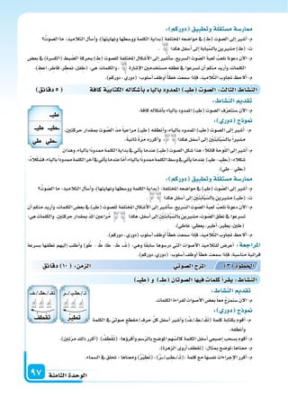 ‫الثامنة‬‫الوحدة‬97
: ‫دوركم‬ ‫وتطبيق‬‫ة‬‫م�ستقل‬‫ار�سة‬
ُ‫ال�سوت‬‫ما‬:‫التالميذ‬‫أل‬‫ا‬‫أ�س‬‫ا‬‫و‬،)‫ونهايتها‬‫وو�سطها‬‫الكلمة‬‫(بداية‬‫املختلفة‬‫موا�سعه‬‫يف‬) ِ‫(ط‬‫ال�سوت‬‫إىل‬‫ا‬‫أ�سر‬‫ا‬:‫م‬
. ‫هكذا‬‫أ�سفل‬‫ا‬‫إىل‬‫ا‬‫بابة‬َّ‫بال�س‬‫م�سرين‬) ِ‫(ط‬:‫ت‬
‫بع�س‬ ‫يف‬ )‫(الك�سرة‬ ‫بط‬ ّ‫ال�س‬ ‫بحركة‬ ) ِ‫(ط‬ ‫لل�سوت‬ ‫املختلفة‬ ‫أ�سكال‬‫ل‬‫ا‬ ‫إىل‬‫ا‬ ‫أ�سر‬‫ا‬‫�س‬ ،‫ال�سريع‬ ‫وت‬ ّ‫ال�س‬ َ‫ة‬‫لعب‬ ُ‫نلعب‬ ‫دعونا‬ ‫آن‬‫ل‬‫ا‬ :‫م‬
.) ِ‫اعط‬،‫ر‬ ِ‫فاط‬،‫ر‬ ِ‫متط‬،‫فل‬ ِ‫(ط‬:‫هي‬،‫والكلمات‬، ‫إ�سارة‬‫ل‬‫ا‬‫م�ستخدمن‬‫نطقه‬‫يف‬‫ت�سرعوا‬‫أن‬‫ا‬‫منكم‬‫أريد‬‫ا‬‫و‬،‫الكلمات‬
.)‫دوركم‬،‫(دوري‬:‫أ�سلوب‬‫ا‬‫أوظف‬‫ا‬ً‫أ‬‫ا‬‫خط‬‫�سمعت‬‫إذا‬‫ا‬‫ف‬،‫يذ‬ِ‫الم‬َّ‫ت‬‫ال‬‫جتاوب‬ ‫ألح‬‫ا‬:‫م‬
‫دقائق‬5 ‫كافة‬‫ة‬‫الكتابي‬‫أ�سكاله‬‫ا‬‫ب‬ ‫باليا‬‫املمدود‬ ‫يــ‬ ِ ‫ال�سو‬: ‫الثال‬ ‫الن�سا‬
‫وهذان‬،‫بالياء‬‫ًا‬‫د‬‫ممدو‬‫الكلمة‬‫بداية‬‫يف‬‫أتي‬‫ا‬‫ي‬‫عندما‬)���‫ي‬ ِ‫(ط‬‫ال�سوت‬‫�سكل‬‫هذا‬:ً‫ال‬‫قائ‬‫وحة‬ّ‫ل‬‫ال‬‫إىل‬‫ا‬‫أ�سر‬‫ا‬:‫م‬
:ُ‫ه‬‫ال‬ْ‫ك‬َ‫ف�س‬،‫بالياء‬ً‫ا‬‫ممدود‬‫الكلمة‬‫آخر‬‫ا‬‫يف‬‫أتي‬‫ا‬‫ي‬‫عندما‬‫ا‬ّ‫م‬‫أ‬‫ا‬،‫بالياء‬‫ًا‬‫د‬‫ممدو‬‫الكلمة‬‫و�سط‬‫يف‬‫أتي‬‫ا‬‫ي‬‫ندما‬ِ‫ع‬ )���‫ي‬‫ط‬-���‫ي‬ ِ‫�ط‬��(:‫كاله‬َ‫�س‬
.)‫طي‬-‫ي‬ ِ‫�ط‬��(
: ‫دوركم‬ ‫وتطبيق‬‫ة‬‫م�ستقل‬‫ار�سة‬
ُ‫وت‬ ّ‫ال�س‬‫ما‬:‫التالميذ‬‫أل‬‫ا‬‫أ�س‬‫ا‬‫و‬،)‫ونهايتها‬‫وو�سطها‬‫الكلمة‬‫(بداية‬:‫املختلفة‬‫موا�سعه‬‫يف‬)��‫ي‬ ِ‫(ط‬‫وت‬ َّ‫ال�س‬‫إىل‬‫ا‬‫أ�سر‬‫ا‬:‫م‬
. ‫هكذا‬‫أ�سفل‬‫ا‬‫إىل‬‫ا‬ ِ ْ‫ن‬َ‫ت‬َ‫ب‬‫ا‬َّ‫ب‬ّ‫بال�س‬‫م�سرين‬)���‫ي‬ ِ‫(ط‬:‫ت‬
‫أن‬‫ا‬ ‫منكم‬ ‫أريد‬‫ا‬‫و‬ ،‫الكلمات‬ ‫بع�س‬ ‫يف‬ )��‫ي‬‫(ط‬ ‫لل�سوت‬ ‫املختلفة‬ ِ‫أ�سكال‬‫ل‬‫ا‬ ‫إىل‬‫ا‬ ‫أ�سر‬‫ا‬‫�س‬ ،‫ريع‬ّ‫ال�س‬ ِ‫وت‬ ّ‫ال�س‬ َ‫ة‬‫لعب‬ ُ‫نلعب‬ ‫دعونا‬ ‫آن‬‫ل‬‫ا‬ :‫م‬
:‫هي‬‫والكلمات‬.ِ‫ن‬‫حركت‬‫قدار‬ ِ‫مب‬ ّ‫د‬‫امل‬‫راعن‬ُ‫م‬ ‫هكذا‬،‫أ�سفل‬‫ا‬‫إىل‬‫ا‬ ِ ْ‫ن‬َ‫ت‬َ‫ب‬‫ا‬َّ‫ب‬ّ‫بال�س‬‫م�سرين‬،‫وت‬ ّ‫ال�س‬‫نطق‬‫يف‬‫ت�سرعوا‬
.)‫ي‬ ِ‫عاط‬،‫ي‬ ِ‫يعط‬،‫ر‬ ِ‫أط‬‫ا‬،‫ر‬ ِ‫يط‬،‫ن‬ ِ‫(ط‬
.)‫دوركم‬،‫(دوري‬‫أ�سلوب‬‫ا‬‫أوظف‬‫ا‬ً‫أ‬‫ا‬‫خط‬‫�سمعت‬‫إذا‬‫ا‬‫ف‬،‫يذ‬ِ‫الم‬َّ‫ت‬‫ال‬‫جتاوب‬ ‫ألح‬‫ا‬:‫م‬
‫ب�سرعة‬ ‫نطقها‬ ‫إليهم‬‫ا‬ ‫أطلب‬‫ا‬‫و‬ )‫و‬ ُ‫ط‬ - ُ‫ط‬ ،‫ا‬َ‫ط‬ - َ‫ط‬ ،��ْ‫(�س‬ :‫وهي‬ ‫ا‬ً‫ق‬‫�ساب‬ ‫در�سوها‬ ‫التي‬ ‫أ�سوات‬‫ل‬‫ا‬ ‫للتالميذ‬ ‫أعر�س‬‫ا‬ :‫املراجعة‬
.)‫دوركم‬،‫(دوري‬:‫أ�سلوب‬‫ا‬‫أوظف‬‫ا‬‫أ‬‫ا‬‫خط‬‫�سمعت‬‫إذا‬‫ا‬‫ف‬،‫منا�سبة‬‫قرائية‬
: ‫الن�سا‬ ‫تقد‬
.‫كافة‬‫أ�سكاله‬‫ا‬‫ب‬‫بالياء‬‫املمدود‬)���‫ي‬ ِ‫(ط‬‫ال�سوت‬‫ف‬ّ‫ر‬‫�سنتع‬‫آن‬‫ل‬‫ا‬:‫م‬
: ‫دور‬ ‫ج‬ ‫و‬
،‫حركتن‬ ‫مبقدار‬ ‫وت‬ َّ‫ال�س‬ ّ‫د‬‫م‬ً‫ا‬‫مراعي‬ )���‫ي‬ ِ‫(ط‬ ‫أنطقه‬‫ا‬‫و‬ ،‫بالياء‬ ‫املمدود‬ )���‫ي‬ ِ‫(ط‬ ‫ال�سوت‬ ‫إىل‬‫ا‬ ‫أ�سر‬‫ا‬ :‫م‬
.ً‫ة‬‫ثاني‬ ً‫ة‬ّ‫ر‬‫م‬ ‫أكرره‬‫ا‬‫و‬ ، ‫هكذا‬ ‫أ�سفل‬‫ا‬ ‫إىل‬‫ا‬ ِ ْ‫ن‬َ‫ت‬َ‫ب‬‫ا‬َّ‫ب‬ّ‫بال�س‬ً‫ا‬‫م�سر‬
: ‫الن�سا‬ ‫تقد‬
.‫الكلمات‬‫لقراءة‬ ِ‫أ�سوات‬‫ل‬‫ا‬‫بع�س‬ً‫ا‬‫مع‬ ُ‫ج‬‫�سنمز‬ َ‫ن‬‫آ‬‫ل‬‫ا‬:‫م‬
: ‫دور‬ ‫ج‬ ‫و‬
‫الكلمة‬ ‫يف‬ ّ‫�سوتي‬ ‫/مقطع‬‫حرف‬ ِّ‫ل‬‫ك‬ ‫أ�سفل‬‫ا‬ ‫أ�سر‬‫ا‬‫و‬ ) ُ‫�ف‬�/�� ِ‫�ط‬�/��ْ‫ق‬َ‫ت‬( ‫كلمة‬ ‫بكتابة‬ ‫أقوم‬‫ا‬ :‫م‬
‫دقائق‬ 10 : ‫م‬ ‫ال‬ ‫وتي‬‫ال�س‬‫ج‬ ‫امل‬ : 3 ‫اخلطوة‬
‫يــ‬ ِ ‫و‬ ‫ــ‬ ِ ‫ال�سوتان‬‫ا‬ ‫في‬ ‫كلما‬‫أ‬‫ا‬‫يقر‬: ‫الن�سا‬
.‫أنطقه‬‫ا‬‫و‬
.)‫تن‬ّ‫ر‬‫م‬‫ذلك‬‫أكرر‬‫ا‬( ) ُ‫ف‬ ِ‫ط‬ْ‫ق‬َ‫ت‬(:‫ؤها‬‫و‬‫أقر‬‫ا‬‫و‬‫�سم‬ّ‫ر‬‫بال‬‫املو�سح‬‫هم‬ّ‫كال�س‬‫الكلمة‬‫أ�سفل‬‫ا‬‫إ�سبعي‬‫ا‬‫ب�سحب‬‫أقوم‬‫ا‬:‫م‬
.)‫الزهرة‬‫أروى‬‫ا‬‫(تقطف‬:‫مبثال‬‫معناها:تو�سح‬:‫م‬
.‫ال�سماء‬‫يف‬‫حتلق‬:‫ومعناها‬)ُ ْ‫ر‬ ِ‫ط‬َ‫ت‬(،)ُ‫ر‬����/��‫ي‬��� ِ‫�ط‬��/��َ‫ت‬(:‫كلمة‬‫مع‬‫نف�سها‬‫إجراءات‬‫ل‬‫ا‬‫أكرر‬‫ا‬:‫م‬
ُ‫ر‬���/��‫ي‬�� ِ‫�ط‬�/��َ‫ت‬
ُ‫ري‬ ِ‫ط‬‫ت‬
ُ‫�ف‬�/��� ِ‫�ط‬��/��ْ‫ق‬َ‫ت‬
ُ‫ف‬ ِ‫قط‬‫ت‬
‫يــ‬ ِ
‫يــ‬ ‫ــطيــ‬
‫ي‬ ‫ــطي‬
 