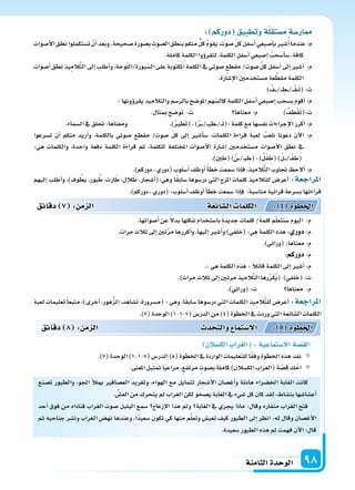 ‫الثامنة‬‫الوحدة‬ 98
‫ت�سنع‬ ‫والطيور‬ ،‫اجلو‬ ‫أ‬‫ال‬‫مي‬ ‫الع�سافر‬ ‫وتغريد‬ ،‫الهواء‬ ‫مع‬ ‫تتمايل‬ ‫أ�سجار‬‫ل‬‫ا‬ ‫أغ�سان‬‫ا‬‫و‬ ‫هادئة‬ ‫اخل�سراء‬ ‫الغابة‬ ‫كانت‬
. ِّ‫الع�س‬‫من‬‫يتحرك‬‫مل‬ ‫الغراب‬‫لكن‬‫ي�سحو‬‫الغابة‬‫يف‬‫�سيء‬‫كل‬‫كان‬‫لقد‬،‫بن�ساط‬‫أع�سا�سها‬‫ا‬
‫أحد‬‫ا‬ ‫فوق‬ ‫من‬ ‫فناداه‬ ‫الغراب‬ ‫�سوت‬ ‫البلبل‬ ‫�سمع‬ ‫إزعاج‬‫ل‬‫ا‬ ‫هذا‬ ‫ومل‬ ‫الغابة‬ ‫يف‬ ‫يجري‬ ‫ماذا‬ :‫وقال‬ ‫منقاره‬ ‫الغراب‬ ‫فتح‬
‫ثم‬ ‫جناحيه‬ ‫ون�سر‬ ‫الغراب‬ ‫نه�س‬ ‫وعندها‬ ،‫ًا‬‫د‬‫�سعي‬ ‫تكون‬ ‫كي‬ ‫منها‬ ‫م‬َّ‫ل‬‫وتع‬ ‫تعي�س‬ ‫كيف‬ ‫الطيور‬ ‫إىل‬‫ا‬ ‫انظر‬ :‫له‬ ‫وقال‬ ‫أغ�سان‬‫ل‬‫ا‬
.‫�سعيدة‬‫الطيور‬‫هذه‬‫مل‬ ‫فهمت‬‫آن‬‫ل‬‫ا‬:‫قال‬
‫دقائق‬ 8 : ‫م‬ ‫ال‬ ‫د‬ ‫والت‬ ‫ال�ستما‬ : 5 ‫اخلطوة‬
‫الك�سالن‬‫راب‬ ‫ال‬ :‫ال�ستماعية‬‫الق�سة‬
.)7(‫الوحدة‬)1-1-7(‫الدر�س‬)5(‫اخلطوة‬‫يف‬‫الواردة‬‫للتعليمات‬‫ا‬ً‫ق‬‫وف‬‫اخلطوة‬‫هذه‬‫نفذ‬
.‫املعنى‬‫متثيل‬‫ا‬ً‫ي‬‫مراع‬،‫مرتفع‬ ‫ب�سوت‬‫كاملة‬)‫الك�سالن‬‫(الغراب‬‫ة‬ ّ‫ق�س‬ ِ‫ك‬ْ‫اح‬
: ‫دوركم‬ ‫وتطبيق‬‫ة‬‫م�ستقل‬‫ار�سة‬
‫أ�سوات‬‫ل‬‫ا‬‫نطق‬‫ت�ستكملوا‬ ْ‫أن‬‫ا‬‫وبعد‬.‫�سحيحة‬‫ب�سورة‬ ِ‫ال�سوت‬ ِ‫بنطق‬‫منكم‬‫كل‬ ُ‫م‬‫يقو‬،‫�سوت‬ ّ‫ل‬‫ك‬‫أ�سفل‬‫ا‬‫إ�سبعي‬‫ا‬‫ب‬‫�سر‬ُ‫أ‬‫ا‬‫عندما‬:‫م‬
.‫كاملة‬‫الكلمة‬‫ؤوا‬‫و‬‫لتقر‬،‫الكلمة‬‫أ�سفل‬‫ا‬‫إ�سبعي‬‫ا‬ ُ‫أ�سحب‬‫ا‬‫�س‬،‫كافة‬
‫أ�سوات‬‫ا‬‫نطق‬‫يذ‬ِ‫الم‬َّ‫ت‬‫ال‬‫إىل‬‫ا‬‫أطلب‬‫ا‬‫و‬،‫وحة‬ّ‫ل‬‫بورة/ال‬ّ‫ال�س‬‫على‬‫املكتوبة‬‫الكلمة‬‫يف‬‫�سوتي‬‫مقطع‬/‫�سوت‬ ِّ‫ل‬‫ك‬‫أ�سفل‬‫ا‬‫إىل‬‫ا‬‫أ�سر‬‫ا‬ :‫م‬
.‫إ�سارة‬‫ل‬‫ا‬‫م�ستخدمن‬‫عة‬ َّ‫مقط‬‫الكلمة‬
) ُ‫�ف‬���/��� ِ‫�ط‬��/���ْ‫ق‬��َ‫ت‬(:‫ت‬
:‫ؤونها‬‫و‬‫يقر‬‫والتالميذ‬‫�سم‬ّ‫ر‬‫بال‬‫املو�سح‬‫هم‬ّ‫كال�س‬‫الكلمة‬‫أ�سفل‬‫ا‬‫إ�سبعي‬‫ا‬‫ب�سحب‬‫أقوم‬‫ا‬:‫م‬
.‫مبثال‬‫تو�سح‬ :‫ت‬ ‫معناها‬:‫م‬ ) ُ‫ف‬ ِ‫ط‬ْ‫ق‬َ‫ت‬(:‫ت‬
.‫ال�سماء‬‫يف‬‫حتلق‬:‫ومعناها‬ ،)ُ‫ر‬‫ط‬َ‫ت‬(،)ُ‫ر‬����/���‫ي‬ ِ‫�ط‬��/��َ‫ت‬(:‫كلمة‬‫مع‬‫نف�سها‬‫إجراءات‬‫ل‬‫ا‬‫أكرر‬‫ا‬:‫م‬
‫ت�سرعوا‬ ‫أن‬‫ا‬ ‫منكم‬ ‫أريد‬‫ا‬‫و‬ ،‫بالكلمة‬ ‫�سوتي‬ ‫مقطع‬ /‫�سوت‬ ّ‫ل‬‫ك‬ ‫إىل‬‫ا‬ ‫أ�سر‬‫ا‬‫�س‬ ،‫الكلمات‬ ‫قراءة‬ َ‫ة‬‫لعب‬ ُ‫نلعب‬ ‫دعونا‬ ‫آن‬‫ل‬‫ا‬ :‫م‬
:‫هي‬ ‫والكلمات‬ ،‫واحدة‬ ‫دفعة‬ ‫الكلمة‬ ‫قراءة‬ ‫ثم‬ ،‫للكلمة‬ ‫املختلفة‬ ‫أ�سوات‬‫ل‬‫ا‬ ‫إ�سارة‬‫ا‬ ‫م�ستخدمن‬ ‫أ�سوات‬‫ل‬‫ا‬ ‫نطق‬ ‫يف‬
.)‫ن‬ ِ‫(ط‬)ُ‫�ن‬��/��‫ي‬ ِ‫(ط‬،)ُ‫ل‬ْ‫ف‬ ِ‫(ط‬)ُ‫ل‬����/��ْ‫ف‬ ِ‫(ط‬
.)‫دوركم‬،‫(دوري‬‫أ�سلوب‬‫ا‬‫أوظف‬‫ا‬ً‫أ‬‫ا‬‫خط‬‫�سمعت‬‫إذا‬‫ا‬‫ف‬،‫يذ‬ِ‫الم‬َّ‫ت‬‫ال‬‫جتاوب‬ ‫ألح‬‫ا‬:‫م‬
‫إليهم‬‫ا‬ ‫أطلب‬‫ا‬‫و‬ ،)‫وف‬ ُ‫يط‬ ،‫يور‬ ُ‫ط‬ ،‫ارت‬َ‫ط‬ ،‫الل‬َ‫ط‬ ،‫أ�سجار‬‫ا‬(:‫وهي‬ ‫ا‬ً‫ق‬‫�ساب‬ ‫در�سوها‬ ‫التي‬ ‫املزج‬ ‫كلمات‬ ‫للتالميذ‬ ‫أعر�س‬‫ا‬ :‫املراجعة‬
.)‫دوركم‬،‫(دوري‬:‫أ�سلوب‬‫ا‬‫أوظف‬‫ا‬‫أ‬‫ا‬‫خط‬‫�سمعت‬‫إذا‬‫ا‬‫ف‬ ،‫منا�سبة‬‫قرائية‬‫ب�سرعة‬‫قراءتها‬
.‫أ�سواتها‬‫ا‬‫عن‬ ً‫ل‬‫بد‬‫ِها‬‫ل‬‫�سك‬‫با�ستخدام‬ ً‫ة‬‫جديد‬‫كلمات‬/ً‫ة‬‫كلم‬‫م‬ّ‫ل‬‫نتع‬َ‫�س‬‫اليوم‬ :‫م‬
.‫مرات‬‫ثالث‬‫إىل‬‫ا‬‫تن‬َّ‫ر‬‫م‬‫أكررها‬‫ا‬‫و‬،‫إليها‬‫ا‬‫أ�سر‬‫ا‬‫و‬)‫(خلفي‬:‫هي‬‫الكلمة‬‫هذه‬: ‫دور‬:‫م‬
.)‫(ورائي‬:‫معناها‬:‫م‬
:‫دوركم‬:‫م‬
.:‫هي‬‫الكلمة‬‫هذه‬: ً‫ال‬‫قائ‬‫الكلمة‬‫إىل‬‫ا‬‫أ�سر‬‫ا‬:‫م‬
.)‫مرات‬‫ثالث‬‫إىل‬‫ا‬‫مرتن‬‫يذ‬ِ‫الم‬َّ‫ت‬‫ال‬‫رها‬ِّ‫ر‬َ‫ك‬ُ‫ي‬( )‫(خلفي‬:‫ت‬
.)‫(ورائي‬:‫ت‬ ‫معناها‬ :‫م‬
‫لعبة‬ ‫تعليمات‬ً‫ا‬‫متبع‬ ،)‫أخرى‬‫ا‬ ،‫هور‬ُّ‫ز‬‫ال‬ ،‫ت�ساهد‬ ،‫(م�سرورة‬ : ‫وهي‬ ،‫ا‬ً‫ق‬‫�ساب‬ ‫در�سوها‬ ‫التي‬ ‫الكلمات‬ ‫يذ‬ِ‫الم‬َّ‫ت‬‫لل‬ ‫أعر�س‬‫ا‬ :‫املراجعة‬
.)7(‫الوحدة‬)1-1-7(‫الدر�س‬‫من‬)4(‫اخلطوة‬‫يف‬‫وردت‬‫التي‬‫ال�سائعة‬‫الكلمات‬
‫دقائق‬ 7 : ‫م‬ ‫ال‬ ‫ائعة‬‫ال�س‬ ‫الكلما‬ : 4 ‫اخلطوة‬
 