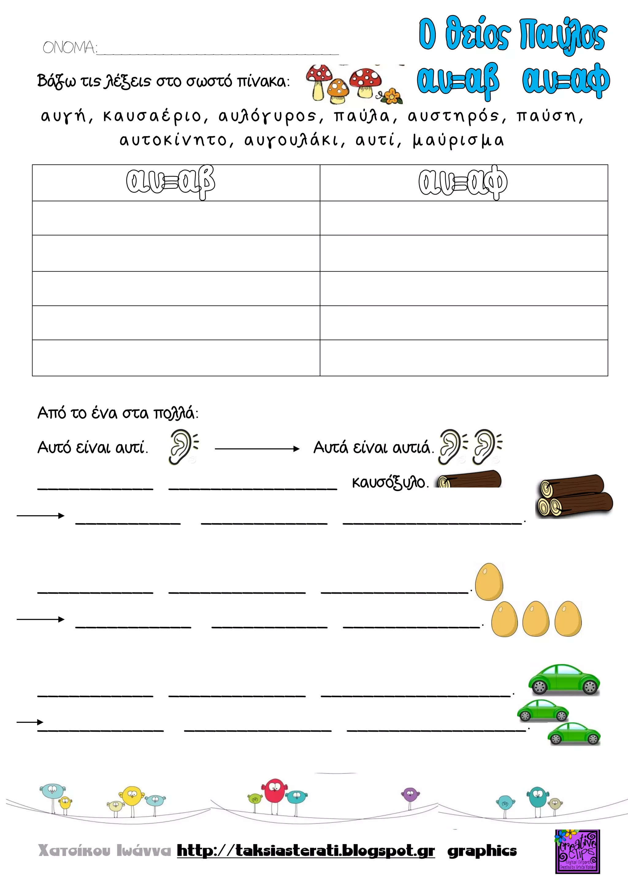 ΟΝΟΜΑ:_____________________________
Βάζω τις λέξεις στο σωστό πίνακα:
α υ γ ή , κ α υ σ α έ ρ ι ο , α υ λ ό γ υ ρ ο ς , π α ύ λ α , α υ σ τ η ρ ό ς , π α ύ σ η ,
α υ τ ο κ ί ν η τ ο , α υ γ ο υ λ ά κ ι , α υ τ ί , μ α ύ ρ ι σ μ α
Από το ένα στα πολλά:
Αυτό είναι αυτί. Αυτά είναι αυτιά.
___________ ________________ καυσόξυλο.
__________ ____________ _________________.
___________ _____________ ______________.
___________ ___________ _____________.
___________ _____________ __________________.
____________ ______________ _________________.
 