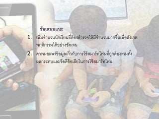 ข้อเสนอแนะ
1. เพิ่มจานวนนักเรียนที่ต้องสารวจให้มีจานวนมากขึ้นเพื่อสังเกต
พฤติกรรมได้อย่างชัดเจน
2. ควรเผยแพร่ข้อมูลเกี่วกับการใช้สมาร์ทโฟนที่ถูกต้องรวมทั้ง
ผลกระทบและข้อดีข้อเสียในการใช้สมาร์ทโฟน
 