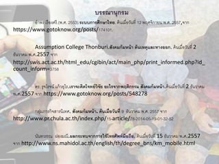 บรรณำนุกรม
อาพร เรืองศรี.(พ.ศ. 2553).ระบบกำรศึกษำไทย. ค้นเมื่อวันที่ 12 พฤศจิกายน พ.ศ. 2557,จาก
https://www.gotoknow.org/posts/174101.
Assumption College Thonburi.สังคมก้มหน้ำ ต้นเหตุและทำงออก. ค้นเมื่อวันที่ 2
ธันวาคม พ.ศ.2557 จาก
http://swis.act.ac.th/html_edu/cgibin/act/main_php/print_informed.php?id_
count_inform=3758
ดร. รุจโรจน์ แก้วอุไร.เรำจะคิดโจทย์วิจัย อะไรจำกพฤติกรรม สังคมก้มหน้ำ.ค้นเมื่อวันที่ 2 ธันวาคม
พ.ศ.2557 จาก https://www.gotoknow.org/posts/548278
กลุ่มภารกิจสารนิเทศ. สังคมก้มหน้ำ. ค้นเมื่อวันที่ 9 ธันวาคม พ.ศ. 2557 จาก
http://www.pr.chula.ac.th/index.php/15-article/78-2014-05-19-01-32-52
นันทวรรณ ผ่องมณี.ผลกระทบจำกกำรใช้โทรศัพท์มือถือ. ค้นเมื่อวันที่ 15 ธันวาคม พ.ศ.2557
จาก http://www.ns.mahidol.ac.th/english/th/degree_bns/km_mobile.html
 