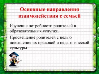 Основные направления
взаимодействия с семьей
- Изучение потребности родителей в
образовательных услугах;
- Просвещение родителей с целью
повышения их правовой и педагогической
культуры.
 