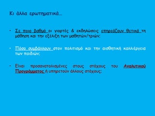 Κι άλλα ερωτηματικά…
• Σε ποιο βαθμό οι γιορτές & εκδηλώσεις επηρεάζουν θετικά τη
μάθηση και την εξέλιξη των μαθητών/τριών;
• Πόσο συμβάλλουν στον πολιτισμό και την αισθητική καλλιέργεια
των παιδιών;
• Είναι προσανατολισμένες στους στόχους του Αναλυτικού
Προγράμματος ή υπηρετούν άλλους στόχους;
 