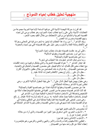 ‫خطا‬ ‫تحليل‬ ‫منهجية‬‫النموذج‬ ‫إحياء‬ ‫ب‬:
)‫بمكناس‬ ‫الخامس‬ ‫محمد‬ ‫بثانوية‬ ‫الدروس‬ ‫(ناظر‬ ‫الطهراوي‬ ‫كريم‬ .‫أ‬ :‫إعداد‬
‫النه‬ ‫حركة‬ ‫أفرزت‬ ‫لقد‬‫العربية‬ ‫اإلبداعية‬ ‫الساحة‬ ‫عرفتها‬ ‫التي‬ ‫األدبية‬ ‫ضة‬‫من‬ ‫مجموعة‬
‫الخطابات‬‫األدبية‬‫يرمي‬ ‫خطاب‬ ‫وهو‬ ،‫النموذج‬ ‫إحياء‬ ‫خطاب‬ ‫رأسها‬ ‫على‬ ‫يأتي‬ ،‫إلى‬‫إحياء‬
‫الشعر‬ ‫بعمود‬ ‫التقيد‬ ‫خالل‬ ‫من‬ ،‫االنحطاط‬ ‫براثين‬ ‫من‬ ‫وانتشالها‬ ‫العربية‬ ‫القصيدة‬-
"..‫العصر‬ ‫وضرورات‬ ‫القصيدة‬ ‫ونهج‬
‫و‬‫وجزالة‬ ‫المعاني‬ ‫في‬ ‫قوة‬ ‫من‬ ‫شعره‬ ‫به‬ ‫يتميز‬ ‫لما‬ ‫الخطاب‬ ‫هذا‬ ‫رواد‬ ‫من‬ "..."‫الشاعر‬ ‫يعد‬
‫في‬‫واألسلوب‬ ‫اللغة‬ ‫ومتانة‬ ‫األلفاظ‬‫قصيدته‬ ‫ذلك‬ ‫على‬ ‫دليل‬ ‫وخير‬‫والمعنونة‬ ‫أيدينا‬ ‫بين‬ ‫التي‬
"..."
-‫النموذج؟‬ ‫إحياء‬ ‫خطاب‬ ‫مقومات‬ ‫قصيدته‬ ‫عكست‬ ‫حد‬ ‫أي‬ ‫فإلى‬
-‫وما‬‫الداللية؟‬ ‫وحقولها‬ ‫القصيدة‬ ‫مضامين‬ ‫أبرز‬ ‫هي‬
-‫وما‬‫والجمالية؟‬ ‫الفنية‬ ‫خصائصها‬ ‫هي‬
-‫وما‬‫الشاعر‬ ‫تمثل‬ ‫مدى‬‫شعره؟‬ ‫في‬ ‫الخطاب‬ ‫هذا‬ ‫لمقومات‬
‫عنوانا‬ "..." ‫الشاعر‬ ‫اختار‬ ‫لقد‬‫لقصيدته‬‫الكلمات‬ ‫(عدد‬ ‫من‬ ‫تركيبيا‬ ‫يتشكل‬ ‫والذي‬ ،‫الشعرية‬
‫مع‬‫إعطاء‬،)‫كلمة‬ ‫لكل‬ ‫معنى‬‫أما‬‫(الحديث‬ ‫في‬ ‫والمتمثل‬ ‫القصيدة‬ ‫مضمون‬ ‫على‬ ‫فيحيل‬ ‫دالليا‬
(‫دالليين‬ ‫حقلين‬ ‫خالل‬ ‫من‬ ‫المضامين‬ ‫هذه‬ ‫تواثرت‬ ‫وقد‬ ...)‫القصيدة‬ ‫مضامين‬ ‫عن‬‫أ‬‫و‬‫أكثر‬:)
-‫والع‬ ‫األلفاظ‬ ‫بعض‬ ‫...:(إدراج‬ ‫على‬ ‫دال‬ ‫حقل‬)...‫عليه‬ ‫الدالة‬ ‫بارات‬
-)...............................................(:.... ‫على‬ ‫دال‬ ‫حقل‬
-)...................................................(:....‫على‬ ‫دال‬ ‫حقل‬
‫على‬ ‫الدال‬ ‫الحقل‬ ‫فيها‬ ‫يهيمن‬ ‫حقول‬ ‫وهي‬"...‫وهي‬ ، ‫األخرى‬ ‫الداللية‬ ‫الحقول‬ ‫بقية‬ ‫على‬ "
‫تج‬ ‫تعكس‬...‫في‬ ‫المتمثلة‬ ‫ومعاناته‬ ‫الشاعر‬ ‫ربة‬
‫والجمالية؟‬ ‫الفنية‬ ‫خصائصها‬ ‫عن‬ ‫فماذا‬ ،‫الداللية‬ ‫وحقولها‬ ‫القصيدة‬ ‫مضمون‬ ‫عن‬ ‫هذا‬
(‫التشبيه‬ ‫مقدمتها‬ ‫في‬ ‫الفنية‬ ‫الصور‬ ‫من‬ ‫بمجموعة‬ ‫قصيدته‬ ‫الشاعر‬ ‫أثث‬ ‫لقد‬‫إعطاء‬‫أمثلة‬‫مع‬
‫التشخيص)،إضافة‬‫إلى‬‫ا‬ ‫أورد‬ ‫حيث‬ ‫المكنية‬ ‫االستعارة‬ ‫خاصة‬ ‫االستعارة‬‫في‬ ‫لشاعر‬
‫المشبه‬ ‫حذف‬ ‫حيث‬ ‫مكنية‬ ‫البيت(..)استعارة‬‫به‬‫عليه(...)...إلخ‬ ‫الدالة‬ ‫لوازمه‬ ‫بأحد‬ ‫له‬ ‫ورمز‬
‫وتجذبه‬ ‫المتلقي‬ ‫تسترعي‬ ‫جمالية‬ ‫وقيمة‬ ‫فنيا‬ ‫بعدا‬ ‫القصيدة‬ ‫على‬ ‫تضفي‬ ‫صور‬ ‫وهي‬‫إلى‬
‫في‬ ‫المتمثلة‬ ‫الشاعر‬ ‫تجربة‬ ‫وعكس‬ ‫القصيدة‬ ‫معاني‬ ‫بلورة‬ ‫في‬ ‫تسهم‬ ‫كما‬ ،‫جذبا‬ ‫القصيدة‬ ‫عوالم‬
.(.)..
‫أما‬‫بخصوص‬‫األساليب‬:‫بين‬ ‫فيها‬ ‫فنميز‬
*-‫األسلوب‬‫الذي‬ :‫الخبري‬‫والذي‬ ،‫القصيدة‬ ‫من‬ ‫كبيرا‬ ‫حيزا‬ ‫استغرق‬‫خالله‬ ‫من‬ ‫أراد‬
‫إخبارنا‬ ‫الشاعر‬)...( ‫عن‬
*-:‫بين‬ ‫فيه‬ ‫ونميز‬ ‫اإلنشائي‬ ‫األسلوب‬
-‫وغيرها(ضرو‬ ‫والترجي‬ ‫والتمني‬ ‫والنهي‬ ‫واألمر‬ ‫والدعاء‬ ‫والنداء‬ ‫كاالستفهام‬ :‫الطلبي‬‫رة‬
...)‫القصيدة‬ ‫من‬ ‫منها‬ ‫واحد‬ ‫كل‬ ‫عن‬ ‫أمثلة‬ ‫إعطاء‬
 