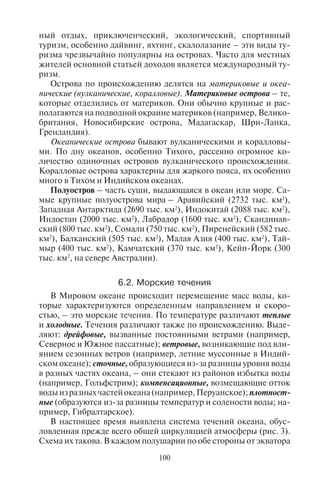 100 101
ный отдых, приключенческий, экологический, спортивный
туризм, особенно дайвинг, яхтинг, скалолазание – эти виды ту-
ризма чрезвычайно популярны на островах. Часто для местных
жителей основной статьей доходов является международный ту-
ризм.
Острова по происхождению делятся на материковые и океа-
нические (вулканические, коралловые). Материковые острова – те,
которые отделились от материков. Они обычно крупные и рас-
полагаются на подводной окраине материков (например, Велико-
британия, Новосибирские острова, Мадагаскар, Шри-Ланка,
Гренландия).
Океанические острова бывают вулканическими и коралловы-
ми. По дну океанов, особенно Тихого, рассеяно огромное ко-
личество одиночных островов вулканического происхождения.
Коралловые острова характерны для жаркого пояса, их особенно
много в Тихом и Индийском океанах.
Полуостров – часть суши, выдающаяся в океан или море. Са-
мые крупные полуострова мира – Аравийский (2732 тыс. км2
),
Западная Антарктида (2690 тыс. км2
), Индокитай (2088 тыс. км2
),
Индостан (2000 тыс. км2
), Лабрадор (1600 тыс. км2
), Скандинав-
ский (800 тыс. км2
), Сомали (750 тыс. км2
), Пиренейский (582 тыс.
км2
), Балканский (505 тыс. км2
), Малая Азия (400 тыс. км2
), Тай-
мыр (400 тыс. км2
), Камчатский (370 тыс. км2
), Кейп-Йорк (300
тыс. км2
, на севере Австралии).
6.2. Ìîðñêèå òå÷åíèÿ
В Мировом океане происходит перемещение масс воды, ко-
торые характеризуются определенным направлением и скоро-
стью, – это морские течения. По температуре различают теплые
и холодные. Течения различают также по происхождению. Выде-
ляют: дрейфовые, вызванные постоянными ветрами (например,
Северное и Южное пассатные); ветровые, возникающие под вли-
янием сезонных ветров (например, летние муссонные в Индий-
ском океане); сточные, образующиеся из-за разницы уровня воды
в разных частях океана, – они стекают из районов избытка воды
(например, Гольфстрим); компенсационные, возмещающие отток
водыизразныхчастейокеана(например,Перуанское);плотност-
ные (образуются из-за разницы температур и солености воды; на-
пример, Гибралтарское).
В настоящее время выявлена система течений океана, обус-
ловленная прежде всего общей циркуляцией атмосферы (рис. 3).
Схема их такова. В каждом полушарии по обе стороны от экватора
существуют большие кругово-
роты течений вокруг постоян-
ных субтропических антицик-
лонов; по часовой стрелке – в
Северном полушарии и против
часовой стрелки – в Южном.
В умеренных и полярных ши-
ротах Северного полушария
наблюдаются малые кольца
течений вокруг Исландского и
Алеутского циклонов против
часовой стрелки, а в Южном
полушарии в умеренном поясе
по часовой стрелке течение за-
падных ветров вокруг Антарк-
тиды.
У восточных берегов мате-
риков в тропических широтах
зарождаются теплые сточные
течения: Гольфстрим, Куро-
сио, Бразильское, Мозамбик-
ское, Мадагаскарское, Восточ-
но-Австралийское. Замыкают большие круговороты холодные
компенсационные течения – аналоги вдоль западных берегов ма-
териков в тропических широтах: Калифорнийское, Канадское,
Перуанское, Бенгельское, Западно-Австралийское.
Морские течения во многом обусловливают температуру мор-
ской воды на морских курортах мира. Например, у берегов Кали-
форнии, из-за холодного течения в районе Сан-Франциско тем-
пература воды не выше +17–18°С.
В Северном полушарии имеются теплое Норвежское и холод-
ное Лабрадорское течения в Атлантике и аналогичные им Аляс-
кинское и Курило-Камчатское – в Тихом океане.
В северной части Индийского океана циркулирующие теп-
лые муссонные течения порождают сезонные ветровые течения:
зимой – с востока на запад, летом – с запада на восток. Летом
хорошо выражено Сомалийское течение – единственное хо-
лодное течение от экватора. Теплое течение Куросио шириной
от 500 до 1000 км, для которого характерны большие скорости
течет от экватора к берегам Юго-Восточной Азии и далее на
север.
Наиболее впечатляет своей мощностью теплое, сильносоле-
ное течение Гольфстрим. В систему Гольфстрима входят многие
Рис. 3. Схема течений
Мирового океана
Copyright ОАО «ЦКБ «БИБКОМ» & ООО «Aгентство Kнига-Cервис»
 