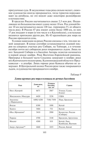 104 105
ваториальных частей Тихого океана у берегов Перу и Эквадора
опускается ниже нормы приблизительно на 0,5° и сохраняется на
этом уровне около полугода. Зима становится холоднее, а лето,
наоборот, более жарким, вызывая засухи, суховеи и смерчи в стра-
нах Карибского бассейна и США. Здесь гибнут рыбы, морские
птицы. В странах же Юго-Восточной Азии усиливается действие
муссонных дождей.
6.3. Âîäû ñóøè
К поверхностным водам суши относят ручьи, реки, озера,
ледники. Совокупность водоемов (озер, прудов, болот) и водо-
токов (ручьев, рек) образует гидрографическую сеть. Для сис-
темы водотоков используется термин «речная сеть». Характер
гидрографической сети отображается показателем густоты реч-
ной сети (протяженность сети, деленная на площадь территории
в км2
).
Реки. Речная сеть состоит из очень малых (до 25 км), малых (от
25 до 100 км); средних рек (от 101 до 500 км). Реки, имеющие про-
тяженность более 501 км, считаются большими, а реки, имеющие
длину более 2000 км, – крупными. Большую часть речной сети со-
сталяют малые и средние реки. В каждой речной системе есть одна
главная река и многочисленные притоки. Реки отличаются вели-
чиной и характером долины, площадью бассейна. Часто главной
рекой считается та, которая издавна была освоена людьми. Малые
реки пригодны для любительских и туристских сплавов; по сред-
ним, большим и крупным рекам возможно проведение круизов
при определенных условиях навигации.
На всех континентах, кроме Австралии, имеются протяжен-
ные крупные реки. Многие из них судоходны и используются для
транспортных целей (табл. 9).
Большое значение для передвижения по озерно-речным сис-
темам, морям и водохранилищам имеют условия навигации. На-
вигация – период времени в году, когда по природным условиям
возможно судоходство. Например, по озерным системам Фин-
ляндии навигация открыта до 250 дней в году, здесь плавает мало-
мерный флот, и наблюдается большой наплыв туристов, особен-
но в летний сезон.
Дунай – крупная международная водная артерия Европы –
соединяет семь европейских государств. Навигационный период
достаточно долгий и составляет почти 7 месяцев. Однако Дунай
в среднем течении имеет достаточно мелкий фарватер, поэтому
по реке ходят небольшие суда. Особенно популярны туристские
прогулочные суда. В засушливые годы река сильно мелеет, сквоз-
ное судоходство иногда прекращается, тогда туристов пересажи-
вают на автобусы, но это вносит даже некоторое разнообразие
в путешествие.
В пределах России насчитывается свыше 2,5 млн рек. Подав-
ляющее их большинство имеет длину менее 10 км. Рек длиной бо-
лее 10 км насчитывается около 120 тыс. (примерно 5% от общего
числа рек). В России 47 рек имеют длину более 1000 км, из них
17 рек впадают в моря (в том числе и в Каспийское), а остальные
являются притоками других рек. Из 43 крупнейших рек мира на
Россию приходится семь.
Условия навигации на реках России связаны с тем, что они зи-
мой замерзают. В конце сентября устанавливается ледовой пок-
ров на северных участках рек Сибири, на Таймыре, а в течение
октября почти все сибирские реки покрываются льдом. Лишь на
юге Западной Сибири и в бассейне Ангары ледостав начинается
в первой декаде ноября. Реки Восточно-Европейской равнины,
Приморья и большей части Сахалина замерзают в ноябре; реки
юга Камчатского полуострова, Калининградской области и Пред-
кавказья – в декабре. Лишь горные реки Кавказа обычно не за-
мерзают. В Центральной полосе России реки также покрываются
льдом, и судоходство прекращается в ноябре.
Таблица 9
Длина крупных рек мира и площадь их речных бассейнов
Реки
Длина реки,
км
Площадь
бассейна,
тыс. км2
Страны
Нил с Кагерой 6671 2867 Уганда, Судан,
Египет
Миссисипи с Миссури 6420 3238 США
Амазонка
с Мараньяном
6400/ 6280 7180/ 7050 Перу, Бразилия
Янцзы 6300 1808 Китай
Хуанхэ 5464 752 Китай
Обь с Иртышом* 5410 2990 Казахстан, Россия
(Сибирь)
Парана 4700 3140 Бразилия, Аргентина
Меконг 4500 810 Китай, Лаос,
Камбоджа, Вьетнам
Амур с Аргунью** 4440 1855 Россия, Китай
Copyright ОАО «ЦКБ «БИБКОМ» & ООО «Aгентство Kнига-Cервис»
 