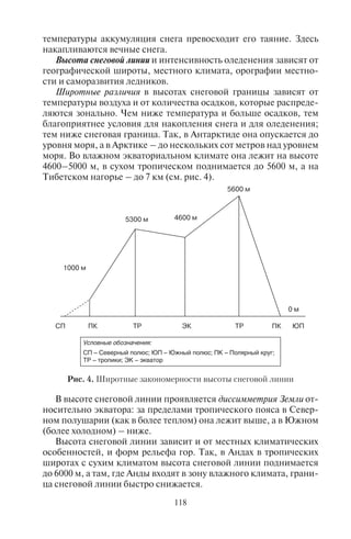 118 119
температуры аккумуляция снега превосходит его таяние. Здесь
накапливаются вечные снега.
Высота снеговой линии и интенсивность оледенения зависят от
географической широты, местного климата, орографии местно-
сти и саморазвития ледников.
Широтные различия в высотах снеговой границы зависят от
температуры воздуха и от количества осадков, которые распреде-
ляются зонально. Чем ниже температура и больше осадков, тем
благоприятнее условия для накопления снега и для оледенения;
тем ниже снеговая граница. Так, в Антарктиде она опускается до
уровня моря, а в Арктике – до нескольких сот метров над уровнем
моря. Во влажном экваториальном климате она лежит на высоте
4600–5000 м, в сухом тропическом поднимается до 5600 м, а на
Тибетском нагорье – до 7 км (см. рис. 4).
5600 м
5300 м 4600 м
1000 м
0 м
СП ПК ТР ЭК ТР ПК ЮП
Условные обозначения:
СП – Северный полюс; ЮП – Южный полюс; ПК – Полярный круг;
ТР – тропики; ЭК – экватор
Рис. 4. Широтные закономерности высоты снеговой линии
В высоте снеговой линии проявляется диссимметрия Земли от-
носительно экватора: за пределами тропического пояса в Север-
ном полушарии (как в более теплом) она лежит выше, а в Южном
(более холодном) – ниже.
Высота снеговой линии зависит и от местных климатических
особенностей, и форм рельефа гор. Так, в Андах в тропических
широтах с сухим климатом высота снеговой линии поднимается
до 6000 м, а там, где Анды входят в зону влажного климата, грани-
ца снеговой линии быстро снижается.
В умеренных широтах снеговая линия повышается от запад-
ной периферии материков с влажным климатом к внутренним
районам с континентальным климатом. На влажном западном
Кавказе ее высота 2700 м, а в сухом – 3600 м.
Следовательно, накоплению вечных снегов способствует
влажный климат с большим количеством осадков. При конти-
нентальном климате условия для оледенения менее благоприят-
ные: осадков меньше (особенно зимних), снежный покров мало-
мощен; лето жарче и солнечнее, поэтому граница вечных снегов
находится очень высоко.
Рельеф гор, так же, как и климат, определяет возможность ак-
кумуляции снега и существования ледников. Мощность оледене-
ния зависит от высоты гор и форм рельефа. Для накопления снега
склоны в горах должны иметь горизонтальные площадки, уступы,
небольшие котловины. На узких горных хребтах и крутых скло-
нах снег не держится. Так, на Кавказе главная масса ледников со-
средоточена на северном, более пологом склоне.
От характера контакта земной поверхности с морозной атмос-
ферой зависит тип оледенения. Он бывает материковым (покров-
ным) и горным. Материковое оледенение характерно для Антарк-
тиды и Арктики и покрывает площади, сравнимые с площадью
материка или крупного острова, например Гренландии. Горное
оледенение характерно для горных стран.
Горное оледенение. Снежный покров накапливается в горах
выше снеговой линии в течение многих лет, постепенно смер-
зается, уплотняется и превращается в фирн, а затем в лед. Лед,
лежащий на наклонной поверхности, медленно перемещается
вниз, как бы стекает, занимая пониженные участки рельефа. Так
образуется горный ледник, или глетчер. Верхняя часть ледника
располагается выше снеговой линии. Здесь происходит накоп-
ление твердых осадков, образуется область питания ледника. По
долине спускается язык ледника, конец которого располагается
ниже снеговой линии, на том уровне, где настолько тепло, что
выпадение твердых осадков и поступление льда из области пита-
ния компенсируется таянием. Такие ледники называются долин-
ными, они чаще всего используются для восхождения альпинис-
тами.
Горные вершины с вечными снегами есть во всех природных
климатических поясах. Самая мощная область оледенения на-
ходится в Азии, в жарком поясе. Это – Гималаи («жилище сне-
гов») – самая высокая горная страна мира, расположенная на
пути морского муссона, осадки которого питают его вечные
снега. Самые большие ледники здесь находятся в Непале (Хун-
Copyright ОАО «ЦКБ «БИБКОМ» & ООО «Aгентство Kнига-Cервис»
 