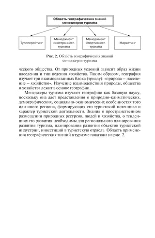 19
ческого общества. От природных условий зависит образ жизни
населения и тип ведения хозяйства. Таким образом, география
изучает три взаимосвязанных блока (триаду): «природа – населе-
ние – хозяйство». Изучение взаимодействия природы, общества
и хозяйства лежит в основе географии.
Менеджеры туризма изучают географию как базовую науку,
поскольку она дает представления о природно-климатических,
демографических, социально-экономических особенностях того
или иного региона, формирующих его туристский потенциал и
характер туристской деятельности. Знания о пространственном
размещении природных ресурсов, людей и хозяйства, о тенден-
циях его развития необходимы для регионального планирования
развития туризма, планирования развития объектов туристской
индустрии, инвестиций в туристскую отрасль. Область примене-
ния географических знаний в туризме показана на рис. 2.
Ãëàâà 2
ÃÅÎÃÐÀÔÈ×ÅÑÊÈÅ ÊÀÐÒÛ
Карта – основное средство познания в географии. Как модель
действительности она обладает большой информативностью, об-
зорностью, наглядностью. Это делает ее важнейшим средством
изучения объектов и явлений в разных областях знаний о Земле
и обществе. Туризм тесно связан с картой и в большинстве случа-
ев немыслим без нее.
2.1. Êàðòà è ïëàí ìåñòíîñòè
Карта – уменьшенное, обобщенное изображение поверхно-
сти Земли и относящихся к ней объектов и явлений на плоскости,
построенное по определенному математическому закону в систе-
меусловныхобозначений.Математическаяосновакартывключа-
ет масштаб и картографическую проекцию, которые определяют
степень уменьшения величины объектов на карте, их правильное
географическое положение, а также характер и степень искаже-
ний, неизбежных при изображении шара на плоскости (Геогра-
фический энциклопедический словарь, 1960).
План местности – условно-знаковый чертеж небольшого
участка местности в крупном масштабе (1 : 5000 и крупнее), пост-
роенный без учета кривизны земной поверхности. Масштаб пла-
на постоянен во всех точках.
Для определения положения географических объектов на зем-
ной поверхности используется градусная сеть – система мери-
дианов (долгот) и параллелей (широт). При суточном вращении
Земли сохраняются две неподвижные точки – полюса, которые
служат точками отсчета.
На плане изображаются небольшие участки земной поверх-
ности. Он составляется непосредственно на местности. На карте
изображают большие территории. При этом используют разнооб-
разную информацию в зависимости от содержания карты, в том
числе космические снимки.
На план обычно наносят все объекты и детали конкретной
местности. На карту в зависимости от их содержания и назначе-
ния наносят самые разные объекты, явления или показатели.
При вычерчивании плана кривизна земной поверхности из-за
ничтожно малой величины не учитывается. При построении карт
Область географических знаний
менеджеров туризма
Туроперейтинг
Менеджмент
иностранного
туризма
Менеджмент
спортивного
туризма
Маркетинг
Рис. 2. Область географических знаний
менеджеров туризма
Copyright ОАО «ЦКБ «БИБКОМ» & ООО «Aгентство Kнига-Cервис»
 
