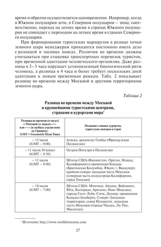 26 27
ловно в Восточное полушарие, чтобы по всей стране была одна
и та же дата. Если бы Аляска была до сих пор в составе России,
то мы бы имели точно такой же случай: во всей России был бы
один день (например, 8 февраля), а на Аляске – предыдущий
день (7 февраля).
Территории широтно вытянутых стран делятся на несколько
часовых поясов: Россия – на 11, США – на 5, Канады – на 5; Авст-
ралии, Мексики, Индонезии, Кирибати – на 3; Бразилии, Демок-
ратической Республики Конго, Казахстана – на 2.
Территория России расположена в 11-ти часовых поясах: от
2-го до 12-го включительно. Для удобства 11- и 12-часовой пояс
были объединены в один. Поэтому Новый год можно встретить
в России не 11, а 10 раз.
В 1930 г. стрелки часов на территории России были переведены
на 1 час вперед по сравнению с поясным временем. Это было сде-
лано в соответствии с декретом (постановлением) Совета Народ-
ных Комиссаров с целью экономии топлива и электроэнергии.
Новое время получило название декретного. Декретное время
было введено для более полного использования светлого времени
суток. Декретное время 2-го часового пояса, в котором находит-
ся Москва, называется московским временем. Европейская часть
территории России, Республика Коми живут по московскому
времени. В пределах России есть территории, где принято время,
отличающееся от времени часового пояса на 1 час. Это Ямало-
Ненецкий автономный округ, Ханты-Мансийский автономный
округ. На этих территориях время на один час меньше по срав-
нению с поясным временем. Например, в Ханты-Мансийском
автономном округе необходимо прибавить 2 часа к московскому
времени, а не 3, как это требует поясное время.
Территория Канады и США делится на 6 часовых поясов:
Аляскинский пояс, Североамериканский Тихоокеанский, Гор-
ный, Центральный, Североамериканский Восточный, Атланти-
ческий.
В некоторых странах мира поясным временем не пользуют-
ся. На это стоит обратить особое внимание туристов и менед-
жеров туризма. К таким странам относятся Иран, Афганистан,
Индия, Непал, Мьянма, Центральная часть Австралии, Мар-
кизские острова во Французской Полинезии, острова Чатем и
Питкэрн в Полинезии (см. табл. 2 пояса с добавками +30 мин,
+ 45 мин).
Путаницу вносит использование во многих странах «летнего
времени» (вводится в последнее воскресенье марта и отменяет-
ся в последнее воскресенье октября). Не везде переход на летнее
время и обратно осуществляется одновременно. Например, когда
в Южном полушарии лето, в Северном полушарии – зима; соот-
ветственно, переход на летнее время в странах Южного полуша-
рия не совпадает с переходом на летнее время в странах Северно-
го полушария.
При формировании туристских маршрутов в разные точки
земного шара менеджерам приходится постоянно иметь дело
с разницей в часовых поясах. Различия во времени должны
учитываться при стыковке транспортных перевозок туристов,
при временной адаптации человеческого организма. Даже раз-
ница в 2–3 часа нарушает установленный биологический ритм
человека, а разница в 4 часа и более требует нескольких дней
адаптации к новым временным рамкам. Табл. 2 показывает
разницу во времени между Москвой и другими территориями
земного шара.
Таблица 2
Разница во времени между Москвой
и крупнейшими туристскими центрами,
странами и курортами мира1
Разница во времени (в часах)
с Москвой со знаком «+»
или «–» (в скобках указан пояс
по Гринвичу:
GMT = Greenwich Mean Time)
Название главных курортов,
туристских центров и стран
– 12 часов
(GMT – 9:00)
Аляска, архипелаг Гамбье (Французская
Полинезия)
– 11 часов 30 минут
(GMT – 8:30)
Остров Питкэрн в Полинезии
– 11 часов
(GMT – 8:00)
Штаты США (Вашингтон, Орегон, Невада,
Калифорния) и провинции Канады
(Британская Колумбия, Юкон; г. Ванкувер);
крайняя северо-западная часть Мексики
(северная часть полуострова Калифорния,
город Тихуана)
– 10 часов
(GMT – 7:00)
Штаты США: Монтана, Айдахо, Вайоминг,
Юта, Колорадо, Аризона, Нью-Мексико;
города Солт-Лейк-Сити, Денвер; провинции
Канады (Альберта, Северо-Западные
территории, север Нунавута), западная
часть Мексики (города Чиуауа, Ла-Пас,
Масатлан)
1
Источник: http://www.worldtimezone.com
Copyright ОАО «ЦКБ «БИБКОМ» & ООО «Aгентство Kнига-Cервис»
 