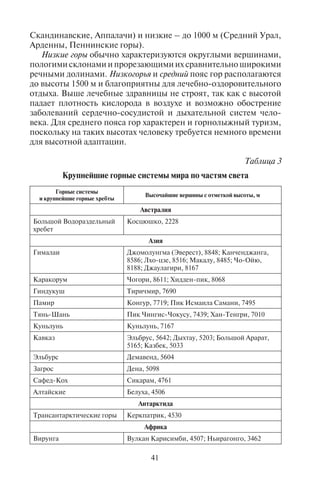 40 41
Ãëàâà 4
ÐÅËÜÅÔ
4.1. Îñíîâíûå ôîðìû ðåëüåôà Çåìëè,
ãîðíûå ñèñòåìû, ðàâíèíû
Рельеф – совокупность неровностей земной поверхности раз-
ного размера. Эти неровности называют формами рельефа. На-
уку, изучающую строение, происхождение, историю развития и
современную динамику рельефа земной поверхности, называют
геоморфологией. Это одна из отраслей географии.
Основные формы рельефа – это впадины, равнины и горы.
Между ними существует множество переходных форм рельефа –
например, высокогорные равнины, которые называются плато
или нагорье, или обширные континентальные впадины – низ-
менности. Невысокие и не очень крутые горы называются кряжа-
ми или увалами.
По своим размерам формы рельефа могут быть крупнейшими,
крупными, средними и мелкими:
а) крупнейшие – материки и обширные океанические впадины;
б) крупные – горные системы и равнины;
в) средние и мелкие – речные долины, овраги, барханы, лакко-
литы, уступы, которые наложены на крупные формы рельефа.
Все формы рельефа созданы двумя группами сил – внутрен-
ними (эндогенными – магматизмом, тектоническими сдвигами,
разломами и поднятиями) и внешними (экзогенными – ветровой
и водной эрозией, осадконакоплением и др.). Рассмотрим круп-
ные формы рельефа (к ним относятся горы и равнины) от самых
высоких до самых низких.
Горные системы. Горы занимают 40% суши земного шара
(табл. 3).
Горы (горные страны) – это обширные, высоко поднятые над
окружающей местностью, сильно и глубоко расчлененные участ-
ки земной поверхности. Горы состоят из отдельных горных хреб-
тов и разделяющих их межгорных долин и котловин. По своему
происхождению они делятся на тектонические и вулканические.
По абсолютной высоте принято деление гор на три группы:
высокие – более 2000 м (Гималаи, Тянь-Шань, Памир, Кавказ,
Гиндукуш, Пиренеи, Альпы, Кордильеры, Анды, Скалистые),
средневысотные – высотой 1000–2000 м (Карпаты, Хибины,
Скандинавские, Аппалачи) и низкие – до 1000 м (Средний Урал,
Арденны, Пеннинские горы).
Низкие горы обычно характеризуются округлыми вершинами,
пологими склонами и прорезающими их сравнительно широкими
речными долинами. Низкогорья и средний пояс гор располагаются
до высоты 1500 м и благоприятны для лечебно-оздоровительного
отдыха. Выше лечебные здравницы не строят, так как с высотой
падает плотность кислорода в воздухе и возможно обострение
заболеваний сердечно-сосудистой и дыхательной систем чело-
века. Для среднего пояса гор характерен и горнолыжный туризм,
поскольку на таких высотах человеку требуется немного времени
для высотной адаптации.
Таблица 3
Крупнейшие горные системы мира по частям света
Горные системы
и крупнейшие горные хребты
Высочайшие вершины с отметкой высоты, м
Австралия
Большой Водораздельный
хребет
Косцюшко, 2228
Азия
Гималаи Джомолунгма (Эверест), 8848; Канченджанга,
8586; Лхо-цзе, 8516; Макалу, 8485; Чо-Ойю,
8188; Джаулагири, 8167
Каракорум Чогори, 8611; Хидден-пик, 8068
Гиндукуш Тиричмир, 7690
Памир Конгур, 7719; Пик Исмаила Самани, 7495
Тянь-Шань Пик Чингис-Чокусу, 7439; Хан-Тенгри, 7010
Куньлунь Куньлунь, 7167
Кавказ Эльбрус, 5642; Дыхтау, 5203; Большой Арарат,
5165; Казбек, 5033
Эльбурс Демавенд, 5604
Загрос Дена, 5098
Сафед-Кох Сикарам, 4761
Алтайские Белуха, 4506
Антарктида
Трансантарктические горы Керкпатрик, 4530
Африка
Вирунга Вулкан Карисимби, 4507; Ньирагонго, 3462
Copyright ОАО «ЦКБ «БИБКОМ» & ООО «Aгентство Kнига-Cервис»
 