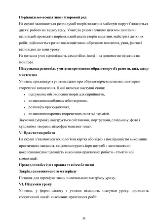 24
Порівняльно-асоціативний зоровийряд
На екрані залишаються репродукції творів видатних майстрів поруч з’являються
дитячіроботина задану тему. Учители разом з учнями шляхом запитань і
відповідей проводять порівняльнийаналіз творів видатних майстрів і дитячих
робіт, здійснюється розвитокасоціативно-образного мислення, уяви, фантазії
відповідно до теми уроку.
На питання учні відповідають самостійно, іноді – за допомогоюпідказокна
моніторі.
Підсумкова розповідь учителяпро основи образотворчоїграмоти, вид, жанр
мистецтва
Учитель продовжуєз учнями діалог про образотворчемистецтво, повторює
теоретичні визначення. Який включає наступні етапи:
 підсумкове обговорення творів для сприйняття,
 визначання особливостействорення,
 розповідь про художника,
 визначення окремих теоретичних понять і термінів.
Звуковийсупровід ілюструється світлинами, портретами, слайд-шоу, фото і
художніми творами, відеофрагментами тощо.
V. Практична робота
На екрані з’являються технологічнакартка або відео з послідовністю виконання
практичного завдання, які демонструють (при потребіз запитаннями і
поясненнями)послідовність виконання практичної роботи – тематичної
композиції.
Проведеннябесіди з правил техніки безпеки
Закріпленнявивченого матеріалу
Питання для перевірки знань з навчального матеріалу уроку.
VІ. Підсумки уроку
Учитель, у формі діалогу з учнями підводить підсумки уроку, проводить
колективний аналіз виконаних практичних робіт.
 