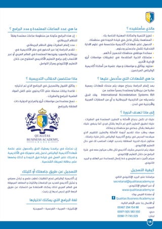 ‫؟‬ ‫ﺳﺄﺳﺘﻔﻴﺪﻩ‬ ‫ﻣﺎﻟﺬﻱ‬
‫؟‬ ‫ﻋﻠﻴﻬﺎ‬ ‫ﺳﺄﺣﺼﻞ‬ ‫ﺍﻟﺘﻲ‬ ‫ﺍﻟﺸﻬﺎﺩﺍﺕ‬ ‫ﻫﻲ‬ ‫ﻣﺎ‬
‫ﺭﺳﻤﻴﺔ‬ ‫ﺷﻬﺎﺩﺍﺕ‬ ‫ﻣﻨﺤﻚ‬ ‫ﻳﺘﻢ‬ ‫ﺳﻮﻑ‬ ‫ﺑﻨﺠﺎﺡ‬ ‫ﺍﻟﺪﺭﺍﺳﺔ‬ ‫ﺇﺗﻤﺎﻡ‬ ‫ﺑﻌﺪ‬
‫ﻣﻦ‬ ‫ﻣﻌﺘﻤﺪ‬ ‫ﺭﺳﻤﻴﴼ‬ ‫ﻭﻣﻌﺘﻤﺪﺓ‬ ‫ﺑﺮﻳﻄﺎﻧﻴﺎ‬ ‫ﻣﻦ‬ ‫ﺻﺎﺩﺭﺓ‬
‫ﺍﻟﺤﻖ‬ ‫ﻭﻟﻚ‬ International Accredetation Systems BVI
‫ﺍﻟﻌﺮﺑﻴﺔ‬ ‫ﺍﻟﺴﻔﺎﺭﺍﺕ‬ ‫ﻣﻦ‬ ‫ﺃﻱ‬ ‫ﻭ‬ ‫ﺍﻟﺒﺮﻳﻄﺎﻧﻴﺔ‬ ‫ﺍﻟﺨﺎﺭﺟﻴﺔ‬ ‫ﻣﻦ‬ ‫ﺑﺘﺼﺪﻳﻘﻪ‬
. ‫ﻟﻨﺪﻥ‬ ‫ﻲﻓ‬ ‫ﻭﺍﻷﺟﻨﺒﻴﺔ‬
‫ﻛﻠﻴﺘﻚ‬ ‫ﺃﻭ‬ ‫ﺟﺎﻣﻌﺘﻚ‬ ‫ﻃﺮﻳﻖ‬ ‫ﻋﻦ‬ ‫ﺍﻟﺘﺴﺠﻴﻞ‬
‫ﻣﻌﺮﻲﻓ‬ ‫ﺗﺒﺎﺩﻝ‬ ‫ﻭ‬ ‫ﻋﻠﻤﻲ‬ ‫ﺗﻌﺎﻭﻥ‬ ‫ﺍﺗﻔﺎﻗﻴﺎﺕ‬ ‫ﺗﻤﻨﺢ‬ ‫ﻛﻮﺍﻟﻴﺘﺎﺱ‬ ‫ﺃﻛﺎﺩﻳﻤﻴﺔ‬ ‫ﺇﻥ‬
‫ﺍﳌﺮﻣﻮﻗﺔ‬ ‫ﺍﳌﻌﺎﻫﺪ‬ ‫ﻭ‬ ‫ﻭﺍﻟﻜﻠﻴﺎﺕ‬ ‫ﺍﻟﺠﺎﻣﻌﺎﺕ‬ ‫ﻣﻦ‬ ‫ﻟﻠﻌﺪﻳﺪ‬ ‫ﺃﻛﺎﺩﻳﻤﻲ‬ ‫ﺗﻤﺜﻴﻞ‬ ‫ﻭ‬
‫ﻃﺮﻳﻖ‬ ‫ﻋﻦ‬ ‫ﺍﻧﺘﺴﺎﺑﻚ‬ ‫ﻣﻦ‬ ‫ﺍﻻﺳﺘﻔﺎﺩﺓ‬ ‫ﻳﻤﻜﻨﻚ‬ ‫ﻟﺬﻟﻚ‬ ‫ﺍﻟﻌﺮﺑﻲ‬ ‫ﺍﻟﻌﺎﻟﻢ‬ ‫ﻲﻓ‬
. ‫ﺭﻏﺒﺖ‬ ‫ﺇﻥ‬ ‫ﻟﺪﻳﻬﺎ‬ ‫ﺗﺪﺭﺱ‬ ‫ﺍﻟﺘﻲ‬ ‫ﺍﻟﺠﻬﺔ‬
:‫ﺍﻟﺘﺎﻟﻲ‬ ‫ﺍﻹﻟﻜﺘﺮﻭﻧﻲ‬ ‫ﺍﻟﺒﺮﻳﺪ‬ ‫ﻰﻠﻋ‬ ‫ﻣﺮﺍﺳﻠﺘﻨﺎ‬
: ‫ﺍﻹﻟﻜﺘﺮﻭﻧﻲ‬ ‫ﺍﳌﻮﻗﻊ‬ ‫ﻋﺒﺮ‬ ‫ﺃﻭ‬
:‫ﺑﻮﻙ‬ ‫ﺍﻟﻔﻴﺲ‬ ‫ﺻﻔﺤﺔ‬ ‫ﺃﻭ‬
:‫ﺍﻟﺘﺎﻟﻴﺔ‬ ‫ﺍﻷﺭﻗﺎﻡ‬ ‫ﻰﻠﻋ‬ ‫ﺑﻨﺎ‬ ‫ﺍﻻﺗﺼﺎﻝ‬ ‫ﺃﻭ‬
:‫ﺍﻟﺴﻮﻳﺪ‬
:‫ﺩﺑﻲ‬
:‫ﻟﺒﻨﺎﻥ‬
‫؟‬ ‫ﺍﻟﺪﻭﺭﺓ‬ ‫ﺗﻬﺪﻑ‬ ‫ﻣﺎﺫﺍ‬ ‫ﺇﻟﻰ‬
. ‫ﺍﳌﻘﺮﺭﺍﺕ‬ ‫ﻲﻓ‬ ‫ﺍﳌﻌﺘﻤﺪﺓ‬ ‫ﺍﻟﺘﻤﺎﺭﻳﻦ‬ ‫ﻭ‬ ‫ﺍﻷﺳﺌﻠﺔ‬ ‫ﺑﻨﺠﺎﺡ‬ ‫ﺗﻜﻤﻞ‬ ‫ﺍﻥ‬ ‫ﻋﻠﻴﻚ‬
‫ﻋﻠﻴﻚ‬ ‫ﻳﻨﺒﻐﻲ‬ ‫ﻛﻤﺎ‬ ‫ﻓﺮﺩﻱ‬ ‫ﺑﺸﻜﻞ‬ ‫ﺫﻛﺮﻫﺎ‬ ‫ﺗﻢ‬ ‫ﺍﻟﺘﻲ‬ ‫ﺍﻟﺘﻤﺎﺭﻳﻦ‬ ‫ﺗﻄﺒﻴﻖ‬ ‫ﻋﻠﻴﻚ‬
.‫ﺯﻣﻼﺋﻚ‬ ‫ﻭ‬ ‫ﻣﻨﻈﻤﺘﻚ‬ ‫ﻣﻊ‬ ‫ﺟﻤﺎﻋﻲ‬ ‫ﺑﺸﻜﻞ‬ ‫ﺗﻄﺒﻴﻘﻬﺎ‬
‫ﺍﻟﺬﻱ‬ ‫ﻟﻠﺘﻘﻴﻴﻢ‬ ‫ﻭﺍﻟﺘﻤﺎﺭﻳﻦ‬ ‫ﻟﻸﺳﺌﻠﺔ‬ ‫ﺃﺟﻮﺑﺔ‬ ‫ﺗﻘﺪﻳﻢ‬ ‫ﻣﻨﻚ‬ ‫ﻳﻄﻠﺐ‬ ‫ﺳﻮﻑ‬
. ‫ﺩﺭﺍﺳﺘﻚ‬ ‫ﻓﺘﺮﺓ‬ ‫ﺧﻼﻝ‬ ‫ﻛﻮﺍﻟﻴﺘﺎﺱ‬ ‫ﺃﻛﺎﺩﻳﻤﻴﺔ‬ ‫ﺑﺮﺍﻣﺞ‬ ‫ﻲﻓ‬ ‫ﺍﳌﺪﺭﺱ‬ ‫ﺳﻴﻘﺪﻣﻪ‬
‫ﺣﺎﻝ‬ ‫ﻲﻓ‬ ‫ﻟﻚ‬ ‫ﺍﳌﻨﺎﺳﺐ‬ ‫ﺍﻟﻮﻗﺖ‬ ‫ﺑﺘﺤﺪﻳﺪ‬ ‫ﺍﳌﻄﻠﻘﺔ‬ ‫ﺍﻟﺤﺮﻳﺔ‬ ‫ﻟﺪﻳﻚ‬ ‫ﺳﺘﻜﻮﻥ‬
. ‫ﺍﻹﻟﻜﺘﺮﻭﻧﻲ‬ ‫ﺍﻟﺘﻌﻠﻴﻢ‬
‫ﻓﺘﺮﺓ‬ ‫ﻲﻓ‬ ‫ﻣﻌﻪ‬ ‫ﺳﻴﻜﻮﻥ‬ ‫ﻃﺎﻟﺐ‬ ‫ﻟﻜﻞ‬ ‫ﺃﻛﺎﺩﻳﻤﻲ‬ ‫ﻣﺸﺮﻑ‬ ‫ﺗﺨﺼﻴﺺ‬ ‫ﻳﺘﻢ‬ ‫ﺳﻮﻑ‬
.‫ﺍﻹﻟﻜﺘﺮﻭﻧﻲ‬ ‫ﺍﻟﺘﻌﻠﻴﻢ‬ ‫ﺧﻼﻝ‬ ‫ﻣﻦ‬ ‫ﺍﻟﺒﺮﺍﻣﺞ‬
‫ﺍﻟﺒﺮﻳﺪ‬ ‫ﻭ‬ ‫ﺍﻟﻬﺎﺗﻒ‬ ‫ﻋﺒﺮ‬ ‫ﻟﻠﻤﺴﺎﻋﺪﺓ‬ ‫ﺇﺗﺼﺎﻝ‬ ‫ﺧﻂ‬ ‫ﻭ‬ ‫ﺗﻌﻠﻴﻤﻲ‬ ‫ﺩﻋﻢ‬ ‫ﺗﺄﻣﻴﻦ‬ ‫ﺳﻴﺘﻢ‬
.‫ﺍﻟﻜﺘﺮﻭﻧﻲ‬
‫؟‬ ‫ﺍﻟﺘﺪﺭﻳﺴﻴﺔ‬ ‫ﺍﻟﺤﻘﺎﺋﺐ‬ ‫ﺳﺘﺘﻀﻤﻦ‬ ‫ﻣﺎﺫﺍ‬
‫ﺍﺧﺘﻴﺎﺭﻩ‬ ‫ﺗﻢ‬ ‫ﺍﻟﺬﻱ‬ ‫ﺍﻟﺒﺮﻧﺎﻣﺞ‬ ‫ﻲﻓ‬ ‫ﻭﺍﻟﺘﺴﺠﻴﻞ‬ ‫ﺍﻟﻘﺒﻮﻝ‬ ‫ﻭﺛﺎﺋﻖ‬ •
‫ﺍﳌﻮﺍﺩ‬ ‫ﻛﺎﻣﻞ‬ ‫ﻰﻠﻋ‬ ‫ﻳﺤﺘﻮﻱ‬ CD ‫ﻰﻠﻋ‬ ‫ﻣﺤﻤﻠﺔ‬ ‫ﺑﻴﺎﻧﺎﺕ‬ ‫ﻗﺎﻋﺪﺓ‬ •
. ‫ﻭﺍﳌﻘﺮﺭﺍﺕ‬ ‫ﻟﻠﺒﺮﺍﻣﺞ‬ ‫ﺍﻟﻌﻠﻤﻴﺔ‬
‫ﺫﺍﺕ‬ ‫ﺍﻟﺪﻭﻟﻴﺔ‬ ‫ﻭﺍﳌﺮﺍﺟﻊ‬ ‫ﺃﻳﺰﻭ‬ ‫ﻣﻮﺍﺻﻔﺎﺕ‬ ‫ﻣﻦ‬ ‫ﻣﻌﺘﻤﺪﺓ‬ ‫ﻧﺴﺦ‬ •
‫ﺑﺎﻟﺒﺮﻧﺎﻣﺞ‬ ‫ﺍﻟﻌﻼﻗﺔ‬
‫ﺍﻟﺘﺴﺠﻴﻞ‬ ‫ﻛﻴﻔﻴﺔ‬
. ‫ﺑﻚ‬ ‫ﺍﻟﺨﺎﺻﺔ‬ ‫ﺍﳌﻬﻨﻴﺔ‬ ‫ﻭﺍﳌﻜﺎﻧﺔ‬ ‫ﺍﻟﺘﻨﻤﻴﺔ‬ ‫ﺗﻌﺰﻳﺰ‬ •
. ‫ﻣﻨﻈﻤﺘﻚ‬ ‫ﻲﻓ‬ ‫ﺍﻟﺠﻮﺩﺓ‬ ‫ﻗﻴﺎﺩﺓ‬ ‫ﻲﻓ‬ ‫ﻓﺎﻋﻞ‬ ‫ﺑﺸﻜﻞ‬ ‫ﺍﳌﺴﺎﻫﻤﺔ‬ •
‫ﺍﻻﺩﺍﺭﺓ‬ ‫ﻋﻠﻮﻡ‬ ‫ﻲﻓ‬ ‫ﻣﺘﺨﺼﺼﺔ‬ ‫ﺃﻛﺎﺩﻳﻤﻴﺔ‬ ‫ﺷﻬﺎﺩﺍﺕ‬ ‫ﻰﻠﻋ‬ ‫ﺍﻟﺤﺼﻮﻝ‬ •
. ‫ﻭﺩﺑﻠﻮﻡ‬ ‫ﻣﺎﺟﺴﺘﻴﺮ‬ ‫ﺗﺸﻤﻞ‬ ‫ﺍﻟﻔﻨﺪﻗﻴﺔ‬
. ‫ﺃﺩﺍﺋﻬﻢ‬ ‫ﻟﺘﺤﺴﻴﻦ‬ ‫ﻣﻨﻈﻤﺘﻚ‬ ‫ﻣﻮﻇﻔﻲ‬ ‫ﻣﺴﺎﻧﺪﺓ‬ •
‫ﺃﻳﺰﻭ‬ ‫ﻣﻮﺍﺻﻔﺎﺕ‬ ‫ﺗﻄﺒﻴﻘﺎﺕ‬ ‫ﻲﻓ‬ ‫ﺍﳌﺘﻘﺪﻣﺔ‬ ‫ﺍﻟﺨﺒﺮﺓ‬ ‫ﺳﺘﻤﺘﻠﻚ‬ •
.‫ﺍﻷﺧﺮﻯ‬ ‫ﺍﻹﺩﺍﺭﻳﺔ‬
‫ﺃﻛﺎﺩﻳﻤﻴﺔ‬ ‫ﺃﺳﺎﺗﺬﺓ‬ ‫ﻣﻦ‬ ‫ﻋﻠﻤﻴﺔ‬ ‫ﻣﻮﺍﺩ‬ ‫ﻭ‬ ‫ﻣﻮﺍﺻﻔﺎﺕ‬ ‫ﻭ‬ ‫ﺑﻮﺛﺎﺋﻖ‬ ‫ﺳﺘﺰﻭﺩ‬•
. ‫ﺍﳌﺮﺧﺼﻴﻦ‬ ‫ﻛﻮﺍﻟﻴﺘﺎﺱ‬
‫ﻭﻓﻘﴼ‬ ‫ﻣﻌﺘﻤﺪﺓ‬ ‫ﺳﺎﻋﺎﺕ‬ ‫ﻣﻨﻈﻮﻣﺔ‬ ‫ﻣﻦ‬ ‫ﻣﻜﻮﻧﺔ‬ ‫ﺍﻟﺒﺮﺍﻣﺞ‬ ‫ﻫﺬﻩ‬ ‫ﺇﻥ‬ •
.‫ﺍﻟﺒﺮﻳﻄﺎﻧﻲ‬ ‫ﻟﻠﻨﻈﺎﻡ‬
.‫ﺍﻟﺒﺮﻳﻄﺎﻧﻲ‬ ‫ﺍﻟﻨﻈﺎﻡ‬ ‫ﻭﻓﻖ‬ ‫ﺍﳌﻘﺮﺭﺍﺕ‬ ‫ﺇﺗﻤﺎﻡ‬ ‫ﻣﺪﺩ‬ •
‫ﻲﻓ‬ ‫ﺍﻷﻛﺎﺩﻳﻤﻴﺔ‬ ‫ﻣﻘﺮ‬ ‫ﻲﻓ‬ ‫ﺍﻟﺤﻀﻮﺭ‬ ‫ﻋﺒﺮ‬ ‫ﺇﻣﺎ‬ ‫ﺍﻟﺪﺭﺍﺳﺔ‬ ‫ﺗﻘﺪﻡ‬ •
‫ﻋﺒﺮ‬ ‫ﺃﻭ‬ ‫ﺍﻟﻌﺮﺑﻲ‬ ‫ﺍﻟﻌﺎﻟﻢ‬ ‫ﻲﻓ‬ ‫ﺍﳌﻌﺘﻤﺪﺓ‬ ‫ﻭﻓﺮﻭﻋﻬﺎ‬ ‫ﻭﺍﻟﺴﻮﻳﺪ‬ ‫ﺑﺮﻳﻄﺎﻧﻴﺎ‬
‫ﺧﻼﻝ‬ ‫ﻣﻦ‬ ‫ﺍﳌﻔﺘﻮﺡ‬ ‫ﺍﻷﻛﺎﺩﻳﻤﻲ‬ ‫ﺍﻟﺘﻌﻠﻴﻢ‬ ‫ﺑﺮﺍﻣﺞ‬ ‫ﺇﻟﻰ‬ ‫ﺍﻻﻧﺘﺴﺎﺏ‬
.‫ﺍﻟﺘﻮﺍﺻﻞ‬ ‫ﻭﻣﺮﻛﺰ‬ ‫ﺍﻹﻟﻜﺘﺮﻭﻧﻲ‬ ‫ﺍﻟﺘﻌﻠﻴﻢ‬
‫؟‬ ‫ﺍﻟﺒﺮﺍﻣﺞ‬ ‫ﻣﺪﺩ‬ ‫ﻭ‬ ‫ﺍﳌﻌﺘﻤﺪﺓ‬ ‫ﺍﻟﺴﺎﻋﺎﺕ‬ ‫ﻋﺪﺩ‬ ‫ﻫﻲ‬ ‫ﻣﺎ‬
‫ﺍﻟﺴﻮﻳﺪﻳﺔ‬ – ‫ﺍﻟﻔﺮﻧﺴﻴﺔ‬ – ‫ﺍﻟﻌﺮﺑﻴﺔ‬ – ‫ﺍﻹﻧﻜﻠﻴﺰﻳﺔ‬
‫ﺍﺧﺘﻴﺎﺭﻫﺎ‬ ‫ﻳﻤﻜﻨﻚ‬ ‫ﺍﻟﺘﻲ‬ ‫ﺍﻟﺒﺮﺍﻣﺞ‬ ‫ﻟﻐﺔ‬
‫ﻋﻼﻣﺔ‬ ‫ﻰﻠﻋ‬ ‫ﺑﺎﻟﺤﺼﻮﻝ‬ ‫ﺍﻟﺤﻖ‬ ‫ﻳﻌﻄﻴﻚ‬ ‫ﺑﺮﺍﻣﺠﻨﺎ‬ ‫ﻲﻓ‬ ‫ﻧﺠﺎﺣﻚ‬ ‫ﺇﻥ‬
‫ﺍﻷﻛﺎﺩﻳﻤﻴﺔ‬ ‫ﻲﻓ‬ ‫ﻋﻀﻮﻳﺘﻚ‬ ‫ﺭﻗﻢ‬ ‫ﺗﺤﻤﻞ‬ ‫ﻛﻮﺍﻟﻴﺘﺎﺱ‬ ‫ﺃﻛﺎﺩﻳﻤﻴﺔ‬ ‫ﺷﻬﺎﺩﺓ‬
‫ﻭﺿﻌﻬﺎ‬ ‫ﻛﺬﻟﻚ‬ ‫ﻭ‬ ‫ﺍﻟﺠﻮﺩﺓ‬ ‫ﻓﺮﻕ‬ ‫ﻗﻴﺎﺩﺓ‬ ‫ﻲﻓ‬ ‫ﺍﻟﻌﻤﻞ‬ ‫ﻰﻠﻋ‬ ‫ﻗﺪﺭﺗﻚ‬ ‫ﻭ‬
. ‫ﺍﻟﺸﺨﺼﻴﺔ‬ ‫ﺗﻌﺮﻳﻔﻚ‬ ‫ﺑﻄﺎﻗﺔ‬ ‫ﻰﻠﻋ‬
00467 294 154 88
00971 505 583 550
00961 71 745 029
secretarial@qualitasacademy.se
www.qualitasacademy.se
Qualitas Business Academy.se
14
 