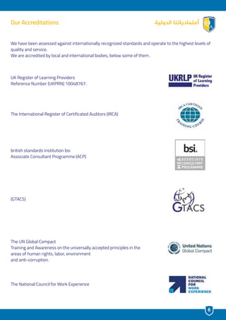 ‫ﺍﻟﺪﻭﻟﻴﺔ‬ ‫ﺃﻋﺘﻤﺎﺩﻳﺎﺗﻨﺎ‬Our Accreditations
UK Register of Learning Providers
Reference Number (UKPRN) 10048767.
The International Register of Certificated Auditors (IRCA)
british standards institution bsi
Associate Consultant Programme (ACP)
(GTACS)
The UN Global Compact
Training and Awareness on the universally accepted principles in the
areas of human rights, labor, environment
and anti-corruption.
The National Council for Work Experience
We have been assessed against internationally recognized standards and operate to the highest levels of
quality and service.
We are accredited by local and international bodies, below some of them .
6
 